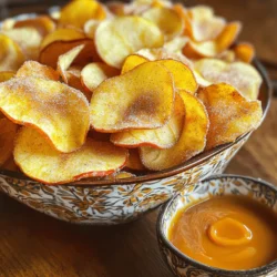 - 3 large apples (Fuji or Honeycrisp recommended) - 1 teaspoon ground cinnamon - 2 tablespoons granulated sugar - 1 tablespoon lemon juice - Pinch of salt I love using Fuji or Honeycrisp apples for their crisp texture and sweet flavor. These apples make the best chips. The ground cinnamon adds warmth and a hint of spice that pairs so well with the apples. The sugar balances the tartness, while lemon juice brightens the flavor. A pinch of salt enhances all the tastes. - Additional spices (nutmeg, allspice) - Sweeteners (honey, maple syrup) If you want to mix it up, try adding nutmeg or allspice for a unique twist. You can also swap granulated sugar with honey or maple syrup if you prefer natural sweeteners. - Baking sheet - Parchment paper - Mandolin or sharp knife To make these chips, you will need a baking sheet and parchment paper for easy cleanup. A mandolin or a sharp knife helps you slice apples thinly. Thin slices are key for achieving the perfect crunch. Set your oven to 225°F (110°C). This low temperature helps the apple chips get crispy. A slow bake means less moisture stays in the chips. Start by washing the apples. Remove the core with a knife or corer. Slice the apples into very thin rounds, about 1/8 inch thick. Thinner slices make crisper chips. In a big bowl, mix 1 tablespoon of lemon juice, 2 tablespoons of sugar, 1 teaspoon of cinnamon, and a pinch of salt. Toss the apple slices in this mix. Make sure each slice gets coated well. Spread the apple slices on a baking sheet lined with parchment paper. Arrange them in a single layer. Do not let them overlap or they won't bake evenly. Bake for 1.5 to 2 hours. Flip the chips halfway through for even crisping. Once baked, take the chips out of the oven. Let them cool completely. Cooling is key as the chips will continue to crisp up. Enjoy your homemade cinnamon apple chips! Check the Full Recipe for more details. To get those perfect cinnamon apple chips, slice the apples really thin. Aim for about 1/8 inch thick. Thinner slices make for crispier chips. It is key to watch the baking time closely. Bake them for 1.5 to 2 hours. Flip the chips halfway through. This ensures they cook evenly, and you avoid burning them. When serving, use a fun bowl to show off your apple chips. Sprinkle a bit of extra cinnamon sugar on top. It adds a nice touch! For a sweet dip, pair them with caramel sauce. This makes a tasty combo that kids and adults will love. You can also serve them with yogurt for a healthy twist. To keep leftover chips fresh, store them in an airtight container. A glass jar works great. Do not leave them out in the open; they can get soft. If you want them to last longer, keep them in the fridge. Proper storage helps maintain their crunchiness. {{image_2}} You can change up the taste of your cinnamon apple chips by using different apple types. Try Granny Smith for a tart twist, or Gala for a sweeter bite. Adding spices can also bring new flavors. For example, a dash of ginger adds warmth, while clove gives a rich aroma. You can mix and match to find your favorite! If you want less sugar, you can reduce the amount in the recipe. You can also use natural sweeteners like honey or maple syrup. These options can enhance the flavor while keeping your snack healthier. Just remember to adjust the amounts since these sweeteners can vary in strength. You don’t have to use an oven. You can make these chips in a microwave or a dehydrator. For the microwave, place the slices on a plate and cook them in short bursts, checking often. A dehydrator can take longer but keeps more nutrients. Each method gives a unique texture. It’s fun to try them all and see which you like best! For more details, check out the Full Recipe. Apples are a great snack. They are low in calories and high in fiber. A medium apple has about 95 calories. It also gives you vitamin C and potassium. Eating apples can help with heart health and weight loss. Cinnamon is more than just a spice. It has antioxidants that can boost your health. It can lower blood sugar and help with heart health. This spice adds flavor without extra calories. Each serving of cinnamon apple chips has around 100 calories. This makes them a healthy snack choice. They satisfy your sweet tooth without adding too many calories. Snacking can be healthy if you choose the right foods. Cinnamon apple chips are gluten-free and vegan. You can enjoy them even on special diets. If you want to cut sugar, use less sugar or try a natural sweetener. This way, you can still enjoy a crunchy treat without the guilt. Cinnamon apple chips can last about one week at room temperature. Store them in an airtight container to keep them crunchy. If you store them in the fridge, they can last up to two weeks. However, the fridge might make them a bit less crispy. Yes, you can use other fruits! Pears are a great choice. They have a similar texture and flavor. Bananas can work too, but they need a shorter baking time. Feel free to experiment with your favorites. Cinnamon apple chips are a healthy snack. They are lower in calories than chips or cookies. Apples provide fiber and vitamins. Cinnamon adds flavor and may have health benefits, like reducing inflammation. This makes them a smart choice for a snack. You can find pre-made cinnamon apple chips at many grocery stores. Look for brands like Bare or Simply 7. They are often in the snack aisle or near the dried fruits. You can also find them online on sites like Amazon. You now know how to make tasty cinnamon apple chips at home. You learned about the right apples, important ingredients, and helpful tips for perfect crispiness. Explore flavor changes and cooking methods to find your favorite. These chips make a great snack or treat, and they’re healthy too. Enjoy making and sharing them with friends and family!