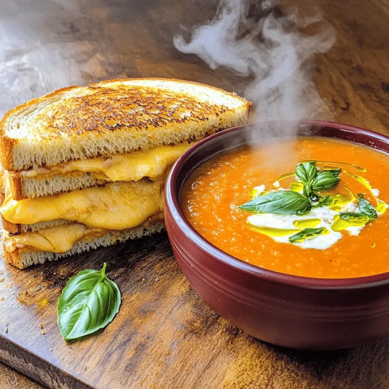 - 4 slices of artisan sourdough bread - 1 cup sharp cheddar cheese, grated - ½ cup mozzarella cheese, grated - 2 tablespoons unsalted butter, softened - 1 teaspoon garlic powder - 1 teaspoon fresh basil, chopped (or ½ teaspoon dried basil) - Salt and pepper to taste - 1 can (14 oz) diced tomatoes - 1 cup vegetable broth - ½ onion, diced - 1 clove garlic, minced - 1 teaspoon olive oil - 1 teaspoon sugar (optional, to balance acidity) - Fresh basil leaves for garnish Gathering these ingredients is key to making a great grilled cheese with tomato soup. I love using artisan sourdough bread for that crunchy bite. The sharp cheddar melts beautifully, while the mozzarella adds a creamy richness. Unsalted butter is perfect for grilling the bread, and garlic powder gives it a tasty kick. Fresh basil brings a bright flavor to both the sandwich and the soup. For the soup, diced tomatoes are my go-to base. Vegetable broth adds depth, while onion and garlic provide a fragrant start. A little sugar helps balance the acidity of the tomatoes. Don't forget the fresh basil leaves for garnish! They add color and flavor. This combination of ingredients makes for a comforting meal that warms the soul. For the full recipe, check out the Gourmet Grilled Cheese Delight with Creamy Tomato Bliss. To make the best tomato soup, start with the sauté. Heat olive oil in a pot over medium heat. Add diced onion and minced garlic. Cook them until the onion looks clear. This takes about five minutes. Next, it’s time for the tomatoes. Add the canned diced tomatoes, juice included, and the vegetable broth. If you like, add a teaspoon of sugar. This helps balance the soup's acidity. Bring the mix to a simmer and let it cook for about 15 to 20 minutes. Now, we want smooth soup. Use an immersion blender to puree the soup right in the pot. If you don’t have one, transfer it to a blender in batches. Be careful, as it’s hot. Once smooth, season with salt, pepper, and fresh basil. Keep the soup warm while you make the grilled cheese. Assembling the grilled cheese is simple and fun. Start by buttering one side of each slice of sourdough bread. Use softened butter for easy spreading. On the unbuttered side of two slices, add your cheeses. Layer sharp cheddar and mozzarella. Sprinkle garlic powder and fresh basil over the cheese. Top with the other slices of bread, keeping the buttered side up. Now, your sandwiches are ready to grill. Grilling is where the magic happens. First, preheat your skillet over medium heat. Once hot, place the assembled sandwiches in the skillet. Cook them for about three to four minutes on each side. You want the bread to turn golden brown, and the cheese to melt. To ensure even grilling, press down lightly with a spatula. This helps the bread crisp up nicely. When both sides are golden, it’s time to take them off the heat. Now, slice the grilled cheese sandwiches diagonally. Serve them hot with a bowl of creamy tomato soup. Enjoy the perfect comfort meal! For the full recipe, check out the detailed instructions above. - Choosing the right bread and cheese: Use artisan sourdough for a crunchy crust. Sharp cheddar and mozzarella blend well for taste and meltiness. - Techniques for even grilling: Heat your pan over medium heat. This helps the bread toast without burning. Flip your sandwich only once for a golden crust. - Using a spatula for pressing: Gently press down on the sandwich with a spatula. This helps the cheese melt evenly and adhere to the bread. - Adding herbs or spices for flavor: Fresh basil and garlic powder boost the soup's taste. Consider adding a pinch of oregano for extra depth. - Adjusting acidity with sugar: If your tomatoes taste too tart, add a teaspoon of sugar. This balances the flavors and adds sweetness. - Garnishing with fresh basil: Top your soup with fresh basil leaves. This not only looks nice but also adds a fresh flavor. - Best pairings with grilled cheese and soup: Serve with a side salad or pickles for crunch. A glass of iced tea also pairs well. - Presentation ideas for a gourmet look: Use a rustic wooden board for serving. Place the soup in a small bowl and drizzle with olive oil. This adds a touch of elegance. For the complete recipe, check out the Full Recipe. {{image_2}} You can mix up your grilled cheese by using different types of bread. Whole grain bread adds a nutty flavor. Rye bread gives a nice twist with its earthy taste. You can even try a soft brioche for a sweeter bite. For cheese, think beyond basic cheddar. Gouda melts great and has a creamy texture. Brie offers a rich flavor and pairs well with fruits. Mixing different cheeses can take your sandwich to the next level. Tomato soup can also change to suit your taste. Adding cream makes it rich and smooth. For a dairy-free option, use coconut milk for a twist. You can also add vegetables to the soup. Carrots add sweetness, while bell peppers boost flavor. These veggies not only taste good but also make the soup healthier. If you need gluten-free options, choose gluten-free bread. Many brands offer good choices that taste great. For lactose-free diets, try lactose-free cheese. You can also use vegan cheese for a plant-based option. These swaps keep the meal delicious and enjoyable for everyone. For the full recipe, check out the Gourmet Grilled Cheese Delight with Creamy Tomato Bliss. To store your leftover grilled cheese and soup, follow these steps: - Cool down: Let them cool to room temperature before storing. - Wrap your sandwich: Use plastic wrap or foil to keep the sandwich fresh. - Use airtight containers: Place the tomato soup in a sealed container. Keep the grilled cheese in the fridge for up to 3 days. The soup can last for 4-5 days. Always check for signs of spoilage before eating. Reheating grilled cheese can be tricky. Here’s how to keep it crispy: - Use a skillet: Heat a skillet over medium heat. Place the sandwich in the skillet. - Cover: Use a lid to trap heat. This helps the cheese melt while keeping the bread crisp. - Flip: Cook for about 3-4 minutes on each side. For the tomato soup: - Stovetop method: Pour the soup into a saucepan. Heat it on medium, stirring often. - Add water or broth: If it’s too thick, add a splash of water or broth to thin it out. These methods will give you a tasty meal that feels fresh and warm. If you want more ideas, check the Full Recipe for tips! What cheese is best for grilled cheese? The best cheese for grilled cheese is sharp cheddar. It melts well and adds rich flavor. I also love mozzarella for its gooey texture. Combining these two gives a great taste! Can I make this recipe vegan? Yes, you can make this recipe vegan. Use vegan butter and cheese instead. Look for plant-based cheeses that melt well. You can still enjoy that creamy texture! Is grilled cheese with tomato soup healthy? Grilled cheese with tomato soup can be part of a balanced diet. It has carbohydrates for energy and protein from the cheese. Add fresh tomatoes for vitamins. Enjoy in moderation for best health! How many calories are in this dish? A serving of grilled cheese with tomato soup has about 600 calories. The count can change with different ingredients, so check labels. It's a hearty meal, perfect for a cozy day. Can I make the soup ahead of time? Yes, you can make the soup ahead of time. Store it in the fridge for up to three days. Just reheat it on the stove when you're ready to eat! How can I avoid soggy grilled cheese sandwiches? To avoid soggy sandwiches, use dry bread. Butter the outside well and grill on medium heat. Press down lightly while cooking. This helps achieve a crispy, golden crust! Grilled cheese and tomato soup is a classic combo. We explored its key ingredients, from sourdough bread to fresh basil. You learned how to make smooth soup and perfectly grilled sandwiches. Tips and tricks can help you elevate flavors and presentations. Variations let you explore different breads and cheeses, plus dietary substitutes. Now, you can enjoy this dish in many ways. Whether for lunch or a comforting dinner, it’s always a winner. Happy cooking!