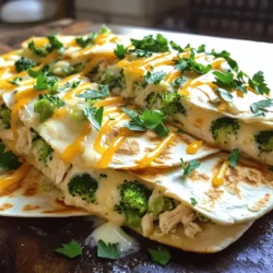 - 2 cups cooked chicken, shredded - 1 cup broccoli florets, steamed and chopped - 1 cup Alfredo sauce - 2 cups shredded mozzarella cheese - 4 large flour tortillas - 1 tablespoon olive oil - 1 teaspoon garlic powder - 1 teaspoon onion powder - Salt and pepper to taste - Fresh parsley, chopped To create my Chicken and Broccoli Alfredo Quesadilla, I start with the main ingredients. I use two cups of cooked chicken. Shredding it makes it easy to mix. I then add one cup of steamed and chopped broccoli florets. This veggie adds nice color and health. Next, I pour in one cup of rich Alfredo sauce. You can use store-bought or make your own. Finally, I mix in two cups of shredded mozzarella cheese. This cheese melts perfectly and keeps everything together. Next, I grab four large flour tortillas. These are perfect for folding. I heat one tablespoon of olive oil in a skillet. This oil helps the quesadilla brown nicely. I also sprinkle in one teaspoon each of garlic powder and onion powder. These spices add great flavor. I then season with salt and pepper to taste. For the finishing touch, I chop fresh parsley. This brightens up the dish and adds a pop of color. You can find the full recipe for the Cheesy Chicken & Broccoli Alfredo Quesadilla in the article. Enjoy these tasty bites! Start by gathering your ingredients. In a mixing bowl, combine: - 2 cups cooked chicken, shredded - 1 cup broccoli florets, steamed and chopped - 1 cup Alfredo sauce - 1 teaspoon garlic powder - 1 teaspoon onion powder - Salt and pepper to taste Mix these well until the chicken and broccoli are coated in the sauce. This combination gives your quesadilla a creamy, rich flavor. Next, heat a non-stick skillet over medium heat and add 1 tablespoon of olive oil. Once the oil is hot, place one large flour tortilla in the skillet. Spread half of the chicken and broccoli filling evenly over the tortilla. Then, sprinkle 1 cup of shredded mozzarella cheese on top. Carefully place another tortilla on top and press it down gently. Cook for 3-4 minutes or until the bottom tortilla turns golden brown and the cheese starts to melt. Using a spatula, flip the quesadilla carefully. Cook for another 3-4 minutes until both sides are crispy and golden brown. Remove the quesadilla from the skillet and let it cool for a minute. Slice it into wedges for easy eating. For a pop of color and flavor, garnish with fresh parsley. This adds a nice touch and makes your dish look even more appealing! Enjoy this cheesy delight with your favorite dipping sauce. To make the best quesadilla, use a non-stick skillet. This helps prevent sticking and burning. Heat the skillet over medium heat for even cooking. Once hot, add a little olive oil. This adds flavor and helps the tortilla crisp up. After placing your filling on the tortilla, press down gently. This ensures all the cheese melts and everything cooks evenly. Cheese is key for a tasty quesadilla. I love to blend different cheeses for fun flavors. Try using sharp cheddar for a tangy kick. Pepper jack adds a nice touch of heat. Mixing mozzarella with these cheeses creates a creamy texture. Feel free to experiment with your favorites! To boost the taste, think about spices. Adding red pepper flakes gives a nice kick. If you prefer sweetness, sautéed onions work well. They add depth and pair nicely with the chicken and broccoli. You can also try herbs like basil or oregano for fresh flavor. {{image_2}} You can make a tasty vegetarian version of this dish. Simply swap out the chicken for grilled mushrooms. Mushrooms add a rich flavor. You can also add extra broccoli for crunch and nutrition. This keeps the dish colorful and satisfying. Don’t be afraid to get creative with sauces. Instead of Alfredo, try cheese sauce. It brings a nice creamy texture. Ranch sauce also works well for a zesty kick. Each sauce gives a new twist to the quesadilla. Tortillas can change the whole dish. Whole wheat tortillas offer a healthier choice. They add fiber and a nutty taste. You might also try spinach tortillas for a fun color and extra nutrients. Both options keep things interesting and healthy. For more details on making this dish, check the Full Recipe. Store any leftovers in an airtight container. This keeps your quesadillas fresh for up to three days. Make sure to let them cool first. This step helps prevent sogginess. For the best taste, reheat in a skillet. This method gives your quesadilla a crispy texture. Just heat it on medium until warm. If you need a quick fix, the microwave works too. Heat for 30 seconds to 1 minute, checking often. You can freeze uncooked quesadillas or leftovers. Wrap each quesadilla tightly in plastic wrap. Place them in a freezer bag for extra protection. They can last up to three months. When you're ready to eat, thaw in the fridge overnight and reheat. Enjoy your Chicken and Broccoli Alfredo Quesadilla anytime! To keep your quesadillas crispy, make sure to use a non-stick skillet. Heat the skillet before adding oil. This helps the quesadilla cook evenly. Use moderate heat and avoid overcrowding the pan. Flip the quesadilla only when the bottom is golden brown. Cooking in batches works well if you make more than one. Yes, you can prepare quesadillas ahead of time. Assemble them, but don’t cook them yet. Wrap each one in plastic wrap and store them in the fridge. They will stay fresh for a day or two. You can also freeze them for longer storage. Just be sure to separate them with parchment paper. These quesadillas pair well with several side dishes. Try a simple green salad with vinaigrette. A cup of tomato soup also complements the creamy flavor. For a crunchy side, serve tortilla chips with salsa. Guacamole is a tasty option too, adding creaminess to your meal. You can find the full recipe for Cheesy Chicken & Broccoli Alfredo Quesadilla [here](#). Enjoy making this delicious dish! This blog post covered all you need to make Chicken and Broccoli Alfredo Quesadillas. You learned about the key ingredients, step-by-step instructions, and helpful tips. You can even adjust recipes based on your taste or dietary needs. Enjoy experimenting with different cheeses and sauces for new flavors. Don't forget to store leftovers properly to keep them fresh. Try these quesadillas for a quick meal that everyone will love. Happy cooking!