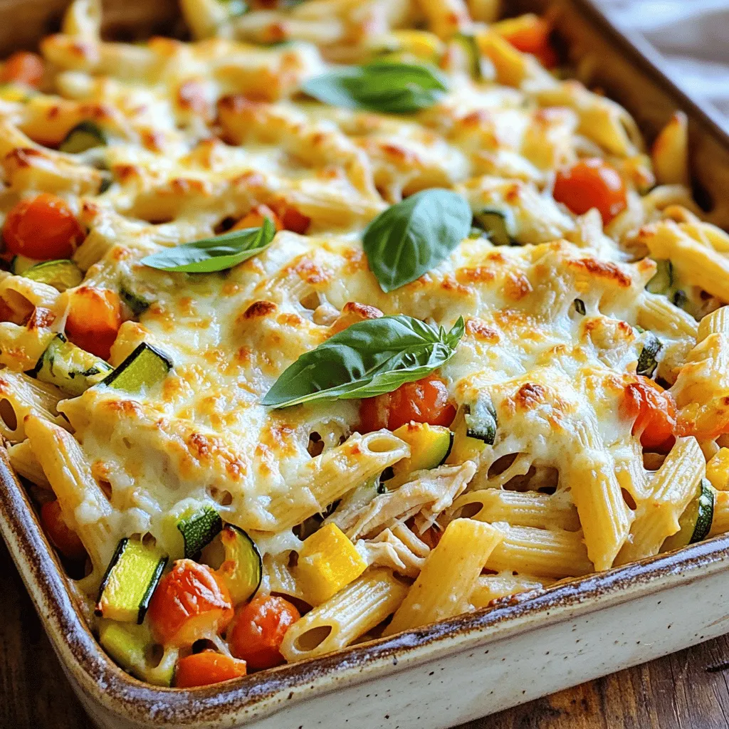 - 2 cups penne pasta - 1 lb (450g) cooked chicken, shredded - 1 cup cherry tomatoes, halved - 1 zucchini, diced - 1 bell pepper (any color), diced - 1 cup broccoli florets - Italian seasoning, salt, and pepper - 2 cups shredded mozzarella cheese - 1 cup ricotta cheese - 1 cup marinara sauce Gathering fresh ingredients is key for a great Chicken and Veggie Pasta Bake. First, you need penne pasta. It cooks well and holds the sauce nicely. Next, use cooked chicken. Shredding it makes it easy to mix in. Cherry tomatoes add a sweet burst of flavor, so don’t skip them! For veggies, I like using zucchini, bell pepper, and broccoli. They add color and nutrients. Make sure to season with Italian herbs, salt, and pepper to boost the taste. Now, let’s talk about cheese. Mozzarella provides that gooey goodness. Ricotta adds creaminess to the bake. Finally, marinara sauce ties everything together. This simple blend creates a hearty meal that everyone will enjoy. If you want to see the full process, check out the Full Recipe. - Preheat the oven to 375°F (190°C). - Cook the penne pasta until al dente. Start by preheating your oven. I love the smell of a warm kitchen. While the oven heats, cook your penne pasta. Follow the package guide to ensure it reaches the perfect al dente texture. This means it should be firm but not hard. Drain the pasta and set it aside for now. - Combine chicken, veggies, ricotta, and marinara. - Add in cooked pasta and seasonings. Next, grab a large mixing bowl. Here, you will mix the shredded chicken, cherry tomatoes, diced zucchini, bell pepper, broccoli, ricotta cheese, and marinara sauce. Stir until everything is well combined. It should look colorful and inviting. Then, add the cooked pasta to this mixture. Sprinkle in some Italian seasoning, salt, and pepper. Mix it all again until everything is evenly coated. - Prepare the baking dish with olive oil. - Top with mozzarella and bake for 25-30 minutes. Now, get a 9x13 inch baking dish. Drizzle some olive oil in it to prevent sticking; this step is key. Pour the pasta mixture into the dish and spread it out evenly. Now, cover the top with shredded mozzarella cheese. Make sure it’s nice and even. Bake it in your preheated oven for 25 to 30 minutes. When it’s ready, the cheese should be bubbly and golden brown. The smell will fill your kitchen, making everyone eager to dive in. To achieve perfect pasta texture, always cook your penne until it is al dente. This means it should be firm yet tender. Overcooking will make the pasta mushy. After cooking, drain it well and set it aside. This helps it hold its shape in the bake. To ensure even baking, spread the pasta mixture evenly in your baking dish. Make sure the cheese is distributed well on top. This helps it melt evenly and creates a nice golden crust. Keep an eye on it while baking. If the cheese browns too quickly, cover it with foil. You can use many alternate vegetables in this dish. Try adding spinach, carrots, or mushrooms. They add color and flavor. Feel free to mix and match based on what you have on hand. For cheese variations, consider using different types like cheddar, gouda, or feta. Each cheese brings a unique taste. Mixing cheeses can also make the dish extra special. For presentation tips, serve the pasta bake in individual bowls. This makes it fun and easy for guests. Top each serving with fresh basil for a pop of color. Pair your pasta bake with a light salad or garlic bread. A simple green salad with lemon vinaigrette works great. It balances the richness of the bake. {{image_2}} You can easily make this dish gluten-free. Just swap the penne pasta for gluten-free pasta. Many brands offer great options that taste just as good. Check the cooking time on the package because it may differ. For dietary needs, use gluten-free sauces and cheeses. Always read labels to ensure they fit your diet. If you want a vegetarian version, skip the chicken. Load up on more veggies like mushrooms or spinach. You can also add plant-based proteins like lentils or chickpeas. These options will keep the dish hearty and filling. Try using tofu for added texture. It absorbs flavors well and adds protein. For a spice boost, consider adding red pepper flakes or smoked paprika. These will give your bake a nice kick. Fresh herbs like basil or parsley can elevate the taste. Mix them in before baking for extra freshness. You can also top with fresh herbs after it bakes for a vibrant look. Enjoy the mix of flavors! For the complete recipe, check out the [Full Recipe]. To store leftovers, let the pasta bake cool completely. Place it in an airtight container. This keeps it fresh and prevents spills. You can keep it in the fridge for up to three days. Make sure to cover it well to avoid any drying out. For long-term storage, freezing is a great option. Cut the pasta bake into portions. Wrap each piece tightly in plastic wrap, then place it in a freezer-safe bag. This helps protect it from freezer burn. The bake can last up to three months in the freezer. When you're ready to eat, thaw it overnight in the fridge. For the best texture, reheat the pasta bake in the oven. Preheat it to 350°F (175°C). Place it in a baking dish and cover it with foil. This keeps it moist while it heats through. If you want to avoid sogginess, do not add extra water. Bake for about 20 minutes, then remove the foil for the last 5 minutes. This lets the cheese get nice and bubbly. Making Chicken and Veggie Pasta Bake takes about 45 minutes. Here’s how it breaks down: - Prep time: 15 minutes - Cook time: 25-30 minutes The total time is quick for such a tasty meal. You can easily whip it up on a busy weeknight. Yes, you can make this dish ahead of time. Prepare the pasta bake and let it cool. Cover it tightly and store it in the fridge for up to two days. When you're ready to eat, just bake it straight from the fridge. You may need to add a few extra minutes to the cooking time. This makes it easy to serve a warm meal without stress. This pasta bake pairs well with a few side dishes. Here are some ideas: - A fresh green salad with vinaigrette - Garlic bread for a tasty crunch - Steamed vegetables for extra nutrition These sides will complete your meal and make everyone happy. This blog post shared a clear recipe for Chicken and Veggie Pasta Bake. We discussed ingredients, prep steps, baking tips, and variations. You can create a tasty meal that fits your style and dietary needs. Experiment with flavors and make this dish your own. Whether for a cozy meal or a party, it satisfies. Enjoy your cooking and share it with family or friends!
