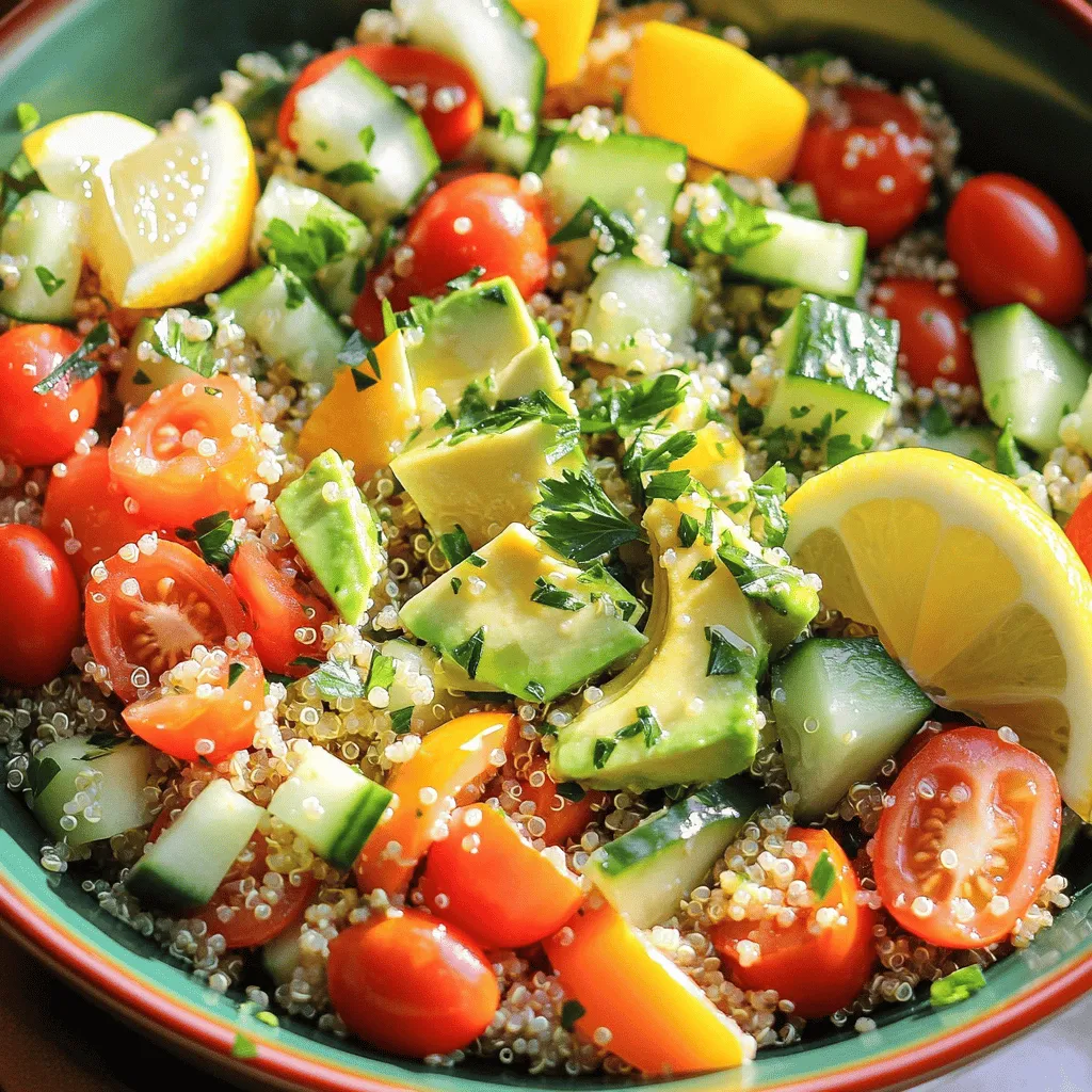 To make Lemon Herb Quinoa Salad, gather these ingredients: - 1 cup quinoa, rinsed - 2 cups vegetable broth or water - 1 cup cherry tomatoes, halved - 1 cucumber, diced - 1 bell pepper, diced (any color) - 1 avocado, diced - 1/4 cup fresh parsley, chopped - 1/4 cup fresh mint, chopped - 3 tablespoons olive oil - 2 tablespoons lemon juice - 1 teaspoon lemon zest - Salt and pepper to taste This salad is not just tasty; it's also good for you. Here’s a quick look at its benefits: - Quinoa is a great protein source. It has all essential amino acids. - Vegetables like tomatoes and cucumbers add vitamins and fiber. - Avocado gives healthy fats, which are good for your heart. - Lemon juice boosts your vitamin C intake and adds zest. A serving of this salad can provide you with energy and nutrients without excess calories. If you don't have some ingredients, do not worry. Here are some easy swaps: - Quinoa: Use brown rice or couscous if you prefer. - Cherry tomatoes: Regular tomatoes can be diced, or you can skip them. - Cucumber: Zucchini makes a fresh and crunchy alternative. - Bell pepper: Any color works, or you can use shredded carrots. - Avocado: Try using hummus for creaminess if you're out of avocado. - Fresh herbs: Basil or cilantro can give a nice twist if you don't have parsley or mint. These substitutions keep the salad fresh and enjoyable, no matter what you have on hand. Start by rinsing 1 cup of quinoa in cold water. This step removes any bitter taste. In a medium saucepan, mix the rinsed quinoa with 2 cups of vegetable broth or water. Turn the heat to medium-high and bring it to a boil. Once it boils, reduce the heat to low. Cover the saucepan and let it simmer for about 15 minutes. You want the quinoa to absorb all the liquid and become fluffy. After 15 minutes, take it off the heat and let it cool. While the quinoa cools, it's time to chop the veggies. Grab a large mixing bowl. Add 1 cup of halved cherry tomatoes, 1 diced cucumber, and 1 diced bell pepper of any color. Next, take 1 diced avocado and add it to the bowl. These fresh veggies will add color and crunch to your salad. In a small bowl, whisk together 3 tablespoons of olive oil, 2 tablespoons of lemon juice, and 1 teaspoon of lemon zest. Add salt and pepper to taste. This dressing is bright and tangy, perfect for the salad. Once the quinoa has cooled, fluff it with a fork. Add it to the bowl with your chopped vegetables. Next, pour the dressing over the mixture. Toss everything gently to combine. Finally, fold in 1/4 cup of chopped fresh parsley and 1/4 cup of chopped fresh mint. Taste your salad and adjust the salt and pepper if needed. For the full recipe, check out the details above. Enjoy your fresh and flavorful Lemon Herb Quinoa Salad! To fluff quinoa, first let it cool after cooking. Use a fork to gently stir the quinoa. This action lifts the grains and separates them. Doing this prevents clumping. The result is light and fluffy quinoa that makes the salad shine. Keep your salad fresh by using crisp vegetables. Choose firm cherry tomatoes, fresh cucumbers, and ripe avocados. Prep your veggies right before serving. This way, they stay crunchy and vibrant. If you make the salad early, store it in the fridge. Use an airtight container to maintain freshness. Serve the Lemon Herb Quinoa Salad in a large bowl or individual plates. Add extra lemon wedges for a pop of color. Sprinkle fresh herbs on top for a fragrant touch. For a fun twist, serve with whole grain crackers or pita chips. This adds a nice crunch and balance to the dish. Check out the Full Recipe for more details! {{image_2}} Quinoa is naturally gluten-free. You can enjoy this salad without worry. Just check the broth you use. Make sure it’s gluten-free too. Most vegetable broths are safe, but it’s wise to look at labels. Want to make the salad a meal? Add protein to boost nutrition. Chickpeas are a great choice. They add fiber and flavor. You can also use grilled chicken for a hearty touch. Simply mix in one cup of chickpeas or chicken after the quinoa cools. Use fresh veggies based on the season. This keeps the salad vibrant and fun. In spring, add peas or asparagus. In summer, try zucchini or corn. In autumn, diced sweet potatoes shine. Winter calls for roasted root veggies. Feel free to mix and match! For the full recipe, check the complete guide above. To keep your Lemon Herb Quinoa Salad fresh, store it in an airtight container. Make sure to cool the salad completely before sealing it. This helps prevent moisture build-up, which can make the salad soggy. Keep it in the fridge for the best taste. You can enjoy it cold, which is when the flavors really shine. You can freeze this salad, but it's best to do it without the avocado. Avocado does not freeze well and can turn brown when thawed. Instead, prepare your salad as usual, but leave out the avocado. Place the salad in a freezer-safe container. It can last for about 2 to 3 months in the freezer. When you're ready to eat, thaw it overnight in the fridge. If stored correctly, your Lemon Herb Quinoa Salad lasts about 3 to 5 days in the fridge. Check for any changes in smell or appearance before eating. If you notice anything off, it’s best to toss it. This salad makes a great meal prep option, so consider making a big batch to enjoy throughout the week. If you want more details on making it, check the Full Recipe. Yes, you can make this salad ahead of time. It keeps well in the fridge. I suggest storing it in an airtight container. The flavors blend nicely when it sits. You can prepare it up to a day in advance. Just add the avocado right before serving to keep it fresh. Quinoa salad is best served cold. After cooking the quinoa, let it cool down. This helps the flavors shine. You can chill the salad in the fridge for a refreshing taste. It makes a great side dish for any meal. To adjust for meal prep, make a big batch. You can double or triple the recipe. Portion it into containers for easy grab-and-go meals. Leave out the dressing until you are ready to eat. This keeps the salad fresh and crunchy. You can use many other herbs in this salad. Basil adds a nice touch of flavor. Cilantro gives a fresh taste that pairs well with lemon. Dill also works great for a different twist. Feel free to mix and match your favorites! This blog post covered many key points about making quinoa salad. We discussed ingredients, nutritional value, and substitutes. Then, we provided a clear recipe with step-by-step instructions. You learned tips for fluffing quinoa and keeping salads fresh. We also explored variations and storage options. Finally, we answered common questions about preparation and herbs. In conclusion, quinoa salad is easy to make and versatile. Enjoy your healthy dish!