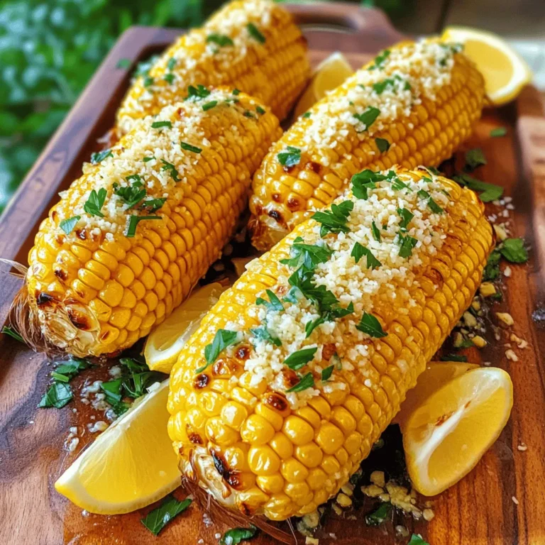 - Fresh corn details: Use 4 ears of fresh corn. The corn should be husked and clean. Fresh corn adds sweet taste and crunch to the dish. - Butter and spices: You will need 3 tablespoons of unsalted butter, melted. Add 4 cloves of minced garlic, 1/2 teaspoon of paprika, and 1/4 teaspoon of cayenne pepper for heat. Adjust the cayenne if you prefer less spice. Finish with salt and pepper to taste. - Garnishes: Use 1/2 cup of grated Parmesan cheese for that rich flavor. Top with 2 tablespoons of freshly chopped parsley for color. Serve with lemon wedges to squeeze over the corn, adding brightness to the taste. For the full recipe, check out the Garlic Parmesan Roasted Corn dish. 1. First, preheat your oven to 425°F (220°C). This step warms up your oven for the corn. 2. Next, mix the garlic butter. In a small bowl, combine the melted butter, minced garlic, paprika, and cayenne pepper. Add salt and pepper to taste. Stir until well mixed. This garlic butter gives the corn its rich flavor. 3. Husk the corn. Remove the green leaves and silk from the corn. Rinse the ears under cool water. Place the husked corn on a large baking sheet, ready for the garlic butter. 1. Brush the corn with the garlic butter mixture. Make sure to coat all sides. This ensures every bite has flavor. 2. Next, sprinkle the grated Parmesan cheese over the corn. Press the cheese lightly onto the corn so it sticks. This gives a tasty, cheesy crust. 3. Roast the corn in the preheated oven for 20-25 minutes. Turn the corn halfway through cooking. Look for tender corn with a golden brown color. This step makes it juicy and flavorful. For the full recipe, check out [Full Recipe]. Enjoy this easy and tasty Garlic Parmesan Roasted Corn! To get the best flavor from your corn, adjust your oven temperature. I recommend roasting at 425°F. This heat gives the corn a nice char while keeping it tender. If you want a deeper roast, you can go up to 450°F. Just watch it closely to avoid burning. Choosing the right corn is key. I prefer fresh corn on the cob. Look for ears that feel firm and have bright green husks. The kernels should be plump and milky when you pierce them. Avoid corn with dry or brown husks. Fresh corn makes a world of difference in taste. You can boost the flavor with a few optional ingredients. Adding cayenne pepper gives a nice kick. If you enjoy spicy food, this is a must-try. Just sprinkle it in with the garlic butter mix. You can also experiment with different cheeses. Try using feta or goat cheese for a tangy twist. Fresh herbs like thyme or basil can add a new layer of flavor as well. They bring freshness that pairs well with the garlic and cheese. For more tips and a complete guide, check out the Full Recipe. {{image_2}} You can easily change the flavor of Garlic Parmesan Roasted Corn. One fun option is to make a spicy garlic Parmesan variation. Just add more cayenne pepper to the butter mix. You can also use chili powder or even hot sauce. This will give your corn a nice kick. Another option is to create herb-infused corn. Add fresh herbs like thyme or rosemary to the garlic butter. You can also use dried herbs for a stronger flavor. This adds a fresh and earthy taste to the dish. Pair your Garlic Parmesan Roasted Corn with many dishes. It goes great with grilled chicken or fish. You can also serve it with a fresh salad for a light meal. The bright flavors will make any main dish shine. For presentation, arrange the roasted corn on a beautiful platter. You can garnish it with extra parsley for a pop of color. Serve lemon wedges on the side. This makes it easy for guests to squeeze lemon juice over the corn. It adds a zesty finish that brightens the dish. To keep your garlic Parmesan roasted corn fresh, store it in the fridge. Place it in an airtight container. This helps keep out air and moisture. You can also wrap the corn in plastic wrap. Make sure it is tightly sealed to avoid drying out. You can reheat your corn in two ways: oven or microwave. Oven Method: - Preheat your oven to 350°F (175°C). - Place the corn on a baking sheet. - Cover it loosely with foil to keep it moist. - Heat for about 10-15 minutes or until warm. Microwave Method: - Place the corn on a microwave-safe plate. - Cover it with a damp paper towel. - Heat for about 1-2 minutes. Check it to avoid overcooking. Both methods work well. Choose what fits your time and mood. Enjoy your leftovers just as much as the first time! How long does garlic Parmesan roasted corn last? Garlic Parmesan roasted corn stays good for three to five days in the fridge. Store it in an airtight container. If you want to keep it longer, freeze it. Frozen corn can last up to six months. Just thaw it before reheating. Can I make it on the grill? Yes, you can make garlic Parmesan roasted corn on the grill. It gives the corn a nice smoky flavor. Just brush the ears with the garlic butter mix and wrap them in foil. Grill them for about 15-20 minutes, turning often. What to serve with roasted corn? Roasted corn pairs well with many dishes. You can serve it with grilled meats, salads, or pasta. It also makes a great side for summer barbecues. Try it with lemony chicken or a fresh tomato salad for a tasty meal. For more details, check the Full Recipe. This blog covered how to make delicious garlic Parmesan roasted corn. You learned about the best fresh corn and spices, step-by-step prep, and roasting tips. I shared ways to enhance flavor and different serving ideas. Plus, I offered storage tips and answered common questions. As you cook, remember to experiment with flavors and find what you love. Enjoy this simple dish that brings joy and flavor to your meals!