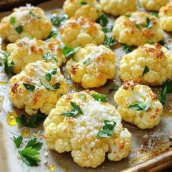 - 1 large head of cauliflower, cut into florets - 4 tablespoons olive oil - 4 cloves garlic, minced - ½ cup grated Parmesan cheese - 1 teaspoon Italian seasoning - Salt and pepper to taste - Fresh parsley, chopped for garnish To make Garlic Parmesan Roasted Cauliflower, you need simple and fresh ingredients. The star of this dish is the cauliflower. It has a mild flavor that becomes rich and savory when roasted. The olive oil brings healthy fat and helps the cauliflower crisp up nicely. Garlic is a must for this recipe. It adds a strong flavor that pairs well with the cheese. You can use fresh garlic for the best taste. The Parmesan cheese adds saltiness and a creamy texture. For seasonings, Italian seasoning gives a blend of herbs that enhance the dish. Adding salt and pepper will make all the flavors pop. Finally, fresh parsley adds a pop of color and a fresh taste. You can find all these ingredients in your local store or even your kitchen! If you want to see how to make this dish, check out the Full Recipe. Preheating the Oven Start by preheating your oven to 425°F (220°C). This step is key. A hot oven helps the cauliflower roast quickly. You want it to become golden and tender. Trimming and Cutting the Cauliflower Next, take a large head of cauliflower. Trim off the leaves and cut it into florets. Try to make them even in size. This helps them cook at the same rate. You can use a knife or break them apart by hand. Combining Olive Oil and Seasonings In a big mixing bowl, add the cauliflower florets. Pour in 4 tablespoons of olive oil. Now, add 4 minced garlic cloves, 1 teaspoon of Italian seasoning, salt, and pepper to taste. Tossing Cauliflower with Mixture Use your hands or a spoon to toss the cauliflower. Make sure each piece gets coated in the oil and seasonings. This creates a flavorful base for roasting. Initial Roasting Time Spread the seasoned cauliflower on a baking sheet. Make sure they are in a single layer. Roast them in the preheated oven for 20 minutes. This first roasting time helps them soften. Adding Parmesan Cheese After 20 minutes, take the baking sheet out. Sprinkle ½ cup of grated Parmesan cheese over the cauliflower. This is where the magic happens! Return the baking sheet to the oven for another 10-15 minutes. You want the cheese to melt and the cauliflower to turn golden brown. For more details, check out the Full Recipe. To make sure your cauliflower cooks evenly, coat it well. Use a large bowl to mix the florets with olive oil. This helps each piece get the right amount of oil. Toss well until every floret shines. When placing your baking sheet, position it in the center of the oven. This allows hot air to flow around the cauliflower. If you put it too high or too low, it may cook unevenly. To check if your cauliflower is done, pierce it with a fork. It should feel tender but still firm. Look for a nice golden brown color on the edges. If it is too dark, you may have overcooked it. Aim for that perfect balance of crispy and tender. You can boost the flavor by adding other herbs. Try thyme, rosemary, or even a pinch of chili flakes for heat. Each of these herbs brings a different taste that can brighten your dish. If you're out of Parmesan, use a different cheese. Grated Pecorino Romano or nutritional yeast works well too. Nutritional yeast is great for a vegan option. It adds a cheesy flavor without dairy. For the full recipe, check out the detailed instructions above. {{image_2}} Using seasonal vegetables makes this dish even better. In spring, add asparagus or peas for fresh flavor. Summer is great for sweet corn or zucchini. In fall, try butternut squash or Brussels sprouts. Winter calls for hearty root veggies like carrots or parsnips. Each season brings unique tastes to your table. If you want a vegan option, swap Parmesan with nutritional yeast. This adds a cheesy flavor without dairy. For vegetarians, stick with the Parmesan. It is rich in taste. Gluten-free eaters can enjoy this dish worry-free. All the main ingredients are naturally gluten-free. You can pair Garlic Parmesan Roasted Cauliflower with many main dishes. It goes well with grilled chicken, steak, or fish. You can also serve it as a side to pasta dishes. For a fun twist, try serving it in a wrap or as a filling in tacos. Experiment with these variations to make it your own. For the complete recipe, check out the Full Recipe. Enjoy every bite! After you enjoy your Garlic Parmesan Roasted Cauliflower, store the leftovers for later. Place the cooled cauliflower in an airtight container. Make sure to seal it tightly. This helps keep it fresh. Store the container in the refrigerator. It will last for 3 to 5 days. If you want to keep it longer, consider freezing. Spread the cauliflower on a baking sheet and freeze until firm. Then transfer the frozen pieces to a freezer-safe bag. Seal it tightly, and label it with the date. Frozen cauliflower can last for up to 3 months. When it's time to enjoy those leftovers, you can reheat them in two ways: in the oven or the microwave. I recommend using the oven for the best results. Preheat your oven to 350°F (175°C). Spread the cauliflower on a baking sheet. Heat for about 10-15 minutes or until warm. This method keeps it crispy. If you're in a hurry, the microwave works too. Place the cauliflower in a microwave-safe bowl. Cover it loosely and heat for 1-2 minutes. Stir halfway through to heat evenly. However, this method may make the cauliflower a bit soft. To keep your Garlic Parmesan Roasted Cauliflower fresh, follow some simple tips. Always store it in an airtight container. This helps prevent moisture and keeps flavors intact. Signs of spoilage include a sour smell and mushy texture. If you notice dark spots or an off taste, it’s best to throw it away. Always trust your senses when checking freshness. Roasting cauliflower takes about 30 to 35 minutes. Start with a 20-minute roast at 425°F. After that, add the Parmesan cheese and roast for another 10 to 15 minutes. This timing gives you soft cauliflower with a nice golden color. Make sure to check for tenderness with a fork. Yes, you can prep the cauliflower a day before. Just cut it into florets and store it in the fridge. You can also mix the olive oil, garlic, and seasonings ahead of time. When you are ready to cook, toss the cauliflower in the mix and roast as directed. This saves time and makes dinner easier. This dish pairs well with many meals. Here are some great options: - Grilled chicken or fish - Pasta dishes with a light sauce - Quinoa or couscous salads - A fresh green salad These sides balance the rich flavors of the roasted cauliflower. For the full recipe, check the earlier section. In this blog, we explored a simple and tasty recipe for Garlic Parmesan Roasted Cauliflower. We covered essential ingredients, step-by-step instructions, and helpful tips for perfecting the dish. We also shared storage information and answered common questions to make meal prep easier. Remember, cooking should be fun and creative. Experiment with flavors and enjoy your delicious creation!