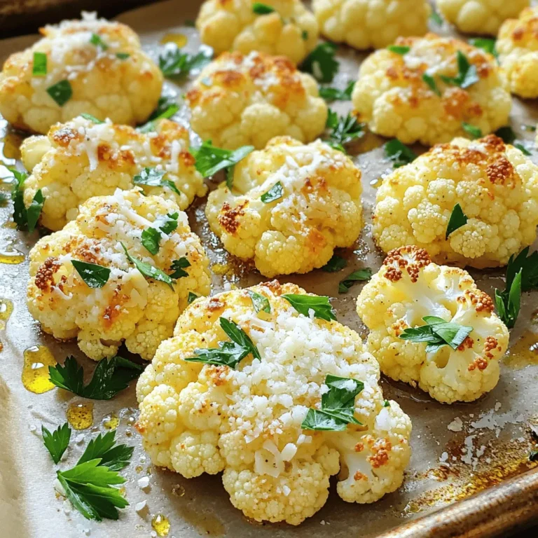 - 1 large head of cauliflower, cut into florets - 4 tablespoons olive oil - 4 cloves garlic, minced - ½ cup grated Parmesan cheese - 1 teaspoon Italian seasoning - Salt and pepper to taste - Fresh parsley, chopped for garnish To make Garlic Parmesan Roasted Cauliflower, you need simple and fresh ingredients. The star of this dish is the cauliflower. It has a mild flavor that becomes rich and savory when roasted. The olive oil brings healthy fat and helps the cauliflower crisp up nicely. Garlic is a must for this recipe. It adds a strong flavor that pairs well with the cheese. You can use fresh garlic for the best taste. The Parmesan cheese adds saltiness and a creamy texture. For seasonings, Italian seasoning gives a blend of herbs that enhance the dish. Adding salt and pepper will make all the flavors pop. Finally, fresh parsley adds a pop of color and a fresh taste. You can find all these ingredients in your local store or even your kitchen! If you want to see how to make this dish, check out the Full Recipe. Preheating the Oven Start by preheating your oven to 425°F (220°C). This step is key. A hot oven helps the cauliflower roast quickly. You want it to become golden and tender. Trimming and Cutting the Cauliflower Next, take a large head of cauliflower. Trim off the leaves and cut it into florets. Try to make them even in size. This helps them cook at the same rate. You can use a knife or break them apart by hand. Combining Olive Oil and Seasonings In a big mixing bowl, add the cauliflower florets. Pour in 4 tablespoons of olive oil. Now, add 4 minced garlic cloves, 1 teaspoon of Italian seasoning, salt, and pepper to taste. Tossing Cauliflower with Mixture Use your hands or a spoon to toss the cauliflower. Make sure each piece gets coated in the oil and seasonings. This creates a flavorful base for roasting. Initial Roasting Time Spread the seasoned cauliflower on a baking sheet. Make sure they are in a single layer. Roast them in the preheated oven for 20 minutes. This first roasting time helps them soften. Adding Parmesan Cheese After 20 minutes, take the baking sheet out. Sprinkle ½ cup of grated Parmesan cheese over the cauliflower. This is where the magic happens! Return the baking sheet to the oven for another 10-15 minutes. You want the cheese to melt and the cauliflower to turn golden brown. For more details, check out the Full Recipe. To make sure your cauliflower cooks evenly, coat it well. Use a large bowl to mix the florets with olive oil. This helps each piece get the right amount of oil. Toss well until every floret shines. When placing your baking sheet, position it in the center of the oven. This allows hot air to flow around the cauliflower. If you put it too high or too low, it may cook unevenly. To check if your cauliflower is done, pierce it with a fork. It should feel tender but still firm. Look for a nice golden brown color on the edges. If it is too dark, you may have overcooked it. Aim for that perfect balance of crispy and tender. You can boost the flavor by adding other herbs. Try thyme, rosemary, or even a pinch of chili flakes for heat. Each of these herbs brings a different taste that can brighten your dish. If you're out of Parmesan, use a different cheese. Grated Pecorino Romano or nutritional yeast works well too. Nutritional yeast is great for a vegan option. It adds a cheesy flavor without dairy. For the full recipe, check out the detailed instructions above. {{image_2}} Using seasonal vegetables makes this dish even better. In spring, add asparagus or peas for fresh flavor. Summer is great for sweet corn or zucchini. In fall, try butternut squash or Brussels sprouts. Winter calls for hearty root veggies like carrots or parsnips. Each season brings unique tastes to your table. If you want a vegan option, swap Parmesan with nutritional yeast. This adds a cheesy flavor without dairy. For vegetarians, stick with the Parmesan. It is rich in taste. Gluten-free eaters can enjoy this dish worry-free. All the main ingredients are naturally gluten-free. You can pair Garlic Parmesan Roasted Cauliflower with many main dishes. It goes well with grilled chicken, steak, or fish. You can also serve it as a side to pasta dishes. For a fun twist, try serving it in a wrap or as a filling in tacos. Experiment with these variations to make it your own. For the complete recipe, check out the Full Recipe. Enjoy every bite! After you enjoy your Garlic Parmesan Roasted Cauliflower, store the leftovers for later. Place the cooled cauliflower in an airtight container. Make sure to seal it tightly. This helps keep it fresh. Store the container in the refrigerator. It will last for 3 to 5 days. If you want to keep it longer, consider freezing. Spread the cauliflower on a baking sheet and freeze until firm. Then transfer the frozen pieces to a freezer-safe bag. Seal it tightly, and label it with the date. Frozen cauliflower can last for up to 3 months. When it's time to enjoy those leftovers, you can reheat them in two ways: in the oven or the microwave. I recommend using the oven for the best results. Preheat your oven to 350°F (175°C). Spread the cauliflower on a baking sheet. Heat for about 10-15 minutes or until warm. This method keeps it crispy. If you're in a hurry, the microwave works too. Place the cauliflower in a microwave-safe bowl. Cover it loosely and heat for 1-2 minutes. Stir halfway through to heat evenly. However, this method may make the cauliflower a bit soft. To keep your Garlic Parmesan Roasted Cauliflower fresh, follow some simple tips. Always store it in an airtight container. This helps prevent moisture and keeps flavors intact. Signs of spoilage include a sour smell and mushy texture. If you notice dark spots or an off taste, it’s best to throw it away. Always trust your senses when checking freshness. Roasting cauliflower takes about 30 to 35 minutes. Start with a 20-minute roast at 425°F. After that, add the Parmesan cheese and roast for another 10 to 15 minutes. This timing gives you soft cauliflower with a nice golden color. Make sure to check for tenderness with a fork. Yes, you can prep the cauliflower a day before. Just cut it into florets and store it in the fridge. You can also mix the olive oil, garlic, and seasonings ahead of time. When you are ready to cook, toss the cauliflower in the mix and roast as directed. This saves time and makes dinner easier. This dish pairs well with many meals. Here are some great options: - Grilled chicken or fish - Pasta dishes with a light sauce - Quinoa or couscous salads - A fresh green salad These sides balance the rich flavors of the roasted cauliflower. For the full recipe, check the earlier section. In this blog, we explored a simple and tasty recipe for Garlic Parmesan Roasted Cauliflower. We covered essential ingredients, step-by-step instructions, and helpful tips for perfecting the dish. We also shared storage information and answered common questions to make meal prep easier. Remember, cooking should be fun and creative. Experiment with flavors and enjoy your delicious creation!