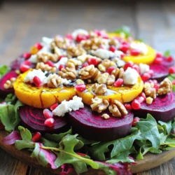 - 4 medium beets, scrubbed and trimmed - 4 cups mixed greens (arugula, spinach, and kale) - 1/2 cup goat cheese, crumbled - 1/4 cup walnuts, toasted - 1/4 cup pomegranate seeds - 1/4 cup extra-virgin olive oil - 2 tablespoons balsamic vinegar - 1 tablespoon honey - Salt and pepper to taste The roasted beet and goat cheese salad is not just tasty; it’s also healthy. Each serving has about 250 calories. The macronutrient breakdown includes roughly 15 grams of carbs, 18 grams of fats, and 7 grams of protein. When choosing beets, look for firm and smooth skin. Avoid any that are soft or have blemishes. For greens, a mix of arugula, spinach, and kale adds great flavor and nutrition. Each green complements the beets and goat cheese beautifully. To start, preheat your oven to 400°F (200°C). This step is key for roasting beets perfectly. Next, scrub and trim the beets to remove any dirt. Wrap each beet in aluminum foil. This helps keep the moisture in while they roast. Place the wrapped beets on a baking tray. Roast them for about 45 to 60 minutes. They are done when you can easily pierce them with a fork. After roasting, let them cool for a bit. Use gloves while peeling to keep your hands clean. Once peeled, slice the beets into wedges or rounds, and set them aside. For the dressing, gather these ingredients: - 1/4 cup extra-virgin olive oil - 2 tablespoons balsamic vinegar - 1 tablespoon honey - Salt and pepper to taste In a small bowl, add the olive oil, balsamic vinegar, honey, salt, and pepper. Now, whisk them together until well combined. This dressing adds a sweet and tangy flavor that pairs perfectly with the beets. To assemble your salad, start with the mixed greens. Layer them on a large platter or individual plates. I use a mix of arugula, spinach, and kale for a colorful base. Next, drizzle the dressing over the greens. Toss them gently to coat every leaf. Now, add the sliced roasted beets on top. Sprinkle crumbled goat cheese over the beets. Then, add toasted walnuts and pomegranate seeds for crunch and sweetness. For a beautiful presentation, arrange the beets in a circular pattern. This creates an eye-catching look. Finish by drizzling any remaining dressing on top. You can add extra salt and pepper if needed. To check if your beets are done, pierce them with a fork. If it goes in easily, they are ready. This simple test helps you avoid undercooked or mushy beets. You can also steam or boil beets if you prefer. Steaming keeps more flavor and nutrients. Boiling is quick but may lose some taste. Roasted beet and goat cheese salad pairs well with proteins like grilled chicken or salmon. These add a nice contrast and boost the meal's heartiness. You can also enjoy it with chickpeas for a vegetarian option. For drinks, a crisp white wine like Sauvignon Blanc matches well. If you prefer non-alcoholic, try sparkling water with lemon. One big mistake is overcooking the beets. This makes them mushy and bland. Instead, stick to the roasting time and check for doneness often. Another mistake is skipping the seasoning. Beets need salt and pepper to enhance their flavor. Don’t forget to season your dressing as well. A little salt can make a big difference! For the full recipe, check out the recipe section above. {{image_2}} You can add grilled chicken or chickpeas to this salad. Grilled chicken gives a nice flavor and protein boost. Just slice it thin and place it on top. Chickpeas are a great vegan option. You can roast them for extra crunch and flavor. Toss them in some olive oil and spices before roasting. This makes your salad filling and tasty. Swap ingredients based on the season. In spring, add fresh strawberries or asparagus. These fruits and veggies bring bright colors and flavors. In the fall, think about adding apples or pears. They add sweetness and crunch. Use seasonal fruits to keep your salad fresh and exciting. Adding herbs or spices can elevate your salad. Fresh basil or mint can add a nice touch. Sprinkle some crushed red pepper for heat. You can also switch up the cheese. Try feta or blue cheese for a different flavor profile. Each cheese brings its own taste, so experiment and find your favorite! Store your salad in an airtight container. This keeps it fresh. It lasts for up to three days in the fridge. But, the beets may lose some crunch. So, eat it sooner for the best taste. This salad is best served cold. If you want to warm it, heat the beets only. Use a microwave or oven. Warm them for just a few seconds. This keeps the salad fresh and tasty. Avoid reheating the greens, cheese, or nuts, as they may lose their texture. I do not recommend freezing this salad. The beets can freeze well, but the other ingredients won't. If you want to freeze beets, peel and chop them first. Place them in a freezer bag. They can last for up to three months. Thaw them overnight in the fridge when you need them. Then, add your fresh ingredients back in. Enjoy the vibrant flavors of your salad. For the full recipe, check out the earlier section. Roasting beets takes about 45 to 60 minutes. Start by preheating your oven to 400°F (200°C). Wrap each beet in foil and place them on a tray. Check for doneness by piercing them with a fork. If it goes in easily, they are ready. For even cooking, choose beets that are similar in size. Yes, you can use canned beets. They save time and are easy to find. However, fresh beets have better flavor and texture. Canned beets may also have added salt or sugar, which can alter the taste. If you use canned beets, rinse them well before adding to your salad. You can try different dressings for your salad. A lemon vinaigrette adds a bright touch. A honey mustard dressing works nicely, too. You can mix yogurt with herbs for a creamy option. Feel free to get creative with your flavors! You can prepare parts of this salad in advance. Roast the beets a day before and store them in the fridge. You can also make the dressing early. Keep it in a jar and shake before using. Assemble the salad just before serving to keep the greens fresh. This salad combines fresh, vibrant ingredients for a delicious dish. We explored essential components like roasted beets, mixed greens, goat cheese, and dressing. You learned how to prepare each part, from roasting to assembling. Plus, we shared tips to avoid common mistakes and variations for different tastes. Enjoy experimenting with this salad. It’s easy to customize for your palate. Happy cooking!