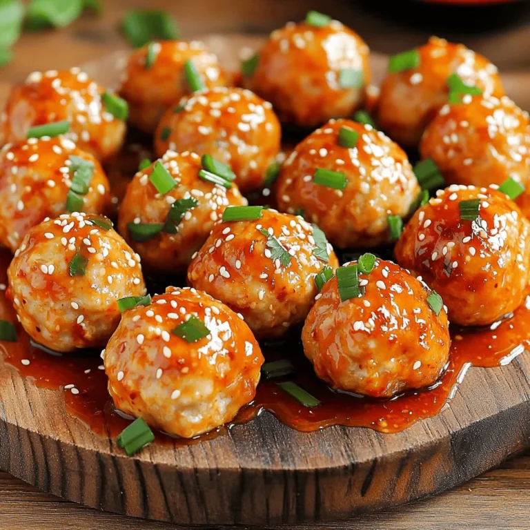 - Ground chicken - Breadcrumbs - Parmesan cheese - Green onions - Garlic - Fresh ginger - Egg - Soy sauce - Sriracha - Honey - Sesame oil - Salt and pepper - Sweet chili sauce - Sesame seeds To make firecracker chicken meatballs, gather these key ingredients. Each one plays an important role in building flavor. Ground chicken forms the base, while breadcrumbs add texture. Parmesan cheese gives a rich taste. Green onions and garlic lend freshness. Fresh ginger adds warmth and spice. You’ll need one egg to bind everything. Soy sauce brings umami, and sriracha adds heat. Honey balances the flavors with sweetness. A touch of sesame oil gives depth. Finally, season with salt and pepper. Sweet chili sauce makes a great dip. - Mixing bowls - Baking sheet - Parchment paper - Whisk - Measuring cups and spoons Using the right tools helps make cooking easy. A mixing bowl is essential to combine the ingredients. A baking sheet lined with parchment paper prevents sticking. A whisk helps mix the wet ingredients smoothly. Measuring cups and spoons ensure accuracy in your recipe. For more details on how to combine these ingredients into a delicious meal, check out the Full Recipe. - Preheat your oven to 400°F (200°C). - Line a baking sheet with parchment paper. - In a large bowl, mix ground chicken, breadcrumbs, Parmesan cheese, green onions, garlic, and ginger. - In another bowl, whisk the egg, soy sauce, sriracha, honey, sesame oil, salt, and pepper. - Pour the wet mix into the chicken bowl and stir until combined. - Use your hands to shape the mixture into 1-inch meatballs. - Place the meatballs on the prepared baking sheet. - Bake them for 18-22 minutes until golden brown. - Enjoy the firecracker chicken meatballs with sweet chili sauce for dipping. For the complete guide, check out the Full Recipe. - To make your meatballs just right, adjust the sriracha. Use less for mild heat. Add more for a spicy kick. - You can enhance the flavor with herbs like cilantro or spices like cumin. Fresh herbs make a big difference. - Mix the ingredients gently. Over-mixing makes the meatballs tough. You want them tender and juicy. - Use a meat thermometer to check doneness. Aim for 165°F (74°C) inside. This ensures they are safe to eat. - Pair these meatballs with sweet chili sauce for a great taste. You can also try a spicy dip. - Serve with side dishes like rice or a fresh salad. Both add color and flavor to the meal. For more details, check the Full Recipe. {{image_2}} You can use turkey or pork instead of chicken. This swap changes the flavor while keeping it juicy. Turkey gives a lighter taste, while pork adds richness. Both options work well in meatballs. For those needing gluten-free options, try using gluten-free breadcrumbs. These breadcrumbs hold the meatballs together without the gluten. It’s a simple swap that everyone can enjoy. Want to change up the taste? Add fresh herbs like cilantro or basil. These herbs brighten the dish and add a fresh note. You can also try different sauces. Instead of sweet chili sauce, use teriyaki or a spicy buffalo sauce. Each sauce gives a new twist to the meatballs. Experimenting with flavors makes cooking fun and exciting. You can cook these meatballs in various ways. Air frying them gives a crispy outside while keeping them juicy inside. Set your air fryer to 375°F and cook for about 12-15 minutes. If you prefer stovetop cooking, heat a pan over medium heat. Cook the meatballs for about 10-12 minutes, turning frequently. Both methods work well and fit different kitchen styles. For the full recipe, check out the detailed instructions above. To store cooked meatballs, let them cool first. Place them in an airtight container. You can use glass or plastic containers. Make sure to label them with the date. This will help you keep track of freshness. For freezing, arrange the meatballs in a single layer on a tray. Freeze them for about an hour. Once frozen, transfer them to a freezer bag. Remove as much air as you can. To thaw, place the meatballs in the fridge overnight. When it's time to eat, reheat them in the oven or microwave. Cooked firecracker chicken meatballs can last up to four days in the fridge. In the freezer, they can stay good for about three months. Always check for signs of spoilage before using. What is the origin of firecracker chicken? Firecracker chicken comes from Chinese-American cuisine. It often features spicy, sweet, and tangy flavors. The name suggests a bold taste, like fireworks in your mouth. Many enjoy this dish for its exciting flavor profile. Can I make meatballs ahead of time? Yes, you can make meatballs ahead of time. Prepare them, then store them in the fridge for up to a day. You can also freeze them for later use. Just thaw them overnight before cooking. How do I know when my meatballs are done? To check if your meatballs are done, use a meat thermometer. They should reach an internal temperature of 165°F (74°C). You can also cut one in half. It should be no longer pink inside. Are these meatballs gluten-free? These meatballs are not gluten-free due to the breadcrumbs. However, you can easily substitute gluten-free breadcrumbs. This change allows everyone to enjoy the dish. Can I make them low-carb? Yes, you can make low-carb meatballs. Use almond flour or crushed pork rinds instead of breadcrumbs. This keeps the meatballs flavorful while lowering the carbs. What if I don’t like spicy food? If you don't like spice, reduce or skip the sriracha. You can also use sweet chili sauce as a dipping option. This way, you still get great flavor without the heat. Can I make these meatballs without breadcrumbs? Absolutely! You can make meatballs without breadcrumbs. Use finely grated cheese or oats as a substitute. These options help bind the meatballs while adding unique flavors. For the full recipe, visit the [Full Recipe]. You now have a complete guide to making firecracker chicken meatballs. You learned the key ingredients for flavor, tools to use, and step-by-step instructions to cook them just right. Remember to adjust the heat and experiment with different flavors to fit your taste. Store leftovers properly for future meals and enjoy trying different methods, like air frying. With this knowledge, you can create delicious meatballs any time. Enjoy your cooking adventure!