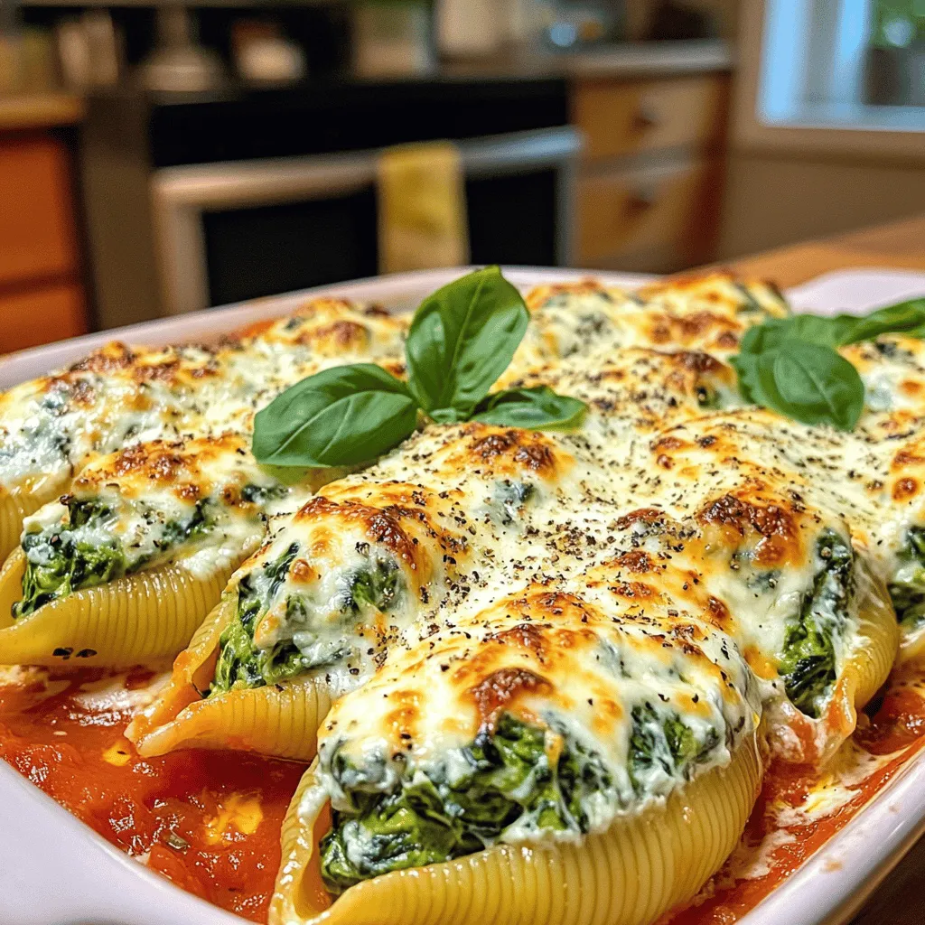To make creamy spinach and ricotta stuffed shells, you need: - 24 jumbo pasta shells - 2 cups fresh spinach, chopped - 1 cup ricotta cheese - 1 cup mozzarella cheese, shredded - 1/2 cup grated Parmesan cheese - 1 teaspoon garlic powder - 1 teaspoon onion powder - 1/2 teaspoon nutmeg - Salt and pepper to taste - 2 cups marinara sauce - 2 tablespoons olive oil - Fresh basil leaves for garnish If you can't find ricotta, cottage cheese works fine. You can also use goat cheese for a tangy twist. For the spinach, frozen spinach is a good option. Just make sure to thaw it and drain the excess water. If you want a lighter dish, use low-fat cheeses. You can swap the marinara sauce for pesto for a fresh flavor. When choosing spinach, look for bright green leaves. They should be crisp and free of brown spots. Avoid any limp or yellowing leaves. For ricotta, check the label for fresh options. It should have a creamy texture and a mild flavor. Always smell it to ensure freshness. If you find local farms, their products may taste better. First, gather your ingredients. You will need jumbo pasta shells, fresh spinach, ricotta cheese, mozzarella cheese, Parmesan cheese, garlic powder, onion powder, nutmeg, salt, pepper, marinara sauce, and olive oil. 1. Preheat the oven: Set your oven to 375°F (190°C). This step is key for even cooking. 2. Cook the pasta shells: Boil water in a large pot. Add salt and the jumbo pasta shells. Cook until al dente, as directed on the package. Drain them and let them cool. 3. Sauté the spinach: Heat olive oil in a skillet over medium heat. Add chopped spinach and cook for about 2-3 minutes. It should wilt nicely. Remove it from the heat. 4. Make the filling: In a bowl, mix the ricotta cheese, sautéed spinach, half the mozzarella cheese, half the Parmesan cheese, garlic powder, onion powder, nutmeg, salt, and pepper. Stir until fully combined. 5. Stuff the shells: Take each cooled shell and fill it with the spinach and ricotta mix. Place the stuffed shells upright in a greased baking dish. 6. Add the sauce: Once all shells are filled, pour marinara sauce over them evenly. Top with the remaining mozzarella and Parmesan cheese. 7. Bake: Cover the dish with aluminum foil and bake for 20 minutes. Remove the foil and bake for another 10 minutes. Look for bubbly, golden cheese. 8. Garnish and serve: After baking, let the dish cool for a few minutes. Add fresh basil leaves for garnish before serving. - Prep Time: 20 minutes - Total Time: 50 minutes - Oven Temperature: 375°F (190°C) - Baking Time: 30 minutes (20 minutes covered, 10 minutes uncovered) Consider taking photos of each step to help you and others visualize the process. You can also record a short video while cooking. This will make the recipe more engaging and easier to follow. Check out the Full Recipe for more detailed guidance and tips! To keep your pasta shells intact, follow these steps: - Use plenty of water: Boil the pasta shells in a large pot with water. This helps prevent sticking. - Salt the water: Add salt to the boiling water. This adds flavor and helps keep shells firm. - Cook al dente: Follow the package instructions for cooking time. Undercook slightly to prevent breaking. - Cool them off: After draining, cool the shells in cold water. This stops further cooking and keeps them strong. Stuffing the shells can be tricky, but these tips help: - Use a piping bag: Fill a piping bag with the spinach and ricotta mix. It allows for easy and clean filling. - Don’t overstuff: Leave a little space at the ends. This prevents the filling from spilling out while baking. - Arrange shells upright: Place the shells standing up in the baking dish. This keeps the filling from leaking. - Cover with sauce: Pour marinara sauce over the shells before baking. This keeps them moist and adds flavor. Want to spice up your dish? Try these options: - Add crushed red pepper: For some heat, sprinkle in crushed red pepper flakes. - Mix in fresh herbs: Chopped basil or parsley can enhance the flavor. Add these right before baking. - Experiment with cheese: Use goat cheese or feta for a tangy twist in the filling. You can even mix in a bit of lemon zest for brightness. For the full recipe, check out the details above! {{image_2}} You can change up the filling for stuffed shells. Try using different cheeses like feta or goat cheese. You can also mix in cooked meats like ground beef or turkey. If you like spice, add some cooked chorizo or sausage. For a twist, mix in sun-dried tomatoes or artichoke hearts. These additions give you a unique flavor in every bite. Stuffed shells are great for everyone. For vegetarians, stick with spinach and ricotta. You can add mushrooms or zucchini for extra taste. If you prefer meat, go for chicken or shrimp. Just make sure to cook the meat before adding it to the filling. Both options taste amazing and keep everyone happy at the table. If you want a healthier choice, use whole grain pasta shells. They add more fiber and nutrients to your meal. For gluten-free options, look for pasta made from rice or corn. Many brands offer gluten-free shells that taste just as good. You can still enjoy creamy spinach and ricotta stuffed shells without worry. For the full recipe, check out the details above! After enjoying your creamy spinach and ricotta stuffed shells, you might have some left. Store them in an airtight container. Keep them in the fridge. They will stay fresh for about three days. Make sure to let them cool before sealing. This helps prevent sogginess. When it's time to reheat, use the oven for the best results. Preheat your oven to 350°F (175°C). Place the shells in an oven-safe dish. Cover them with foil to keep moisture in. Heat for about 20 minutes. Check if they are warm through. This method keeps the cheese creamy and the pasta tender. For long-term storage, you can freeze the stuffed shells. First, let them cool completely. Then, place them in a freezer-safe container. Separate layers with parchment paper to avoid sticking. They can last up to three months in the freezer. When ready to enjoy, thaw them overnight in the fridge. Reheat as mentioned above for a tasty meal. Check out the Full Recipe for more cooking tips! To make the best creamy spinach and ricotta stuffed shells, focus on the filling. Use fresh ingredients for great flavor. Start by cooking the spinach in olive oil until it wilts. Mix it with ricotta, mozzarella, and Parmesan cheeses. Season well with garlic powder, onion powder, nutmeg, salt, and pepper. Stuff the cooked pasta shells carefully. Place them in a baking dish and cover with marinara sauce. Top with more cheese before baking. This method ensures each bite is creamy and packed with flavor. Yes, you can prepare this dish in advance. You can assemble the stuffed shells a day before. Once stuffed, cover them with marinara sauce and cheese. Store them in the fridge until you're ready to bake. When you are ready to serve, bake them straight from the fridge. Just add a few extra minutes to the baking time. This makes it easy to enjoy a delicious meal without much fuss. Stuffed shells pair well with a variety of sides. A fresh green salad is a great option. You can also serve garlic bread or a side of roasted vegetables. If you want something warm, a light soup can work nicely too. Feel free to get creative with your sides. Each addition can enhance the meal and make it more enjoyable. This article covered how to make creamy spinach and ricotta stuffed shells. You learned about key ingredients, helpful tips, and variations. We shared easy steps to prepare and bake your dish. You also received storage advice and answers to common questions. In conclusion, stuffed shells are tasty and versatile. Feel free to explore alternative fillings or try new spices. Dive into this dish and enjoy the cooking process! You'll impress everyone at the table.