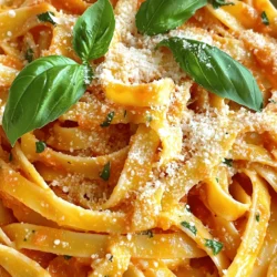 To make a large batch of creamy tomato basil pasta, gather these key ingredients: - 150 oz (4.25 kg) pasta of choice (fettuccine or penne work well) - 3 tablespoons olive oil - 3 small onions, diced - 9 cloves garlic, minced - 3 cans (14 oz each) crushed tomatoes - 3 cups heavy cream or coconut cream - 3 teaspoons sugar - 3 teaspoons dried oregano - Salt and pepper to taste - 3 cups fresh basil leaves, chopped (plus extra for garnish) - 1.5 cups grated Parmesan cheese (optional for garnish) You can easily adapt this recipe to fit different diets. Here are some ideas: - Use gluten-free pasta for a gluten-free option. - Swap heavy cream with cashew cream or almond milk for a lighter version. - Omit the cheese or use nutritional yeast for a vegan choice. - Replace sugar with maple syrup or leave it out entirely for no added sugar. Choosing quality ingredients can elevate your dish. Here’s what I recommend: - Pasta: Barilla or De Cecco for reliable texture. - Olive oil: California Olive Ranch for a nice flavor. - Canned tomatoes: San Marzano for rich taste. - Cream: Organic Valley for heavy cream or Aroy-D for coconut cream. - Cheese: BelGioioso for high-quality Parmesan. These choices help ensure your creamy tomato basil pasta shines, even in a large batch. To start, bring a large pot of salted water to a boil. I recommend using a good amount of salt; it helps flavor the pasta. Add 12 ounces of your favorite pasta, like fettuccine or penne. Cook according to the package instructions until it's al dente, which means it should still have a slight bite. This usually takes about 8 to 10 minutes. Once cooked, drain the pasta and set it aside. Don’t forget to reserve half a cup of the pasta water. This water is starchy and will help make your sauce creamy later. Next, grab a large skillet. Heat one tablespoon of olive oil over medium heat. Add one small diced onion to the pan. Sauté it until it's soft and translucent, which takes about 5 minutes. Then, stir in three minced garlic cloves. Cook them for another minute or two, just until they smell amazing. Now, pour in a can of crushed tomatoes (14 ounces). This is where the magic begins! Bring the mixture to a simmer and add one teaspoon of sugar, one teaspoon of dried oregano, salt, and pepper to taste. Let it bubble gently for about 5 to 7 minutes, thickening up the sauce. Lower the heat and stir in one cup of heavy cream or coconut cream. This is what makes the sauce rich and creamy. Let it simmer for another 2 to 3 minutes without boiling. Now, it's time to bring the pasta and sauce together. Add the cooked pasta to the skillet, tossing it to coat well in the sauce. If the sauce feels too thick, use a bit of that reserved pasta water to loosen it up. Finally, stir in one cup of chopped fresh basil. Mix it until the basil is evenly spread. Taste your dish and adjust the seasoning if needed. Serve it up hot, and don’t forget to sprinkle some grated Parmesan cheese on top if you like. Enjoy this creamy tomato basil pasta! For the complete recipe, check out the Full Recipe section. To cook pasta perfectly, start with a large pot of water. Add salt, about 1 tablespoon per quart. Bring it to a rolling boil. Then, add your pasta and cook it for one minute less than the package says. This helps keep it firm. When you drain it, save some pasta water. This water can help adjust your sauce later. For a creamy sauce, keep the heat low once you add the cream. High heat can cause the cream to separate. Stir the cream gently into your sauce. If you want extra creaminess, mix in some reserved pasta water. This water has starch, which helps bind the sauce to the pasta. Always finish with fresh basil for a bright flavor. When cooking a big batch, use a large pot for boiling pasta. A wide skillet or Dutch oven is perfect for your sauce. A large slotted spoon helps mix everything without breaking the pasta. If you have it, a food processor can chop your onions and basil quickly. For serving, use a big serving bowl to show off your dish. You can check the Full Recipe for more details on these steps. {{image_2}} You can easily add protein to creamy tomato basil pasta. Chicken is a great choice. Cook bite-sized pieces of chicken in the skillet before adding the sauce. Shrimp is another tasty option. Sauté shrimp until pink, then mix them in with the pasta. Both options make the dish more filling and add flavor. For a vegetarian twist, use vegetable broth instead of chicken broth if you choose to add broth. To make it vegan, swap heavy cream with coconut cream or cashew cream. You can also add more veggies, like spinach or mushrooms, for a hearty meal. These changes keep the dish creamy and delicious while meeting dietary needs. Want to spice things up? Add red pepper flakes for heat. Fresh herbs like thyme or parsley can make it brighter. You can also add a splash of lemon juice for a zesty touch. Experiment with these flavors to find your favorites. This dish is flexible, so have fun with it! For the full recipe, check out the details above. To store your creamy tomato basil pasta, let it cool first. Place it in an airtight container. Make sure to cover it tightly. This keeps it fresh for up to three days in the fridge. If you want to keep it longer, consider freezing it instead. When you're ready to enjoy leftovers, reheating is key. The best way is to use a skillet. Heat it on medium-low and add a splash of water or broth. Stir gently until it warms through. This method helps keep the pasta creamy. You can also use a microwave. Just cover it loosely and heat in short bursts, stirring in between. If you want to freeze your creamy tomato basil pasta, it’s easy! Portion it into freezer-safe containers. Leave some space at the top for expansion. It will stay good for up to three months. When you're ready to eat, thaw it in the fridge overnight. Then, reheat as mentioned before for the best taste and texture. For the full recipe, check out the details above. Yes, you can use any pasta you like. Fettuccine and penne suit this recipe well. You can also try spaghetti, rotini, or even whole wheat pasta. Each type gives a unique texture. Just adjust the cooking time as needed. Absolutely! You can use gluten-free pasta. Many brands offer great taste and texture. Look for options made from rice, quinoa, or chickpeas. Just follow the package instructions for cooking time. You can prepare the sauce and cook the pasta separately. Store them in airtight containers. Keep the sauce cool in the fridge for up to three days. When ready to eat, reheat the sauce and mix in the pasta. This keeps everything fresh and tasty. You can also freeze the sauce for later use. Just thaw it overnight before reheating. Enjoy this easy large batch recipe at your convenience! For the full recipe, check out the details above. You now have a clear path to make a hearty pasta dish. We covered ingredients, cooking steps, tips, and variations. You learned how to tailor the recipe for different diets while ensuring great flavor. Remember to store and reheat leftovers properly for the best taste. Don't hesitate to experiment with different proteins and flavors to find your favorite mix. With these guidelines, you can create a winning meal for any occasion. Enjoy your cooking journey!