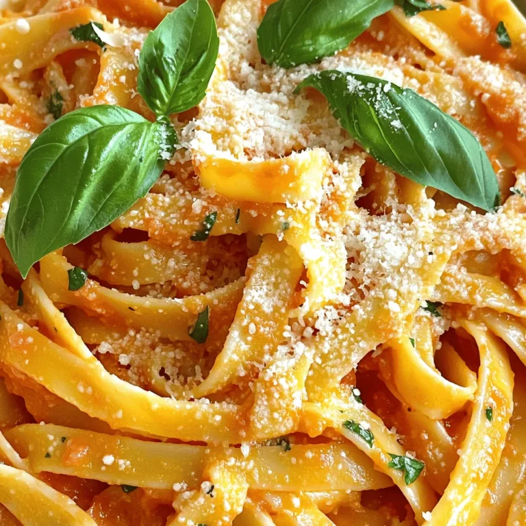 To make a large batch of creamy tomato basil pasta, gather these key ingredients: - 150 oz (4.25 kg) pasta of choice (fettuccine or penne work well) - 3 tablespoons olive oil - 3 small onions, diced - 9 cloves garlic, minced - 3 cans (14 oz each) crushed tomatoes - 3 cups heavy cream or coconut cream - 3 teaspoons sugar - 3 teaspoons dried oregano - Salt and pepper to taste - 3 cups fresh basil leaves, chopped (plus extra for garnish) - 1.5 cups grated Parmesan cheese (optional for garnish) You can easily adapt this recipe to fit different diets. Here are some ideas: - Use gluten-free pasta for a gluten-free option. - Swap heavy cream with cashew cream or almond milk for a lighter version. - Omit the cheese or use nutritional yeast for a vegan choice. - Replace sugar with maple syrup or leave it out entirely for no added sugar. Choosing quality ingredients can elevate your dish. Here’s what I recommend: - Pasta: Barilla or De Cecco for reliable texture. - Olive oil: California Olive Ranch for a nice flavor. - Canned tomatoes: San Marzano for rich taste. - Cream: Organic Valley for heavy cream or Aroy-D for coconut cream. - Cheese: BelGioioso for high-quality Parmesan. These choices help ensure your creamy tomato basil pasta shines, even in a large batch. To start, bring a large pot of salted water to a boil. I recommend using a good amount of salt; it helps flavor the pasta. Add 12 ounces of your favorite pasta, like fettuccine or penne. Cook according to the package instructions until it's al dente, which means it should still have a slight bite. This usually takes about 8 to 10 minutes. Once cooked, drain the pasta and set it aside. Don’t forget to reserve half a cup of the pasta water. This water is starchy and will help make your sauce creamy later. Next, grab a large skillet. Heat one tablespoon of olive oil over medium heat. Add one small diced onion to the pan. Sauté it until it's soft and translucent, which takes about 5 minutes. Then, stir in three minced garlic cloves. Cook them for another minute or two, just until they smell amazing. Now, pour in a can of crushed tomatoes (14 ounces). This is where the magic begins! Bring the mixture to a simmer and add one teaspoon of sugar, one teaspoon of dried oregano, salt, and pepper to taste. Let it bubble gently for about 5 to 7 minutes, thickening up the sauce. Lower the heat and stir in one cup of heavy cream or coconut cream. This is what makes the sauce rich and creamy. Let it simmer for another 2 to 3 minutes without boiling. Now, it's time to bring the pasta and sauce together. Add the cooked pasta to the skillet, tossing it to coat well in the sauce. If the sauce feels too thick, use a bit of that reserved pasta water to loosen it up. Finally, stir in one cup of chopped fresh basil. Mix it until the basil is evenly spread. Taste your dish and adjust the seasoning if needed. Serve it up hot, and don’t forget to sprinkle some grated Parmesan cheese on top if you like. Enjoy this creamy tomato basil pasta! For the complete recipe, check out the Full Recipe section. To cook pasta perfectly, start with a large pot of water. Add salt, about 1 tablespoon per quart. Bring it to a rolling boil. Then, add your pasta and cook it for one minute less than the package says. This helps keep it firm. When you drain it, save some pasta water. This water can help adjust your sauce later. For a creamy sauce, keep the heat low once you add the cream. High heat can cause the cream to separate. Stir the cream gently into your sauce. If you want extra creaminess, mix in some reserved pasta water. This water has starch, which helps bind the sauce to the pasta. Always finish with fresh basil for a bright flavor. When cooking a big batch, use a large pot for boiling pasta. A wide skillet or Dutch oven is perfect for your sauce. A large slotted spoon helps mix everything without breaking the pasta. If you have it, a food processor can chop your onions and basil quickly. For serving, use a big serving bowl to show off your dish. You can check the Full Recipe for more details on these steps. {{image_2}} You can easily add protein to creamy tomato basil pasta. Chicken is a great choice. Cook bite-sized pieces of chicken in the skillet before adding the sauce. Shrimp is another tasty option. Sauté shrimp until pink, then mix them in with the pasta. Both options make the dish more filling and add flavor. For a vegetarian twist, use vegetable broth instead of chicken broth if you choose to add broth. To make it vegan, swap heavy cream with coconut cream or cashew cream. You can also add more veggies, like spinach or mushrooms, for a hearty meal. These changes keep the dish creamy and delicious while meeting dietary needs. Want to spice things up? Add red pepper flakes for heat. Fresh herbs like thyme or parsley can make it brighter. You can also add a splash of lemon juice for a zesty touch. Experiment with these flavors to find your favorites. This dish is flexible, so have fun with it! For the full recipe, check out the details above. To store your creamy tomato basil pasta, let it cool first. Place it in an airtight container. Make sure to cover it tightly. This keeps it fresh for up to three days in the fridge. If you want to keep it longer, consider freezing it instead. When you're ready to enjoy leftovers, reheating is key. The best way is to use a skillet. Heat it on medium-low and add a splash of water or broth. Stir gently until it warms through. This method helps keep the pasta creamy. You can also use a microwave. Just cover it loosely and heat in short bursts, stirring in between. If you want to freeze your creamy tomato basil pasta, it’s easy! Portion it into freezer-safe containers. Leave some space at the top for expansion. It will stay good for up to three months. When you're ready to eat, thaw it in the fridge overnight. Then, reheat as mentioned before for the best taste and texture. For the full recipe, check out the details above. Yes, you can use any pasta you like. Fettuccine and penne suit this recipe well. You can also try spaghetti, rotini, or even whole wheat pasta. Each type gives a unique texture. Just adjust the cooking time as needed. Absolutely! You can use gluten-free pasta. Many brands offer great taste and texture. Look for options made from rice, quinoa, or chickpeas. Just follow the package instructions for cooking time. You can prepare the sauce and cook the pasta separately. Store them in airtight containers. Keep the sauce cool in the fridge for up to three days. When ready to eat, reheat the sauce and mix in the pasta. This keeps everything fresh and tasty. You can also freeze the sauce for later use. Just thaw it overnight before reheating. Enjoy this easy large batch recipe at your convenience! For the full recipe, check out the details above. You now have a clear path to make a hearty pasta dish. We covered ingredients, cooking steps, tips, and variations. You learned how to tailor the recipe for different diets while ensuring great flavor. Remember to store and reheat leftovers properly for the best taste. Don't hesitate to experiment with different proteins and flavors to find your favorite mix. With these guidelines, you can create a winning meal for any occasion. Enjoy your cooking journey!