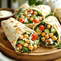 - 1 can (15 oz) chickpeas, drained and rinsed - 1 tablespoon olive oil - 1 teaspoon ground cumin - 1 teaspoon smoked paprika - Salt and pepper to taste - 1 cup cherry tomatoes, halved - 1 cucumber, diced - ½ red onion, finely chopped - 1 cup baby spinach or mixed greens - ½ cup feta cheese, crumbled (optional) - 4 whole wheat tortillas or wraps - ¼ cup tahini sauce or hummus for spreading These ingredients create a healthy and tasty meal. The chickpeas are rich in protein and fiber. The olive oil adds healthy fats, while the spices give a nice kick. Fresh veggies like tomatoes and cucumbers add crunch and vitamins. - Fresh herbs like parsley or dill - Avocado slices for creaminess - Hot sauce for a spicy kick - Lemon juice for brightness Adding these optional ingredients can make your wraps even better. Fresh herbs bring a burst of flavor. Avocado adds a creamy texture. Hot sauce can spice things up! A squeeze of lemon juice brightens the dish. - Use black beans instead of chickpeas for a different taste. - Swap whole wheat tortillas for gluten-free wraps. - Try Greek yogurt instead of tahini sauce for a tangy twist. - Replace feta with a dairy-free cheese for vegan options. These substitutions keep your meal fresh and exciting. You can easily switch up the flavors to suit your taste. Feel free to mix and match ingredients to create your perfect wrap. For the full recipe, check out the instructions to get started! Start by draining and rinsing one can of chickpeas. In a medium bowl, mash half of the chickpeas with a fork. You want them to be slightly chunky. Keep the other half whole for texture. Next, drizzle one tablespoon of olive oil over the chickpeas. Sprinkle in one teaspoon of ground cumin, one teaspoon of smoked paprika, and salt and pepper to taste. Mix it all together until the chickpeas are well-coated. In another bowl, combine one cup of halved cherry tomatoes, one diced cucumber, and half a finely chopped red onion. Add one cup of baby spinach or mixed greens. Gently toss the vegetables together. Don’t forget to add a pinch of salt and pepper to bring out the flavors. Lay out four whole wheat tortillas on a flat surface. Spread a tablespoon of tahini sauce or hummus on each tortilla. Then, spoon an equal amount of the seasoned chickpeas onto each one. Next, add the fresh vegetable mixture on top. If you like, sprinkle half a cup of crumbled feta cheese over the filling for a tasty touch. Fold in the sides of each tortilla, then roll them tightly from the bottom up to make a wrap. If you want a crispy texture, grill the wraps on a skillet for 2-3 minutes on each side. This will give them a nice golden color. Finally, cut each wrap in half diagonally. Serve with extra tahini sauce for dipping. Enjoy your Mediterranean Chickpea Wraps! You can find the full recipe [here](#). To mash chickpeas well, start with the right tools. Use a fork or a potato masher. This gives you control over the texture. Mash half of the chickpeas until they are chunky. Leave the other half whole. This mix adds a fun bite to your wraps. Avoid using a blender; it can make the chickpeas too smooth. You can boost the flavor with simple tricks. Add fresh herbs like parsley or dill for brightness. A squeeze of lemon juice adds zing. For a kick, try a dash of hot sauce or red pepper flakes. Mixing in olives or sun-dried tomatoes gives a Mediterranean touch. Experiment with spices like coriander or garlic powder for more depth. Serving wraps well makes them look appetizing. Cut each wrap in half for easy eating. Arrange the halves on a bright platter. Add a small bowl of tahini sauce or hummus for dipping. Garnish with fresh parsley or olives. This not only looks nice but adds flavor. Enjoy your meal with a colorful salad on the side. For the full recipe, check out the detailed steps earlier in the article. {{image_2}} You can easily make this dish vegan. Instead of feta cheese, use avocado or nutritional yeast. Both give a creamy texture and rich flavor. You can also switch tahini sauce for a homemade vegan aioli. This option adds a nice twist while keeping it plant-based. If you want more protein, consider adding grilled chicken, tofu, or quinoa. Grilled chicken adds a savory touch. Tofu is a great option for a vegan protein boost. Cook it until golden for better flavor. Quinoa is also a smart choice, adding texture and nutrition. Cook it before mixing it in with the chickpeas. For a gluten-free meal, swap whole wheat tortillas for gluten-free wraps. Many brands offer tasty gluten-free options. You can also use lettuce leaves for a fresh, low-carb wrap. This keeps the meal light and healthy. Enjoy the same great flavors without the gluten! For the full recipe, check out the Mediterranean Chickpea Wraps section above! To keep your Mediterranean chickpea wraps fresh, wrap them tightly in plastic wrap or foil. This helps lock in moisture and flavor. You can also place them in an airtight container. Store them in the fridge for up to three days. If you use feta cheese, keep it separate to avoid sogginess. To reheat your wraps, use a skillet over medium heat. Cook each side for about two to three minutes until warm. This method keeps the wrap crispy. If you prefer the oven, preheat it to 350°F (175°C). Wrap each one in foil and heat for about 10 minutes. Avoid the microwave, as it can make the wraps chewy. You can freeze these wraps if you have leftovers. Wrap each one tightly in plastic wrap, then place them in a freezer bag. They can last up to three months in the freezer. To eat, thaw them in the fridge overnight. Reheat as mentioned above for the best results. Enjoy your delicious meal again! For the full recipe, check out the Mediterranean chickpea wraps section. To make Mediterranean Chickpea Wraps from scratch, gather your ingredients. You need chickpeas, olive oil, spices, veggies, and wraps. Start by mashing half the chickpeas. Mix them with olive oil, cumin, paprika, salt, and pepper. In another bowl, combine cherry tomatoes, cucumber, red onion, and spinach. Spread tahini or hummus on your wraps. Add the chickpea mix and veggie mix. Roll them up tightly, and enjoy your tasty meal. For the full recipe, check the details above. You can serve many things with Mediterranean Chickpea Wraps. A fresh salad pairs well. Consider a Greek salad with cucumbers, tomatoes, and feta. You can also serve some roasted veggies on the side. For a lighter option, try a fruit salad. Pair your wraps with a zesty tzatziki sauce for extra flavor. Yes, you can make these wraps ahead of time. Prepare the filling and store it in a sealed container. Wraps can last in the fridge for about three days. Just keep the sauce separate until you are ready to eat. When you heat them up, they will taste fresh and delicious. Chickpeas are very healthy. They are high in protein and fiber. This helps you feel full and satisfied. Chickpeas also support heart health. They contain vitamins like B6 and minerals like iron. Eating chickpeas can help with digestion and blood sugar levels. Yes, tahini sauce or hummus works great for Mediterranean wraps. They add creaminess and flavor. You can also try a lemon vinaigrette for a tangy twist. A yogurt-based dressing adds a nice touch too. Choose a dressing that you enjoy most! Mediterranean Chickpea Wraps are simple and fun to make. You learned about key ingredients and how to mix them well. The steps to prepare and wrap are easy to follow. I shared tips to boost flavor and keep wraps fresh. You can also try variations with more protein or vegan swaps. Remember, these wraps are not just tasty; they are good for you too. Enjoy making this healthy meal that fits into your lifestyle!