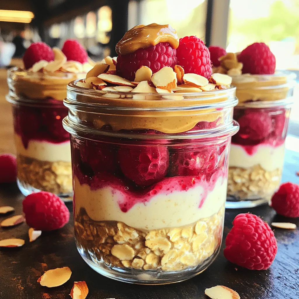 - 1 cup rolled oats - 2 cups almond milk (or any milk of choice) - 1 cup fresh raspberries (plus more for topping) - ¼ cup almond butter - 2 tablespoons chia seeds - 1 tablespoon maple syrup (optional, for sweetness) - ½ teaspoon vanilla extract - A pinch of salt - Sliced almonds for garnish When I make Raspberry Almond Overnight Oats, I use simple, fresh ingredients. The rolled oats form a hearty base. Almond milk keeps it creamy and adds a nutty taste. I love using fresh raspberries. They add a sweet and tart burst of flavor. Almond butter gives a rich, nutty depth. Chia seeds help to thicken the oats and add fiber. Maple syrup is optional, but it adds a nice touch of sweetness. A dash of vanilla enhances the overall flavor. The pinch of salt balances everything out. Lastly, sliced almonds on top add a delightful crunch. This combination makes a delicious, nutritious meal. You can find the full recipe above for more details. Enjoy every bite! - In a medium bowl, combine the rolled oats, almond milk, chia seeds, maple syrup, vanilla extract, and salt. Stir well until all ingredients mix together. - Gently fold in the fresh raspberries. Be careful not to crush them too much, as you want them to stay whole. - Divide the mixture evenly into two jars or containers. Each jar should have a good amount of the oat mixture. - Spoon almond butter on top of each serving. Let it rest above the oats for a creamy finish. - Cover each jar with a lid. Place them in the refrigerator to set overnight. This allows the oats to soak up the liquid. - In the morning, stir the oats well. If you want a creamier texture, add a splash of almond milk. Enjoy your Raspberry Almond Overnight Oats topped with more fresh raspberries and sliced almonds. For the complete recipe, refer to the Full Recipe section. To make the best raspberry almond overnight oats, soak your oats for at least 4 hours. This gives them time to absorb the almond milk. You can also soak them overnight for a creamier texture. If you like your oats sweeter, add maple syrup or honey. Start with one tablespoon and adjust to your taste. For a beautiful look, layer your oats and raspberries in clear jars. Start with oats, then add a layer of fresh raspberries. This not only looks nice but also makes it easy to enjoy each bite. When you finish, garnish with more raspberries and sliced almonds on top. This adds crunch and makes the dish stand out. Creating a lovely dish is fun and easy! You can find the full recipe in the earlier section. Enjoy your time making these tasty and nutritious overnight oats! {{image_2}} You can change a few ingredients for fun. First, try using different milks. Almond milk works great, but oat or soy milk is tasty too. Each milk adds its own flavor. Next, switch out the nut butter. If you're not a fan of almond butter, try peanut or cashew butter. Each nut butter brings unique taste and creaminess. You can also use other fruits based on the season. In summer, try peaches or strawberries. In fall, apples or bananas work well. Mixing fruits keeps your oats fresh and exciting. If you want to make this dish vegan, it’s easy. Just use maple syrup instead of honey. This keeps it sweet and plant-based. For gluten-free options, make sure you use certified gluten-free oats. This simple change keeps the recipe safe for those with gluten issues. With these easy swaps, you can enjoy your Raspberry Almond Overnight Oats in many ways. Personalizing this recipe lets you explore flavors you love. For the full recipe, check out the details above! To keep your Raspberry Almond Overnight Oats fresh, use airtight containers. Glass jars work well. Always cover them tightly. Store your oats in the fridge right after making them. They stay good for up to five days. For the best taste, eat them within three days. This way, the oats stay creamy and the raspberries remain bright. Yes, you can freeze overnight oats! Just prepare your oats as usual, but skip adding the fresh raspberries and almond butter. Instead, freeze the base mix in airtight containers. To enjoy them later, thaw the oats in the fridge overnight. Add fresh raspberries and almond butter when ready to eat. This gives you a fresh taste, even from the freezer. How long can I keep overnight oats in the fridge? You can keep overnight oats in the fridge for up to five days. They stay fresh and tasty. Just make sure they are in a sealed container. The flavors blend over time, making them even better! Can I eat overnight oats warm? Yes, you can eat overnight oats warm. Just warm them in the microwave for about 30 seconds to 1 minute. Stir well and enjoy them hot! This adds a cozy touch, especially on cold mornings. Nutritional advantages of oats and almonds Oats are full of fiber, which helps keep you full. They also lower cholesterol and help with digestion. Almonds add healthy fats, protein, and vitamin E for skin health. Together, they make a great breakfast that fuels your day. Benefits of chia seeds in this recipe Chia seeds are tiny but mighty! They are packed with omega-3 fatty acids, fiber, and protein. They help you feel full and support heart health. Plus, they absorb liquid and help thicken your oats, giving them a nice texture. This blog post walks you through making delicious overnight oats. You learned about ingredients like oats, almond milk, and fresh raspberries. I guided you through easy steps to prepare, assemble, and refrigerate your oats. You also got tips for perfecting the mix and presenting it beautifully. Plus, we explored variations and storage options to keep your oats fresh. Overnight oats are versatile and simple. Enjoy creating your own tasty versions that fit your needs!