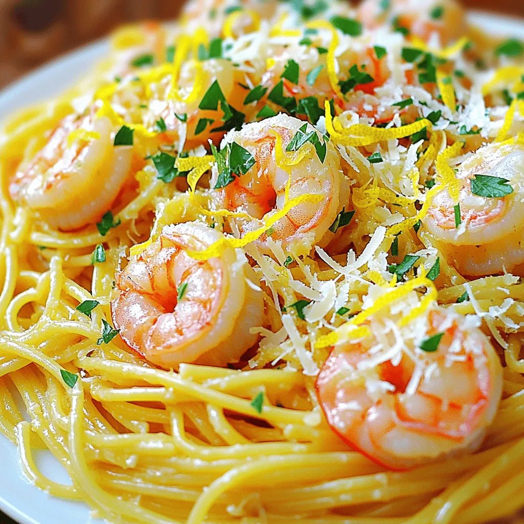 For the Lemon Garlic Butter Shrimp Pasta, you need: - 200g spaghetti or linguine - 250g large shrimp, peeled and deveined - 4 tablespoons unsalted butter - 4 cloves garlic, minced - 1 teaspoon red pepper flakes (optional) - Juice and zest of 1 large lemon - Salt and pepper to taste - 2 tablespoons fresh parsley, chopped - Grated Parmesan cheese for serving These ingredients create a bright dish full of flavor. The shrimp adds protein, while lemon gives it a fresh zing. You can swap ingredients if you need to. Here are some ideas: - Use fettuccine or penne instead of spaghetti or linguine. - If you don’t have large shrimp, medium shrimp work too. - Olive oil can replace butter for a lighter option. - If you don’t like garlic, try shallots for a milder taste. These swaps can help make the dish work for your tastes or what you have on hand. Stick with pasta that holds sauce well. Here are my favorites: - Spaghetti is classic and easy to find. - Linguine has a nice flat shape, catching sauce well. - Fettuccine is thick and makes every bite rich and creamy. Choosing the right pasta helps make your dish even better. For the complete recipe, check out the Full Recipe section. Start with a large pot of water. Bring it to a boil and add salt. The salt helps add flavor. Once boiling, add 200g of spaghetti or linguine. Cook it according to the package instructions until it is al dente. This usually takes about 8 to 10 minutes. Keep an eye on it. When it’s done, reserve one cup of pasta water. Drain the pasta and set it aside for later. Next, grab a large skillet. Melt 4 tablespoons of unsalted butter over medium heat. As the butter melts, add 4 minced garlic cloves. Sauté them for about 30 seconds. You want them fragrant but not burnt. Now, add 250g of large shrimp to the skillet. Cook them for 2 to 3 minutes on each side. They should turn pink and opaque when done. If you like a little heat, sprinkle in 1 teaspoon of red pepper flakes. Season the shrimp with salt and pepper to taste. Once the shrimp is cooked, it's time to bring it all together. Add the drained pasta to the skillet with the shrimp. Pour in the juice and zest of 1 large lemon. Toss everything together well. If the pasta looks dry, add some of the reserved pasta water. Do this slowly until you reach your desired consistency. Finally, stir in 2 tablespoons of chopped fresh parsley. Taste it and adjust with more salt, pepper, or lemon juice if needed. Serve immediately, topped with grated Parmesan cheese. For the full recipe, check the details above. To cook shrimp perfectly, start with fresh or thawed shrimp. Once you add them to the skillet, cook for 2-3 minutes on each side. Shrimp turn pink when done. Overcooking makes them tough. So, keep an eye on the color and texture. You can boost the flavor easily. Try adding a splash of white wine after cooking the garlic. This adds depth. Fresh herbs like basil or thyme also add a nice touch. If you want heat, sprinkle more red pepper flakes. A pinch of lemon zest gives a bright kick too! Serve your Lemon Garlic Butter Shrimp Pasta hot. Pair it with a crisp green salad and garlic bread. A chilled white wine like Sauvignon Blanc works well. This meal is great for a cozy night in or a small gathering. For a fun twist, add some lemon wedges on the side. You can find the Full Recipe if you want to dive deeper into this dish! {{image_2}} You can boost this dish by adding vegetables. Spinach, cherry tomatoes, or bell peppers work great. Simply sauté these veggies with the garlic before adding the shrimp. This adds color, flavor, and nutrition. You get tasty bites while making your meal healthier. If you want to change the seafood, try scallops or crab. They both pair well with lemon and garlic. Cook them the same way as the shrimp. This keeps the dish simple but fresh. Each seafood brings its own unique taste and texture to the pasta. To make this dish creamy, add heavy cream or cream cheese. Start by pouring in the cream after cooking the shrimp. Mix it well before adding the pasta. This creates a rich, luscious sauce that hugs every strand of pasta. You still keep the lemon and garlic flavors, just with more creaminess. For the full recipe, refer back to the original dish details. Store your leftover Lemon Garlic Butter Shrimp Pasta in an airtight container. This helps keep it fresh. Place it in the fridge if you plan to eat it within three days. Let the pasta cool down before sealing it. This step prevents moisture from creating sogginess. To reheat, use a skillet for the best flavor. Add a splash of water or broth to keep it moist. Heat the skillet over medium heat, stirring often. If you're in a hurry, the microwave works too. Use a microwave-safe dish and cover it with a lid or wrap. Heat in short bursts, stirring in between, until warm. You can freeze Lemon Garlic Butter Shrimp Pasta if you want to save some for later. Use a freezer-safe container and leave space at the top for expansion. It stays good for about three months. To thaw, place it in the fridge overnight. Reheat as mentioned above for the best taste. To enhance the flavor, add more garlic. You can also use fresh herbs like basil or thyme. A splash of white wine adds depth, too. Experiment with spices, like smoked paprika or cayenne, for extra heat. Toasted pine nuts or walnuts can give a nice crunch. Always taste as you cook and adjust seasoning. Fresh lemon zest brightens the dish. Yes, you can use frozen shrimp. Just make sure to thaw them first. Place them in cold water for about 15 minutes. This method helps maintain their texture. Once thawed, pat them dry before cooking. This keeps the shrimp from becoming watery. Follow the same cooking steps in the recipe for best results. This dish pairs well with a simple green salad. A light Caesar or arugula salad works great. You can also serve garlic bread on the side. The bread soaks up the delicious sauce. For drinks, a crisp white wine complements the flavors nicely. If you prefer non-alcoholic, try sparkling water with lemon. This blog post covered all you need to make Lemon Garlic Butter Shrimp Pasta. You have ingredient lists, cooking steps, and tips for perfect results. I shared ideas for variations, like adding veggies or using different seafood. Don’t forget safe storage practices for leftovers and reheating tips. Now, you can make a tasty dish with ease. Enjoy cooking and sharing this meal! It’s a fun way to impress family and friends.