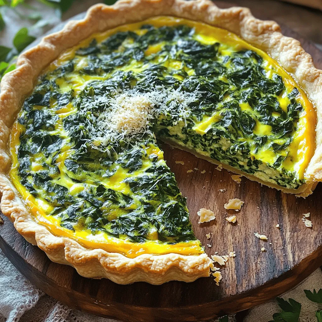 To make a classic spinach quiche, you need some key ingredients. Here they are: - 1 pre-made pie crust (9-inch) - 2 cups fresh spinach, chopped - 1 cup ricotta cheese - 1 cup shredded mozzarella cheese - 3 large eggs - 1 cup milk - 1/2 teaspoon nutmeg - 1/2 teaspoon garlic powder - 1/2 teaspoon salt - 1/4 teaspoon black pepper - 1/4 cup grated Parmesan cheese - 1 tablespoon olive oil These ingredients work well together to create a creamy and flavorful quiche. The spinach adds a fresh taste, while the cheeses bring richness. You can make this quiche your own by adding extra ingredients. Here are some ideas: - Cooked bacon or ham for extra protein - Fresh herbs like dill or basil for flavor - Different cheeses like feta or goat cheese for a twist - Other vegetables like bell peppers or mushrooms for added texture Feel free to experiment with what you have on hand. Customizing your quiche makes it unique and fun. Before you start cooking, gather your tools. You will need: - A large mixing bowl - A whisk for mixing - A skillet for sautéing the spinach - A measuring cup for liquids - A pie dish for baking Having these tools ready will make your cooking process smooth and easy. Enjoy the fun of making your classic spinach quiche with this full recipe! Start by preheating your oven to 375°F (190°C). This helps the quiche cook evenly. Next, take your pre-made pie crust and place it in a 9-inch pie dish. Make sure it fits snugly. If you like, you can prick the bottom of the crust with a fork. This helps prevent bubbles during baking. In a skillet, heat 1 tablespoon of olive oil over medium heat. Once hot, add 2 cups of chopped spinach. Sauté it for about 3-4 minutes until it wilts. Stir it often for even cooking. After it wilts, remove the skillet from heat and let it cool. This step brings out the spinach's flavor. In a large mixing bowl, whisk together 3 large eggs, 1 cup of milk, 1 cup of ricotta cheese, and 1 cup of shredded mozzarella cheese. Add 1/2 teaspoon of nutmeg, 1/2 teaspoon of garlic powder, 1/2 teaspoon of salt, and 1/4 teaspoon of black pepper. Mix until smooth. Then stir in the cooled spinach until it is well mixed. Pour this mixture into your prepared pie crust. Spread it evenly. Finally, sprinkle 1/4 cup of grated Parmesan cheese on top. Place your assembled quiche in the preheated oven. Bake for 30-35 minutes. You want the quiche to be set and lightly golden on top. To check if it is done, insert a toothpick into the center. If it comes out clean, your quiche is ready. Let it cool for about 10 minutes before slicing. This will help it hold its shape. Enjoy your classic spinach quiche warm or at room temperature! For the full recipe, refer to the earlier section. To achieve a perfectly set quiche, focus on three key steps. First, avoid overmixing your egg mixture. Whisk just until combined. Second, bake at the right temperature. I recommend 375°F (190°C) for even cooking. Lastly, check for doneness using a toothpick. Insert it in the center. If it comes out clean, your quiche is ready. Store leftover quiche in the fridge. Wrap it tightly in plastic wrap or place it in an airtight container. This keeps it fresh for up to three days. For longer storage, freeze the quiche. Cut it into slices, wrap each slice, and place them in a freezer bag. You can enjoy it for up to three months. You can change the texture of your quiche using different cooking methods. For a crispy crust, try baking it in a cast-iron skillet. This gives a nice crunch. If you prefer a softer texture, steam the quiche in a water bath. This method keeps it moist. Each option offers a new taste experience. {{image_2}} You can change the taste of your spinach quiche by adding different cheeses. Try using feta for a tangy twist. Goat cheese adds a creamy texture and fun flavor. Mixing sharp cheddar gives a bold taste that many love. Each cheese brings a unique flavor, so feel free to mix and match. Just remember to keep the total cheese amount around two cups for best results. Want to add more nutrition? Toss in other veggies! Bell peppers, onions, or mushrooms work well. You can also add zucchini or broccoli for a colorful look. Just sauté them first to soften them up. This way, they blend well with the spinach and cheese. More veggies mean more vitamins and a better taste. Plus, it makes your quiche look even more inviting. If you need a gluten-free option, you have choices! You can use a gluten-free pie crust that you find at stores. Or, make a simple crust using almond flour or cauliflower. Both options give you a great base for your quiche. Just follow the package instructions for baking times. This way, everyone can enjoy your tasty spinach quiche without worry. For the full recipe, visit the link above. To keep your classic spinach quiche fresh, let it cool first. Cover it tightly with plastic wrap or foil. You can also use an airtight container. Store it in the fridge for up to three days. This helps maintain its taste and texture. When you're ready to enjoy your quiche, preheat your oven to 350°F (175°C). Place the quiche on a baking sheet. Heat it for about 15-20 minutes until warm. This method keeps the crust crispy. You can also microwave slices for about one minute. But the crust may get a bit soft. For longer storage, freezing is a great option. First, let the quiche cool completely. Wrap it tightly in plastic wrap and then in aluminum foil. You can freeze it for up to three months. When you're ready to eat, thaw it overnight in the fridge. Reheat it in the oven for the best results. This way, you can enjoy your savory spinach delight whenever you want. For the full recipe, check the earlier section. To reheat spinach quiche, use your oven. Preheat to 350°F (175°C). Place the quiche on a baking sheet. Cover it with foil to keep it moist. Heat for about 15-20 minutes. You can also use a microwave, but it may make the crust soggy. Yes, you can make Classic Spinach Quiche ahead of time. Prepare the quiche, then cool it completely. Wrap it tightly in plastic wrap. Store it in the fridge for up to two days. You may also freeze it. Just ensure it's well-wrapped to avoid freezer burn. Spinach quiche pairs well with fresh salad. A light green salad adds a nice crunch. You can also serve it with a fruit platter. Fresh fruit balances the savory flavors. For a heartier meal, add roasted potatoes or a side of soup. Yes, you can use frozen spinach. Just make sure to thaw and drain it well. Remove all excess water to prevent a soggy quiche. Use about 1.5 cups of frozen spinach to equal two cups of fresh. This makes the recipe easy and quick. You know the quiche is fully cooked when it is set in the middle. A toothpick inserted into the center should come out clean. The top should also be lightly golden. If it jiggles too much, give it a few more minutes in the oven. You learned about making a classic spinach quiche, from key ingredients to cooking tips. We covered essential tools, step-by-step instructions, and ways to customize your dish. Remember to store leftovers well and reheating is key for flavor. With variations and freezer tips, you can make this dish work for any meal. Use these insights to enjoy your quiche fully. Easy choices make cooking fun!