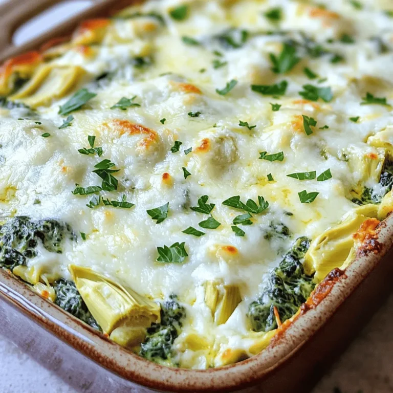 Cooking is all about using fresh and tasty ingredients. For this Spinach Artichoke Dip, I love to combine vibrant greens with creamy goodness. Here’s what you need: - 2 cups fresh spinach, chopped - 1 cup canned artichoke hearts, drained and chopped The fresh spinach adds color and nutrients. The artichokes bring a unique texture and flavor. - 1 cup cream cheese, softened - 1/2 cup sour cream - 1/2 cup mayonnaise - 1 cup shredded mozzarella cheese - 1/2 cup grated Parmesan cheese These dairy ingredients create a rich and creamy base. They melt together to make the dip smooth and delicious. - 1 teaspoon garlic powder - 1/2 teaspoon onion powder - Salt and pepper to taste - Fresh parsley for garnish (optional) Seasonings boost the flavor. Garlic and onion powder add depth. Salt and pepper balance everything out. For a pretty touch, add fresh parsley on top. For the full recipe, check out the "Spinach Artichoke Delight Dip" section. Enjoy gathering these ingredients! To make the best spinach artichoke dip, follow these easy steps. - Preheat the oven to 375°F (190°C). - In a large bowl, mix the cream cheese, sour cream, and mayonnaise until smooth. - Stir in the chopped spinach, artichokes, and both cheeses. - Add garlic powder, onion powder, salt, and pepper. Mix until everything is well combined. - Transfer the mixture to a greased baking dish. - Bake for 20-25 minutes until it is bubbly and golden. This simple process makes a creamy and tasty dip. For the full recipe and more details, check out the “Spinach Artichoke Delight Dip” section. Enjoy! To make your dip smooth, use cream cheese at room temperature. Cold cream cheese can clump together. Also, ensure your artichokes are well-drained. Soggy artichokes can make the dip too wet. You want a thick and creamy texture. Serve this dip warm for the best flavor. Tortilla chips work great for scooping. You can also use fresh veggies like carrots and celery. They add a nice crunch. For drinks, pair it with refreshing iced tea. It balances the creamy dip well. Garnish your dip with fresh herbs. Parsley adds a nice touch of color and flavor. You can also serve it with a colorful vegetable platter. This makes it festive and inviting. It’s a simple way to impress your guests. {{image_2}} You can change up the flavors by using different cheeses. - Try using cheddar for a sharp taste. - Gruyère cheese adds a nutty flavor that many enjoy. - If you like spice, mix in pepper jack cheese for heat. Want to make your dip even better? - Add cooked bacon or sausage for a meaty twist. - For a burst of flavor, include chopped sun-dried tomatoes. - You can also toss in some roasted garlic for a richer taste. Looking for lighter choices? - Substitute Greek yogurt for sour cream and mayonnaise. - Choose low-fat cream cheese to cut calories. - You can also use low-fat cheese options to keep it light. These variations let you customize your Spinach Artichoke Dip to fit your taste. You can enjoy it as a classic dish or make it your own! After enjoying your dip, store the leftovers in an airtight container. It stays fresh in the fridge for up to 3 days. If you prepare it ahead of time, cover the dish with foil before baking. This keeps it moist and tasty. When it's time to enjoy your dip again, reheat it in the oven or microwave. If using the microwave, stir occasionally to heat it evenly. This step ensures every bite tastes just as good as the first. You can freeze the dip before baking it. Place it in a freezer-safe container for up to 2 months. When you're ready, just thaw it in the fridge. Bake as you normally would without refreezing it. This method helps you enjoy a homemade treat anytime. You can make this dip healthier by using Greek yogurt instead of sour cream or mayonnaise. Greek yogurt adds creaminess without extra fat. It also boosts protein in your dip. Yes, you can prepare the dip ahead of time. Just store it in the fridge for up to a day before baking. This makes it easy to serve at parties or gatherings. This dip pairs well with many snacks. Serve it with tortilla chips, crackers, or fresh bread. You can also add fresh vegetables like carrot sticks or cucumber slices. Absolutely! To make a vegan dip, use vegan cream cheese and dairy-free cheese alternatives. You can still enjoy that creamy texture and flavor without animal products. You’ll know the dip is done when it is bubbly and lightly golden on top. This usually takes about 20-25 minutes in the oven. Keep an eye on it to avoid burning. Refer to the “Spinach Artichoke Delight Dip” section for the complete recipe. This will guide you through every step for perfect results. Spinach artichoke dip is easy to make and so tasty. You learned about fresh ingredients, dairy, and seasonings. We went through simple steps for mixing and baking. I shared tips to perfect your dip and variations to try. Remember to store leftovers properly to enjoy later. This dip is a crowd-pleaser, perfect for any gathering. Enjoy making this delicious dip and impress your friends!