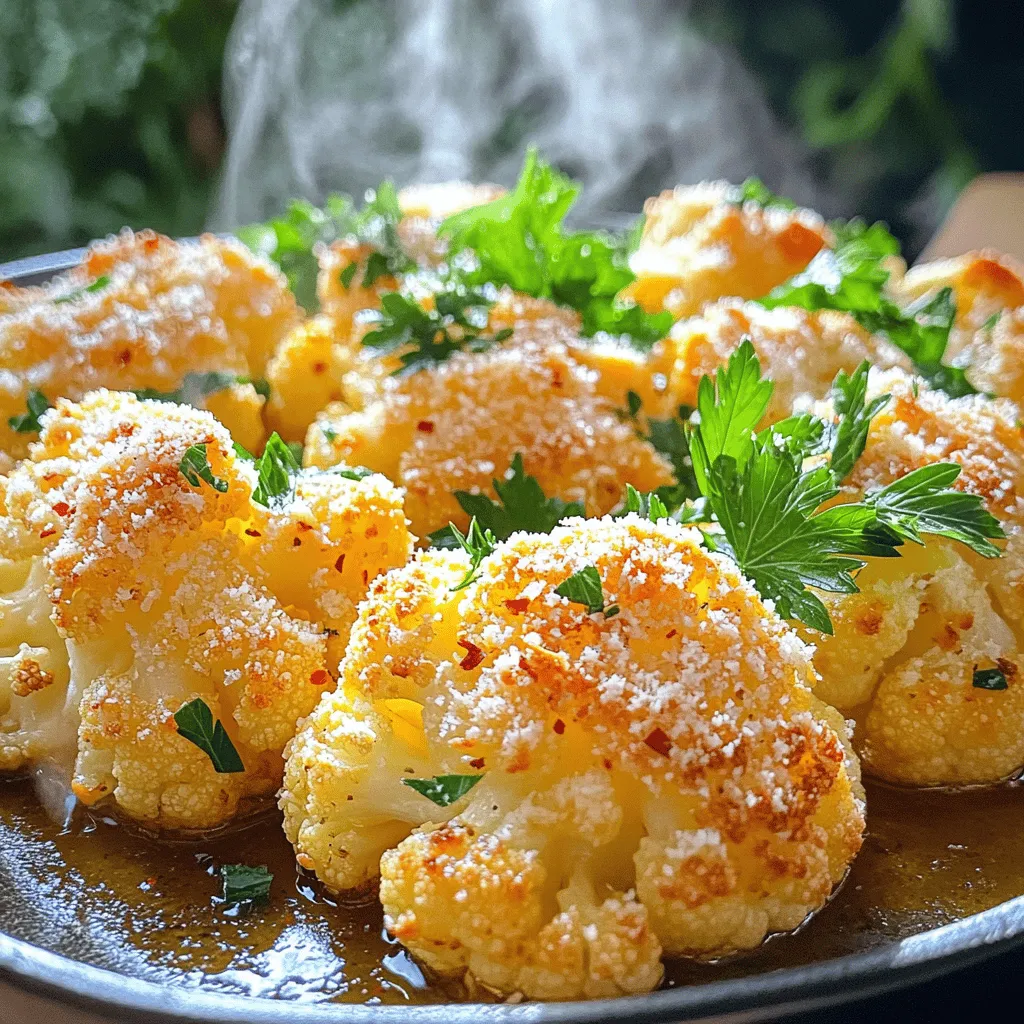 - 1 medium cauliflower, cut into florets - 4 cloves garlic, minced - 1/2 cup grated Parmesan cheese - 3 tablespoons olive oil - 1 teaspoon Italian seasoning - 1/2 teaspoon red pepper flakes (optional) - Salt and pepper, to taste - Fresh parsley, chopped (for garnish) Garlic Parmesan Roasted Cauliflower is a dish you can whip up quickly. The main ingredients are simple yet full of flavor. Cauliflower is the star here, with its lovely texture. Garlic gives that savory kick, while Parmesan adds a rich, cheesy taste. You'll want to use fresh garlic for the best flavor. The seasoning mix brings a nice balance. Olive oil helps the cauliflower roast perfectly. You can add red pepper flakes for a little heat if you like. For garnishing, salt and pepper enhance the taste. Fresh parsley adds color and freshness. This dish is not just tasty; it looks great on your plate too. If you're ready, check out the Full Recipe to create this delightful side dish. - Preheat your oven to 425°F (220°C). - In a large bowl, combine the cauliflower florets, minced garlic, and olive oil. - Add Italian seasoning and red pepper flakes for a little heat, if you like. - Season with salt and pepper to taste. - Toss everything together until each floret is well coated. - Spread the cauliflower mixture evenly on a baking sheet. - Make sure they are in a single layer for even cooking. - Roast in the oven for about 20 minutes. - Stir the cauliflower halfway through to help it cook evenly. - After 20 minutes, take the baking sheet out. - Sprinkle the grated Parmesan cheese over the hot cauliflower. - Return it to the oven and roast for another 5 minutes. - This will melt the cheese and give it a nice, crispy top. Now you have a delicious side dish that is easy and full of flavor! For a full recipe, check out the details above. To get the best results, space out the cauliflower florets. This helps them cook evenly. If they are too close, they will steam instead of roast. Cooking times can change based on the size of the florets. Smaller pieces roast faster, while larger ones will take longer. Keep an eye on them, and adjust the time if needed. You can add more flavor with spices and herbs. Consider using smoked paprika or cumin for a different taste. Fresh herbs like thyme or rosemary can also work well. If you like a bit of heat, sprinkle in some red pepper flakes. This will balance the rich cheese and garlic. Garlic Parmesan roasted cauliflower goes great with many dishes. You can pair it with grilled chicken or fish for a complete meal. It also works well in salads, adding texture and flavor. For a fun twist, try serving it with a dipping sauce. A creamy ranch or a spicy aioli can enhance the dish and make it even more enjoyable. For the full recipe, check out the Garlic Parmesan Roasted Cauliflower. {{image_2}} You can switch up the cheese in this dish. If you want a stronger flavor, try Pecorino Romano. It has a nice sharp taste that pairs well with garlic. For a dairy-free option, use vegan cheese. There are many brands that mimic the taste of Parmesan. They often melt nicely too! Roasting other veggies with cauliflower is a fun idea. Carrots add sweetness, while bell peppers bring a pop of color. You can mix in broccoli or Brussels sprouts for variety. Just cut them to a similar size as the cauliflower. This way, they all cook evenly and taste great together. Want to change the flavor? Experiment with different spices! Add curry powder for a warm, earthy taste. Smoked paprika gives a nice depth and smokiness. You could even try a pinch of cumin for a unique twist. Don’t be afraid to mix and match seasonings to find what you love best! For the full recipe, check it out and get cooking! To keep your Garlic Parmesan Roasted Cauliflower fresh, store leftovers in an airtight container. Place it in the fridge within two hours of cooking. This helps prevent bacteria from growing. When you’re ready to eat, just take out the amount you want. You can enjoy it cold or reheat it in the oven for best taste. If you want to save this dish for later, you can freeze it. First, let the roasted cauliflower cool completely. Then, place it in a freezer-safe bag or container. Remove as much air as possible to avoid freezer burn. When you're ready to eat it, thaw it overnight in the fridge. Reheat in the oven at 350°F (175°C) for about 15-20 minutes until warm. In the fridge, Garlic Parmesan Roasted Cauliflower stays fresh for about 3 to 5 days. If you freeze it properly, it can last for up to 3 months. Always check for signs of spoilage before enjoying any leftovers. When in doubt, throw it out! You can serve Garlic Parmesan Roasted Cauliflower in many ways. This dish shines as a side. It goes great with chicken, fish, or steak. You can also enjoy it on its own. A sprinkle of fresh parsley adds a nice touch. For a fun twist, try it in a wrap or a salad. It pairs well with a drizzle of balsamic glaze. You can also serve it with a yogurt dip for extra flavor. This dish is versatile and can fit into many meals. Yes, you can prepare Garlic Parmesan Roasted Cauliflower ahead of time. You can cut the cauliflower and mix it with the seasonings a few hours before cooking. Just store it in the fridge until you're ready. When you are ready to cook, just spread it on a baking sheet and roast. If you want to reheat leftovers, use the oven. Preheat to 350°F (175°C) and heat for about 10 minutes. This will keep it crispy and tasty. Garlic Parmesan Roasted Cauliflower is quite healthy. Cauliflower is low in calories and high in fiber. It also has vitamins C and K, which are good for your body. Using olive oil adds healthy fats, and Parmesan gives protein. If you choose to skip the cheese, it remains a great vegan option. This dish is not just tasty; it is also a smart choice for meals. For the full recipe, refer to the recipe section. Garlic Parmesan roasted cauliflower is simple and tasty. We covered essential ingredients, from fresh cauliflower to Parmesan cheese. The step-by-step guide showed how to prep and roast for perfect flavor and texture. With tips on variations and serving ideas, you can customize this dish. Now, enjoy your delicious, healthy side dish. Experiment with new spices and enjoy it your way!