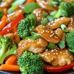 To make this tasty dish, gather these main items: - 1 lb (450g) boneless, skinless chicken thighs, sliced - 2 tablespoons honey - 3 tablespoons soy sauce - 3 cloves garlic, minced - 1 tablespoon ginger, grated - 1 bell pepper (red or yellow), sliced - 1 cup broccoli florets - 1 carrot, julienned - 1 tablespoon vegetable oil - Salt and pepper to taste These ingredients create a sweet and savory flavor. The chicken thighs add richness, while the veggies bring crunch and color. You can add some optional items to enhance the taste: - 1 tablespoon rice vinegar - 1 teaspoon chili flakes for heat - 1 tablespoon cornstarch for thickening Using rice vinegar can give a tangy kick. Chili flakes add a nice spice, while cornstarch helps the sauce cling to the chicken. Make your dish look nice with these garnishes: - 2 green onions, sliced - Sesame seeds These garnishes add freshness and a touch of elegance. They also provide a nice contrast to the dish's rich flavors. You can find the full recipe to guide you through the cooking process and enjoy this delightful meal! First, gather all your ingredients. This makes cooking smooth and quick. You need: - 1 lb boneless, skinless chicken thighs, sliced - 2 tablespoons honey - 3 tablespoons soy sauce - 3 cloves garlic, minced - 1 tablespoon ginger, grated - 1 bell pepper, sliced - 1 cup broccoli florets - 1 carrot, julienned - 1 tablespoon vegetable oil - 2 green onions, sliced for garnish - Sesame seeds for garnish - Salt and pepper to taste In a small bowl, whisk together honey, soy sauce, minced garlic, and grated ginger. Set this sauce aside for later. Heat the vegetable oil in a large skillet or wok over medium-high heat. Once hot, add the sliced chicken thighs. Lightly season with salt and pepper. Cook for 5-7 minutes, stirring often. You want the chicken to brown and cook through. Once done, remove the chicken from the skillet. Set it aside on a plate. In the same skillet, add the sliced bell pepper, broccoli florets, and julienned carrot. Stir-fry these vegetables for about 3-4 minutes. You want them to be tender but still crisp. Lower the heat slightly, then return the cooked chicken to the skillet. Pour the honey garlic sauce over everything. Stir well to coat the chicken and veggies. Cook for an additional 2-3 minutes until heated through. The sauce should slightly thicken. Remove from heat and garnish with sliced green onions and sesame seeds. Enjoy your colorful and tasty meal! For the full recipe, check out the section above. To get the right sauce thickness, use cornstarch. Mix one tablespoon of cornstarch with two tablespoons of cold water in a small bowl. Add this mixture to the sauce while cooking. Stir it in as you heat the sauce. This will make it glossy and thick. Keep stirring for about a minute. This technique works well for many stir-fry dishes. Cook the chicken for about 5-7 minutes. It should be brown and no longer pink. For the veggies, stir-fry them for about 3-4 minutes. They should stay bright and crisp. If you overcook them, they lose their crunch. Always check the chicken's doneness with a knife. Ensure it is fully cooked before adding the sauce. Garnishing adds a nice touch to your dish. Use sliced green onions and sesame seeds for a pop of color. Sprinkle them on right before serving. This makes your dish look fresh and appetizing. You can also add a dash of chili flakes for a hint of spice. This extra step makes your meal more inviting. For more ideas, check the Full Recipe. {{image_2}} You can switch the chicken for other proteins. Try shrimp, beef, or tofu. Each option offers a new taste. Shrimp cooks quickly, while beef adds a hearty feel. Tofu soaks up the honey garlic sauce well. Adjust the cooking time based on your choice. Feel free to use different vegetables in your stir-fry. Zucchini, snap peas, or mushrooms work great. You can also add baby corn or bok choy for a twist. Mix and match to suit your taste. Just keep the cooking time similar for best results. For a gluten-free dish, use tamari instead of soy sauce. This keeps the flavor but removes gluten. Check all other ingredients, too, for gluten. Most fresh veggies and proteins are safe. Enjoy a tasty meal without the worry! For the full recipe, check out the Honey Garlic Chicken Stir-Fry. After you make Honey Garlic Chicken Stir-Fry, let it cool down. Store it in an airtight container. It will stay fresh in the fridge for up to three days. Make sure to keep it sealed tight. This helps to hold in the flavors. When you're ready to eat leftovers, you can reheat them easily. Use a pan on medium heat. Add a splash of water or broth to keep it moist. Stir for about five minutes until it's hot. You can also use the microwave. Place it in a microwave-safe bowl and heat for about two minutes. Stir halfway through for even heat. If you want to save some for later, freezing works well. First, let the stir-fry cool completely. Then, place it in a freezer-safe bag. Squeeze out excess air before sealing it. You can freeze it for up to three months. When you're ready to eat, thaw it overnight in the fridge. Reheat it as mentioned above. This way, you can enjoy your tasty meal anytime! To make Honey Garlic Chicken Stir-Fry from scratch, gather your ingredients first. You need chicken, honey, soy sauce, garlic, ginger, and colorful veggies. Start by mixing honey, soy sauce, garlic, and ginger in a bowl. Heat oil in a skillet over medium-high heat. Cook the chicken until it’s browned. Remove it and set it aside. Next, add your veggies and stir-fry them until they’re tender-crisp. Return the chicken to the pan and pour in your sauce. Cook until everything is hot and the sauce thickens. This simple process makes a tasty meal with fresh flavors. You can find the full recipe above for more details. You can serve this stir-fry with rice or noodles. Both options soak up the honey garlic sauce well. Steamed rice adds a nice texture. Noodles give a fun twist and are easy to eat. You could also pair it with a fresh salad for a crunchy side. If you want to add more greens, try serving it with steamed broccoli or snap peas. These sides balance the flavors and add variety to your meal. Yes, you can make this dish in advance. Prepare the chicken and sauce, then store them in the fridge. Cook your veggies fresh right before serving. This way, they stay crisp and bright. You can also reheat the stir-fry in a pan over low heat. Just be careful not to overcook it. This method keeps the chicken tender and the sauce flavorful. Making it ahead saves time and makes a quick meal on busy days. You’ve learned how to make Honey Garlic Chicken Stir-Fry step by step. We covered the key ingredients, cooking tips, and tasty variations. You now know how to achieve the right sauce and store leftovers properly. This dish is simple and offers room for creativity. Experiment with different proteins and veggies to find your favorite mix. Enjoy making this stir-fry for your next meal. It's sure to impress!