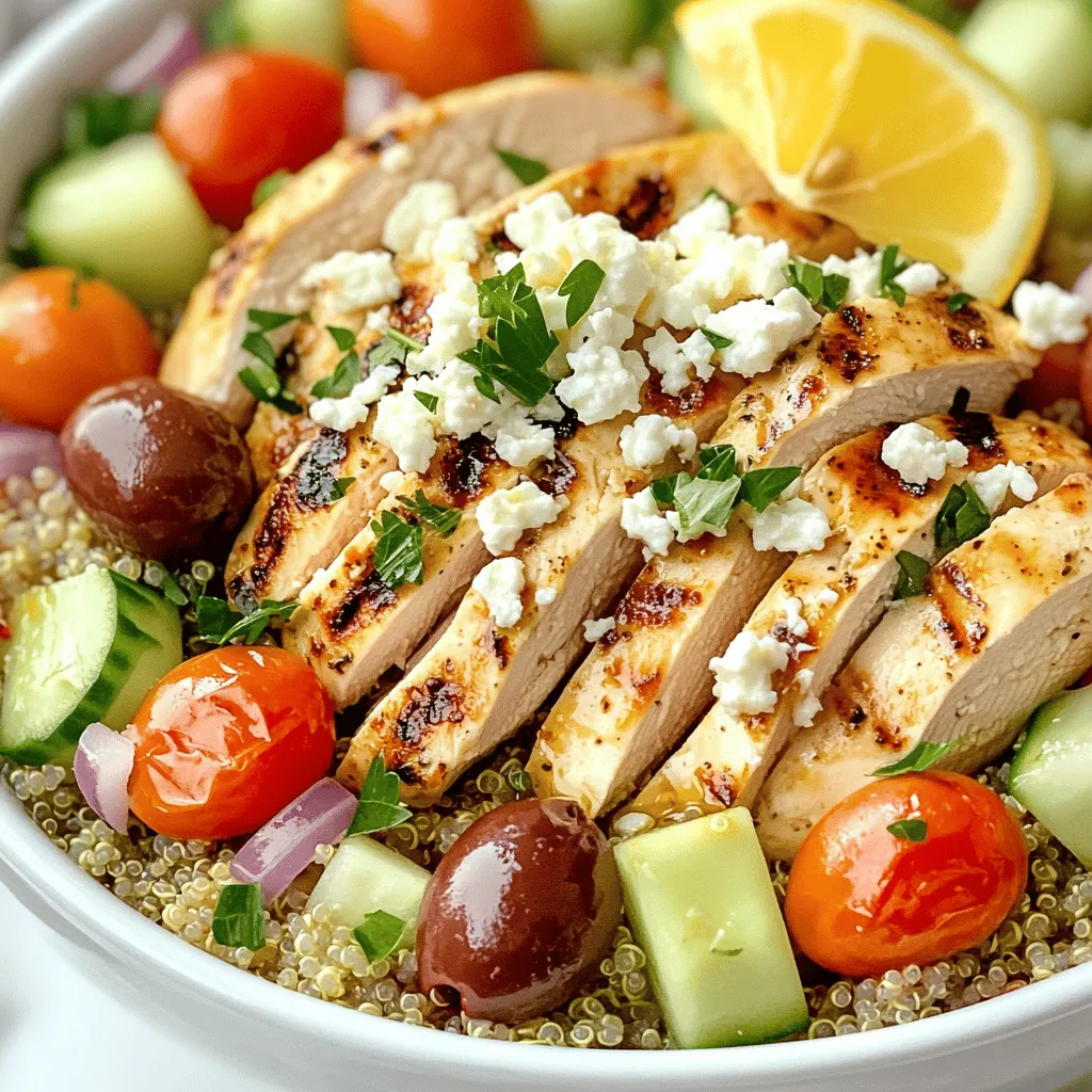 - 2 boneless, skinless chicken breasts - 2 tablespoons olive oil - 1 teaspoon dried oregano - 1 teaspoon garlic powder - Salt and pepper to taste - 1 cup cooked quinoa - 1 cup cherry tomatoes, halved - 1 cucumber, diced - ½ red onion, thinly sliced - ½ cup Kalamata olives, pitted and sliced - 1 cup crumbled feta cheese - ¼ cup fresh parsley, chopped - 2 tablespoons lemon juice When I create Easy Greek Chicken Bowls, I focus on fresh, tasty ingredients. Each item brings something special to the mix. The chicken is the star. I use boneless, skinless breasts for a lean option. Olive oil adds richness and flavor. Dried oregano and garlic powder give it that classic Greek taste. Seasoning with salt and pepper is key. You want to enhance the natural flavors without overpowering them. Quinoa serves as a hearty base. It’s packed with protein and good for your health. Cherry tomatoes and cucumber add a fresh crunch. The red onion gives a nice bite. Kalamata olives bring a salty, briny flavor that balances the dish. Feta cheese adds creaminess and tang. I love using crumbled feta for its rich taste. It makes the bowls more filling and nutritious. Fresh parsley brightens the dish with a pop of color and flavor. The lemon juice at the end ties everything together. It adds a zesty finish that wakes up the taste buds. For the full recipe, check out the link provided. To start, preheat your grill or grill pan over medium-high heat. This step is key to getting nice grill marks and a great flavor. While it heats, prepare the chicken. In a small bowl, mix 2 tablespoons of olive oil, 1 teaspoon of dried oregano, 1 teaspoon of garlic powder, and some salt and pepper. Rub this mixture all over the chicken breasts. Make sure they are well coated. This will add a lot of flavor. Once your grill is hot, place the chicken on it. Grill for about 6-7 minutes on each side. You want the internal temperature to reach 165°F (75°C) to ensure it’s fully cooked. After grilling, remove the chicken and let it rest for 5 minutes. This helps keep it juicy and tender. While the chicken rests, it’s time to mix the vegetables with the quinoa. In a large bowl, combine 1 cup of cooked quinoa, halved cherry tomatoes, diced cucumber, thinly sliced red onion, Kalamata olives, crumbled feta cheese, chopped parsley, and lemon juice. Toss gently to combine all the ingredients. Now, slice the grilled chicken into thin strips. To build your bowls, start with a base of the quinoa mixture. Then, top it with the sliced chicken. For a beautiful presentation, serve in wide bowls and sprinkle extra parsley on top. A lemon wedge on the side adds brightness and flavor. For the full recipe, refer to the earlier section. To grill chicken well, start with even pieces. Cut the chicken breasts into uniform sizes. This helps them cook at the same rate. Always preheat your grill to medium-high. This step ensures a nice sear. For juicy chicken, marinate it for at least 30 minutes. The olive oil and spices in the marinade help keep the chicken moist. Grill it for about 6-7 minutes on each side. Use a meat thermometer to check for doneness. The chicken should reach 165°F (75°C). Let it rest for 5 minutes before slicing. This lets the juices redistribute. Cooking quinoa is simple. Rinse it well before cooking to remove any bitterness. Use two cups of water for every cup of quinoa. Bring it to a boil, then reduce to low heat. Cover and let it simmer for about 15 minutes. Once the water absorbs, fluff it with a fork. If you want to swap quinoa, try brown rice or couscous. Both make great bases for your bowls. They cook similarly and have a nice texture. For extra flavor, add herbs and spices. Fresh oregano or dill can elevate your dish. You can also mix in cumin for a warm taste. Homemade dressings make a big difference. A simple lemon vinaigrette works well. Just mix lemon juice, olive oil, salt, and pepper. You can also try a yogurt-based dressing for creaminess. This adds a nice contrast to the fresh veggies. For the complete recipe, check out the [Full Recipe]. {{image_2}} You can swap chicken for shrimp or tofu in these bowls. Shrimp cooks fast and adds a nice flavor. Just grill or sauté it for a few minutes. Tofu is great for a vegetarian option. Press it to remove water, then marinate it like chicken. It will soak up all the tasty flavors. Feel free to use different vegetables based on what you have. Bell peppers, zucchini, or spinach can add color and taste. You can also switch feta with other cheeses like goat cheese or ricotta. Each cheese brings a unique touch to your dish. Homemade Greek dressings are easy to make and tasty. Mix olive oil, lemon juice, and herbs for a fresh flavor. You can also try yogurt-based dressings. They are creamy and add a nice tang. Just mix plain yogurt with herbs and garlic for a quick dip. For the full recipe, check out the Easy Greek Chicken Bowls. To store leftover Greek chicken bowls, let them cool first. Place them in an airtight container. This keeps the flavors fresh. I recommend using glass or BPA-free plastic containers. These materials are safe and easy to clean. If you want to freeze your Greek chicken bowls, follow these steps: 1. Cool Down: Ensure the bowls are completely cool. 2. Portion Out: Divide into single servings for easy meals later. 3. Wrap Well: Use freezer-safe bags or containers to prevent freezer burn. For thawing, move the bowls to the fridge overnight. Reheat them in the microwave or on the stove until hot. In the fridge, your Greek chicken bowls last about 3-4 days. If you freeze them, they stay good for about 2-3 months. Always check for any changes in smell or color before eating. Keeping track of your food helps reduce waste and makes meal prep easy. You can find the Full Recipe above for step-by-step instructions. Yes, you can make these bowls ahead. Meal prep helps save time. Cook the chicken and quinoa in advance. Store them in separate containers. Mix the veggies and cheese just before serving. This keeps everything fresh. You can enjoy your Greek chicken bowls all week. Meal prep tips: - Grill extra chicken for future meals. - Cook a big batch of quinoa. - Chop veggies and store them in the fridge. - Use airtight containers to keep everything fresh. Making this recipe gluten-free is easy! Quinoa is already gluten-free. Just avoid any gluten-containing ingredients. For the dressing, check labels on the olive oil and lemon juice. Most are gluten-free, but it’s good to verify. Gluten-free ingredient alternatives: - Use gluten-free grains like brown rice if you prefer. - Substitute regular feta with a gluten-free brand. - Check that your olives are gluten-free as well. Pairing sides with Greek chicken bowls enhances the meal. Fresh salads work great. A simple Greek salad adds crunch and flavor. You can also serve roasted veggies on the side. They add color and nutrition. Suggestions for complementary side dishes: - Tzatziki sauce for a refreshing dip. - Pita bread, if you're not avoiding gluten. - A simple cucumber salad with olive oil and vinegar. - Roasted red peppers for extra flavor. For the Full Recipe, you can refer back to the ingredients and steps for a delicious meal. You’ve learned how to make Easy Greek Chicken Bowls from scratch. We covered the ingredients, cooking steps, and helpful tips. You can adjust flavors, swap ingredients, and store leftovers with ease. Enjoy experimenting with variations and making this dish your own. Remember, cooking should be fun and simple. Take these tips to create your perfect meal!