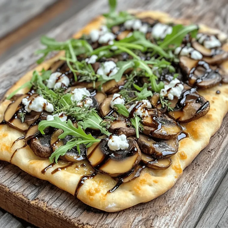 - Flatbreads (store-bought or homemade) - Fresh cremini mushrooms - Olive oil and seasonings - Goat cheese and mozzarella To make a tasty mushroom and goat cheese flatbread, you need some key ingredients. Flatbreads serve as the base. You can buy them or make them at home. I love using fresh cremini mushrooms. They add deep flavor. Olive oil is essential for sautéing. Don’t forget your seasonings to enhance taste. Goat cheese adds a creamy touch, while mozzarella gives a nice melt. - Balsamic glaze for drizzling - Fresh arugula for garnish You can make this flatbread even better with a few extras. A drizzle of balsamic glaze adds sweetness. Fresh arugula brings a peppery bite. Both ingredients make your dish look beautiful and taste great. - Skillet for sautéing - Baking sheet for oven You’ll need a few kitchen tools to help prepare this dish. A skillet is perfect for sautéing the mushrooms. A baking sheet is necessary for cooking the flatbreads in the oven. These tools make the cooking process easy and smooth. For the full recipe, check the details above. Enjoy making this simple yet delicious dish! To start, heat a skillet over medium heat. Add one tablespoon of olive oil. When the oil is hot, add one cup of sliced cremini mushrooms. Sauté them for about 5-7 minutes. You want them to be golden brown and soft. Next, add two cloves of minced garlic and one teaspoon of fresh thyme leaves. Cook for another 1-2 minutes. This step fills your kitchen with a lovely aroma. Don’t forget to season with salt and pepper before removing the skillet from heat. Now, it’s time to put it all together. Grab two flatbreads and place them on a baking sheet. Evenly distribute the sautéed mushrooms over each flatbread. Make sure each flatbread gets a good amount of mushrooms. Then, sprinkle one cup of crumbled goat cheese on top. Add half a cup of shredded mozzarella cheese next. The combination of these cheeses is key to a rich flavor. Preheat your oven to 425°F (220°C). Once it’s hot, place the baking sheet in the oven. Bake the flatbreads for 10-12 minutes. Keep an eye on them. You want the cheese to be bubbly and slightly golden. When they are done, take them out and let them cool for a moment. If you like, drizzle some balsamic glaze over the top. Add fresh arugula for a nice touch. Cut the flatbreads into wedges, and they're ready to serve warm. Enjoy your delicious creation! For the full recipe, check the earlier sections. For this flatbread, I love using cremini mushrooms. They have a rich flavor that pairs well with goat cheese. You can also try other types like shiitake or button mushrooms. Each has its own taste. Shiitake adds a meaty touch, while button mushrooms bring a milder flavor. Mix and match to find what you like best. To get the best cheese melt, use a hot oven. Preheat it to 425°F (220°C). This high heat makes the cheese bubble and brown nicely. Spread the mushrooms evenly, then layer the goat cheese and mozzarella. This combo gives a great texture. Bake for 10-12 minutes, but keep an eye on it. You want a golden top, not burnt. Garnishing is key for making your flatbread look amazing. I love adding fresh arugula on top. It adds a pop of color and a fresh taste. Drizzling balsamic glaze gives it a nice sweet tang. This not only enhances flavor but also makes the dish eye-catching. The contrast of colors makes your meal more inviting. {{image_2}} You can change the cheese for great taste. Feta cheese adds a tangy kick. Parmesan brings a rich, nutty flavor. Both melt well and add depth to the flatbread. Try mixing goat cheese with feta for a unique twist. You can also use mozzarella for a creamier texture. The choice of cheese can make your flatbread special. Want more protein? Consider adding cooked chicken or prosciutto. Chicken gives a nice, savory touch. Prosciutto adds a salty, rich flavor. You can either layer it on top or mix it in with the mushrooms. This keeps the flatbread filling and satisfying. You can even try adding cooked bacon for extra crunch. Vegetarian? No problem! You can add spinach for freshness. Bell peppers add sweetness and color. Roasted zucchini or artichokes also work well. These veggies complement the mushrooms and cheese. They create a colorful and tasty flatbread. Feel free to mix and match your favorites. Enjoy your culinary creativity with this dish! For the full recipe, check out the Mushroom & Goat Cheese Flatbread section. To keep your Mushroom and Goat Cheese Flatbread fresh, store it in an airtight container. If you have a slice or two left, it’s best to leave out any fresh arugula or balsamic glaze. They can get soggy. Place a paper towel inside the container to absorb moisture. This helps keep the flatbread crispy. Store in the fridge and eat within three days for the best taste. When it’s time to reheat, aim for a crispy texture. Preheat your oven to 350°F (175°C). Place the leftover flatbread on a baking sheet. Heat for about 10 minutes. This method warms the flatbread and keeps it crunchy. You can also use a skillet. Just heat it on medium for a few minutes on each side. This method also works well. Yes, you can freeze Mushroom and Goat Cheese Flatbread! Wrap it tightly in plastic wrap or foil. This prevents freezer burn. You can freeze it for up to three months. When you want to eat it, thaw it in the fridge overnight. Then, reheat it in the oven as mentioned earlier. This way, you can enjoy your flatbread at a later time. To make homemade flatbreads, you need just a few simple ingredients. Use these: - 2 cups all-purpose flour - 1 teaspoon salt - 3/4 cup warm water - 1 tablespoon olive oil Start by mixing the flour and salt in a bowl. Slowly add warm water and olive oil. Knead the dough for 5 minutes until smooth. Let it rest for 30 minutes. Then, roll it out into thin circles. Cook each flatbread on a hot skillet for 2-3 minutes per side. You can use these flatbreads for your mushroom and goat cheese flatbread delight. Yes, you can use other cheeses! Each cheese gives a different taste. Here are some options: - Feta cheese for a tangy kick - Mozzarella for extra creaminess - Parmesan for a nutty flavor Substituting these cheeses can change the taste of your flatbread. Experimenting can lead to delightful results. To enhance the flavor, add herbs and spices. Here are some suggestions: - Add fresh basil for a sweet touch - Sprinkle red pepper flakes for heat - Use oregano for a classic Italian flavor These flavors can make your flatbread even more tasty and fun. Flatbreads are great with many sides. Here are some pairing options: - A fresh salad for crunch - Roasted vegetables for more flavor - A side of hummus for dipping These options create a complete meal that everyone will enjoy. Check the Full Recipe for more details on making this delicious flatbread! Now you know how to make delicious Mushroom and Goat Cheese Flatbread. You learned the key ingredients, like flatbreads, mushrooms, and cheese. You also explored useful kitchen tools like skillets and baking sheets. Remember, you can get creative with toppings and storage ideas. Enjoy your cooking and impress your friends with this tasty dish. Flatbread is easy to adapt, so try new flavors and ingredients. Make it your own! Happy cooking!