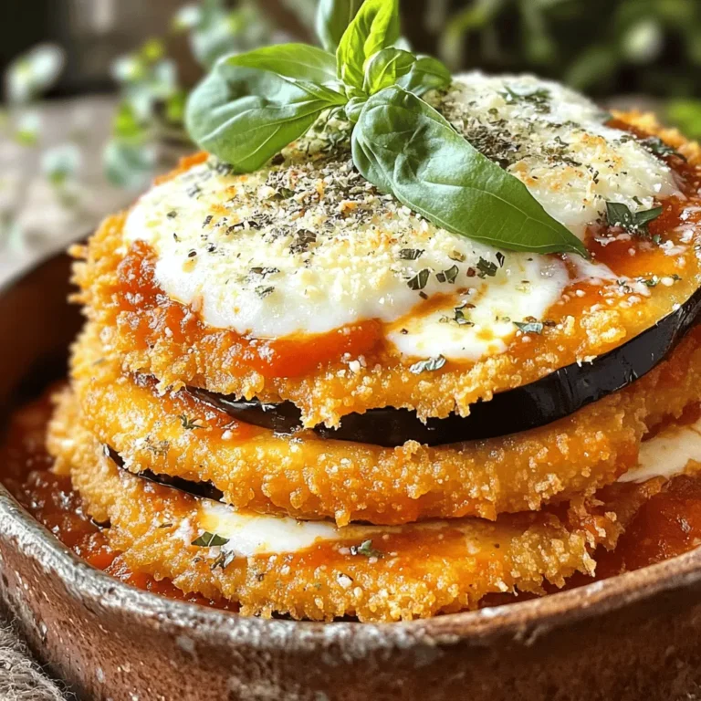 To make Eggplant Parmesan, gather these simple ingredients: - 2 large eggplants, sliced into 1/2-inch rounds - 1 teaspoon salt - 1 cup all-purpose flour - 3 large eggs, beaten - 2 cups breadcrumbs (preferably Italian-style) - 2 cups marinara sauce (homemade or jarred) - 3 cups fresh mozzarella cheese, sliced - 1 cup grated Parmesan cheese - 1 teaspoon dried oregano - Fresh basil leaves for garnish - Olive oil for frying These ingredients create a rich and tasty dish. Each plays an important role in the flavor and texture. If you don't have an ingredient, here are some swaps: - Use zucchini instead of eggplant for a lighter dish. - Almond flour can replace all-purpose flour for a gluten-free option. - Try using egg substitutes like flaxseed or chia seeds. - For a different flavor, use a spicy marinara sauce. - Use Gouda or provolone cheese instead of mozzarella. These substitutions can help you enjoy this dish with what you have. Eggplant Parmesan shines with these tasty sides: - A fresh green salad with lemon vinaigrette. - Garlic bread for a crunchy side. - Roasted vegetables for added nutrition. For wine, consider a light red like Chianti or a crisp white like Pinot Grigio. These pairings can enhance your meal and elevate your dining experience. For the full Eggplant Parmesan recipe, check out the [Full Recipe]. Start by slicing your eggplants into 1/2-inch rounds. This size helps them cook evenly. Sprinkle salt on the slices and let them sit in a colander for about 30 minutes. The salt draws out moisture and bitterness. After 30 minutes, rinse the slices under cold water. Pat them dry with paper towels until they are not wet. Next, set up your breading station. You need three shallow dishes. Fill one with flour, the second with beaten eggs, and the third with breadcrumbs. Take each eggplant slice and dip it into the flour first. Make sure to shake off any extra flour. Then, dip it in the eggs, ensuring it's fully coated. Finally, press it into the breadcrumbs. This step gives the eggplant a nice crispy layer. Now it’s time to cook! In a large skillet, heat olive oil over medium heat. Fry the breaded eggplant slices in batches. Cook each side for about 3-4 minutes until they turn golden brown. Transfer the fried slices to a paper towel-lined plate to drain excess oil. Preheat your oven to 375°F (190°C). In a baking dish, layer a thin layer of marinara sauce. Add half of the fried eggplant slices, then half the marinara sauce, half of the mozzarella cheese, and half of the Parmesan cheese. Repeat the layers. Bake for 30-35 minutes or until the cheese is bubbly and golden. For more details, check the Full Recipe. To boost flavor, add fresh herbs. Basil and oregano work well. You can also try thyme or parsley for a twist. A pinch of red pepper flakes adds a nice kick. Feel free to mix and match herbs to find your favorite blend. You want each bite to burst with taste. If you want a lighter dish, try baking instead of frying. Brush the eggplant slices with olive oil and bake them until golden. This cuts down on fat and still gives you great flavor. You can also use whole wheat breadcrumbs for added fiber. Another option is to use less cheese, but keep it flavorful with herbs. One common mistake is skipping the salting step. This draws out moisture and bitterness. Always let your eggplants sit with salt before cooking. Also, avoid overcrowding the pan while frying. This can lead to soggy eggplant. Lastly, don't rush the baking time. Let the dish bubble and brown for the best results. For the full recipe, check out Eggplant Paradise Parmesan. {{image_2}} Eggplant Parmesan is already a great vegetarian dish. You can add more veggies for extra flavor. Consider adding layers of zucchini, mushrooms, or spinach. These vegetables complement the eggplant and add more texture. You can also use a plant-based cheese to keep it vegan. To make a gluten-free version, swap the breadcrumbs with gluten-free bread crumbs or crushed nuts. Almonds or walnuts work well for a crunchy texture. You can also use gluten-free flour for breading the eggplants. This way, everyone can enjoy the dish! Get creative with your toppings! You can add fresh herbs like thyme or rosemary for extra flavor. A sprinkle of red pepper flakes can bring some heat. For a richer taste, add a layer of ricotta cheese between the eggplant and sauce. These little tweaks make every bite unique and delightful. For the complete recipe, check out the Full Recipe. After enjoying your Eggplant Parmesan, store leftovers in an airtight container. Let it cool to room temp before sealing. This keeps moisture in and helps maintain flavor. You can store the dish in the fridge for up to three days. If you have more than you can eat, consider freezing some portions for later. When you’re ready to enjoy your leftovers, reheat them carefully. Use an oven set at 350°F (175°C) for the best results. Place the Eggplant Parmesan in a baking dish and cover it with foil. Heat for about 20 minutes. This method helps the cheese melt nicely without drying out the dish. You can also microwave it, but the oven keeps it more tender. If you choose to freeze your Eggplant Parmesan, do so before baking. Wrap it tightly in plastic wrap and then in foil. This helps prevent freezer burn. It can last up to three months in the freezer. When you’re ready to bake it, thaw it overnight in the fridge. Then, bake it as directed in the Full Recipe for a delicious meal again! You can bake the eggplants instead of frying them. First, slice the eggplants and salt them to draw out moisture. After 30 minutes, rinse and dry the slices. Then, brush them lightly with olive oil. Place the slices on a baking sheet lined with parchment paper. Bake them at 400°F (200°C) for 20-25 minutes, flipping halfway through. This method keeps the eggplants tender and reduces oil use. You will still get a nice texture and flavor without the frying. Yes, you can use different cheeses in Eggplant Parmesan. While mozzarella and Parmesan are classic, feel free to switch it up. You might try provolone for a sharper taste or ricotta for creaminess. Mixing cheeses can add depth to the dish. Just remember to use cheeses that melt well for that gooey texture. Eggplant Parmesan pairs well with many sides. A simple green salad with a light vinaigrette complements the richness. Garlic bread is another great choice, adding crunch and flavor. You might also serve it with pasta for a heartier meal. If you want something refreshing, try roasted vegetables or a caprese salad. Each of these options balances the dish perfectly. For more ideas, check out the Full Recipe. This article covered the main elements of making Eggplant Parmesan. We explored the key ingredients, preparation methods, and tips for enhancing flavor. I shared variations to suit different diets and discussed storage best practices. Remember, cooking is about finding what you love. Don’t be afraid to try new things. Enjoy your cooking journey and create a dish that makes you proud.