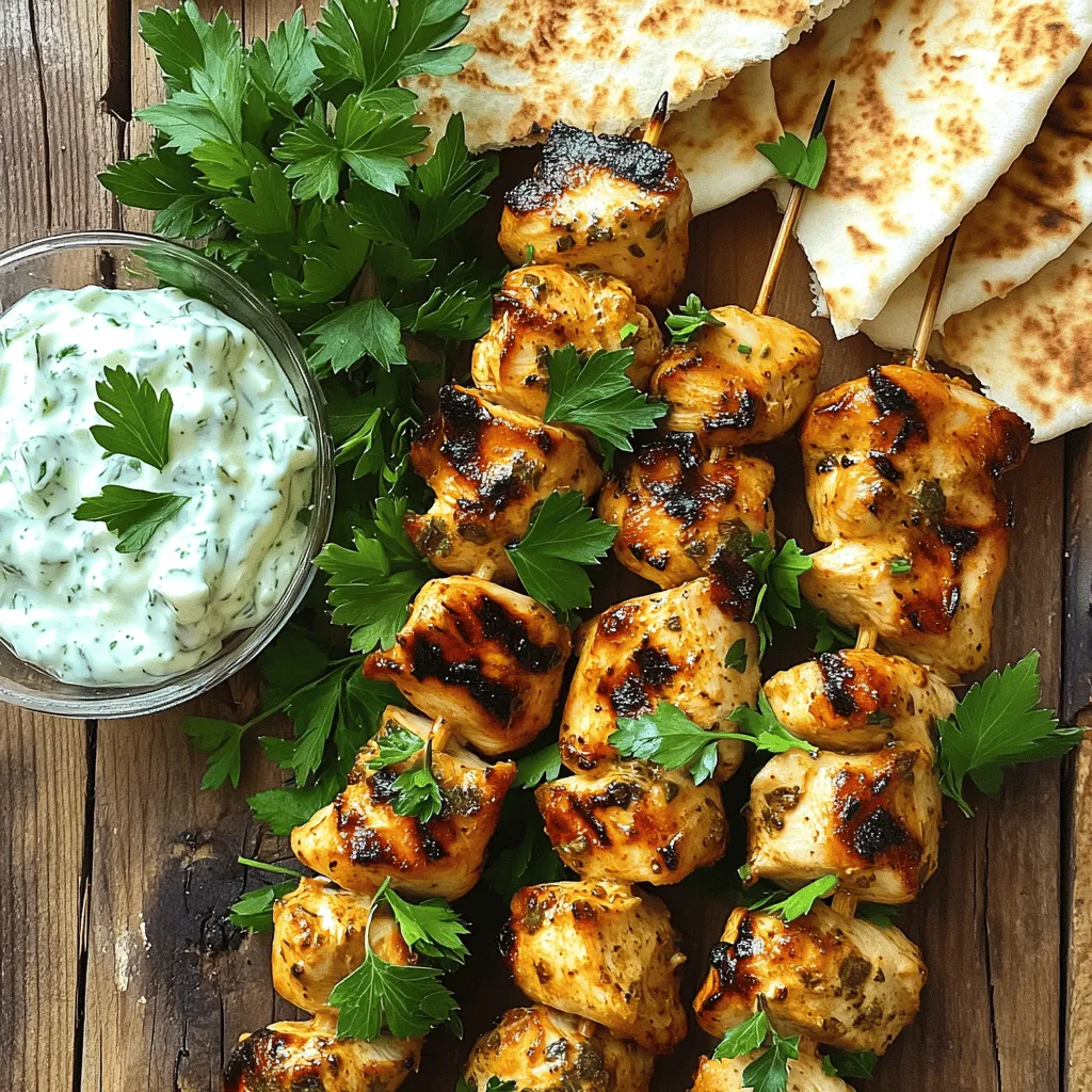 To make easy chicken souvlaki, you'll need a few key items. Here’s a quick list: - 1 lb chicken breast: Cut into 1-inch cubes for even cooking. - 3 tablespoons olive oil: This adds flavor and helps keep the chicken juicy. - 2 tablespoons lemon juice: It brightens the taste and tenderizes the meat. - 2 cloves garlic: Minced, for that aromatic kick. - 1 teaspoon dried oregano: Essential for that classic Greek flavor. - 1 teaspoon paprika: It adds a bit of smokiness and color. - Salt and pepper: To taste, enhancing all the flavors. These main ingredients come together to create a tasty marinade that gives the chicken a wonderful flavor. While the main ingredients are crucial, a few extras can elevate your meal: - Pita bread: Perfect for holding the chicken and toppings. - Tzatziki sauce: A creamy dip that pairs well with the souvlaki. - Fresh parsley: Chopped, for a pop of color and freshness. These optional ingredients can enhance your souvlaki experience, making it even more enjoyable. You will need some basic tools to prepare and cook the souvlaki: - Wooden skewers: Soak them in water for 30 minutes to prevent burning. - Grill or grill pan: This will give your chicken those beautiful grill marks. Having the right tools makes it easier to create a delicious chicken souvlaki, ready to impress anyone who tries it. For the full recipe, check out the detailed instructions included in this article. To start, you want to create a tasty marinade. In a large bowl, combine these ingredients: - 3 tablespoons olive oil - 2 tablespoons lemon juice - 2 cloves garlic, minced - 1 teaspoon dried oregano - 1 teaspoon paprika - Salt and pepper to taste Mix these well until they blend nicely. Next, add the chicken pieces. Make sure each piece gets a good coat of the marinade. Cover the bowl with plastic wrap and let it chill in the fridge. For the best flavor, let it sit for at least 30 minutes. You can marinate it for up to 2 hours for extra taste. While the chicken marinates, it's time to get your grill ready. Preheat your grill or grill pan to medium-high heat. This helps create those nice grill marks. Also, soak your wooden skewers in water for about 30 minutes. This step keeps the skewers from burning on the grill. Once everything is ready, it’s time to skewer the chicken. Take the marinated pieces and thread them onto the soaked skewers. Try to leave a little space between each piece. This helps them cook evenly. Now, place the skewers on your hot grill. Cook them for about 10-12 minutes. Make sure to turn them occasionally, so they brown nicely on all sides. To check if they are done, the chicken should reach an internal temperature of 165°F (75°C). After grilling, let the skewers rest for a couple of minutes. This helps keep them moist. Serve your chicken souvlaki warm, with pita bread, fresh parsley, and tzatziki sauce on the side. Enjoy your homemade feast! For the full recipe, check out the details provided earlier. For easy chicken souvlaki, marination is key. The best time to marinate chicken is at least 30 minutes. However, if you have time, go for up to 2 hours. This extra time lets the flavors soak in. To enhance flavor, add a pinch of crushed red pepper or a splash of balsamic vinegar. These simple tweaks will elevate your dish. Checking for doneness is important. Use a meat thermometer. The chicken should reach 165°F (75°C). This ensures it is safe to eat. For ideal grill marks, preheat your grill well. When you place the skewers down, resist the urge to move them too soon. Let them sit for a few minutes before flipping. This will give you those beautiful grill marks. To serve your chicken souvlaki, warm some pita bread. It pairs perfectly with the grilled chicken. Add some fresh parsley on top for color. Don't forget the tzatziki sauce! It adds a creamy, cool touch. You can also serve it with a simple salad or some grilled veggies for a complete meal. Enjoy! {{image_2}} You can make souvlaki with other proteins. Use beef or lamb for a twist. These meats also grill well and taste great. For a vegetarian option, try mushrooms, zucchini, or bell peppers. These add flavor and color to your dish. Simply marinate them the same way as chicken. Thread them onto skewers and grill until tender. Changing spices or sauces can make your souvlaki unique. Try adding cumin or coriander for a different taste. You can also use spicy sauces like harissa or sriracha for a kick. For marinades, mix yogurt with herbs for a creamy base. Try using balsamic vinegar instead of lemon juice for a sweet touch. Experiment with what you like best! How you serve souvlaki matters. Arrange skewers on a large platter with fresh veggies. Include lemon wedges and a bowl of tzatziki sauce. This makes it fun for guests to grab their own. You can also serve souvlaki in pita bread as wraps. Add fresh salad ingredients and drizzle extra sauce on top. To keep your chicken souvlaki fresh, store it in an airtight container. Place it in the fridge within two hours of cooking. This helps prevent bacteria. Your leftovers will last for 3 to 4 days in the fridge. Be sure to label the container with the date so you know when to eat it. Reheat your chicken souvlaki in a few ways. The oven works best. Preheat it to 350°F (175°C). Place the chicken on a baking sheet. Heat for about 10 minutes, turning halfway through. You can use a microwave, but it may dry the chicken out. To keep it moist, add a splash of water and cover it with a damp paper towel. To freeze chicken souvlaki, let it cool completely first. Place it in a freezer-safe bag. Remove as much air as possible to avoid freezer burn. It can last up to 3 months. To thaw, move the bag to the fridge overnight. For quicker thawing, submerge the bag in cold water. Once thawed, reheat as mentioned above. Enjoy your delicious meal anytime! Chicken souvlaki is a tasty dish from Greece. It features marinated chicken grilled on skewers. This dish is popular in Greek cuisine and around the world. People love it for its bold flavors and easy preparation. The word "souvlaki" means "skewered meat" in Greek. You can find it served in pita bread or on a plate with sides. It often comes with tzatziki, a refreshing yogurt sauce. Yes, you can prepare chicken souvlaki in advance. To do this, marinate the chicken earlier in the day or even the night before. This allows the flavors to soak in well. Just cover the bowl and place it in the fridge. When you are ready to cook, take it out and skewer the chicken. This saves time and makes cooking easier. If you don't have tzatziki, there are great alternatives. You can use hummus, which is creamy and flavorful. Another option is garlic yogurt sauce, made by mixing yogurt with garlic and herbs. You could also try a simple avocado dip. Each of these options brings its unique taste to your meal. This post covered all you need to make easy chicken souvlaki. We explored the key ingredients like chicken, olive oil, and spices. You learned how to marinate, grill, and serve it perfectly. I shared tips for serving and storing your delicious meal. Simple variations allow for fun twists on the dish. Overall, chicken souvlaki is tasty and versatile. Try making it your own, and enjoy it with loved ones!