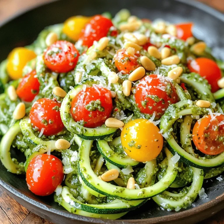 - 4 medium zucchinis, spiralized into noodles - 1 cup cherry tomatoes, halved - 1 cup fresh basil leaves - 1/4 cup pine nuts - 1/4 cup Parmesan cheese, grated (or nutritional yeast for a vegan option) - 2 cloves garlic, minced - 1/4 cup olive oil - Salt and pepper to taste - 1 tablespoon lemon juice - Crushed red pepper flakes - Nutritional yeast - Use vegan Parmesan cheese or other cheese alternatives. - Swap pine nuts with walnuts or almonds for a different flavor. This dish shines with its fresh ingredients. Zucchini noodles serve as a healthy base. They absorb the pesto flavor well. The vibrant cherry tomatoes add a pop of color and sweetness. Each ingredient brings its own charm. I love using fresh basil for its bright taste. The garlic adds depth, while olive oil ties everything together. For a bit of heat, add crushed red pepper flakes. Nutritional yeast is a great vegan option that adds a cheesy flavor. You can easily swap ingredients based on what you have. This flexibility makes the recipe fun and easy. The Full Recipe includes easy steps to put it all together. So, gather your ingredients and let's create something delicious! To make the pesto, I use a food processor. Start by adding the fresh basil leaves, pine nuts, grated Parmesan cheese, minced garlic, lemon juice, and a pinch of salt to the bowl. Pulse the mixture until it is finely chopped. This step lays the base for a vibrant flavor. For a creamy texture, slowly drizzle olive oil into the food processor while it runs. This ensures a smooth blend. If needed, scrape down the sides and blend again. Taste and adjust salt and pepper as desired. This pesto adds a fresh zing that brightens the dish. In a large skillet, heat a drizzle of olive oil over medium heat. Add the halved cherry tomatoes and a pinch of salt. This step brings out their natural sweetness. Cook them for 3-4 minutes until they soften. Be careful not to overcook them; we want them juicy but not mushy. Now, it’s time to cook the zucchini noodles. Add the spiralized noodles to the skillet with the cherry tomatoes. Toss them gently to combine. Cook for about 2-3 minutes. This keeps the noodles slightly tender yet still al dente. You want that perfect bite! Once the noodles are just right, remove the skillet from heat. Stir in the homemade pesto until the noodles are well coated. This will create a deliciously fresh meal that looks as good as it tastes. For the full recipe, check out the detailed instructions above. Recommended Tools To spiralize zucchini, you need a spiralizer. You can find handheld or countertop versions. A vegetable peeler also works for wider noodles. Make sure your tool is easy to clean. Zucchini Selection Tips Choose firm zucchinis that are medium-sized. Look for smooth skin and no blemishes. Fresh zucchinis have a bright color. If they are too big, they may have large seeds and be less tasty. Adding Extra Ingredients You can change your pesto by adding nuts like walnuts or cashews. Try mixing in spinach or arugula for a different flavor. For a kick, add some lemon zest or crushed red pepper flakes. Preparing Raw Pesto To make raw pesto, blend basil, nuts, garlic, and olive oil. Use fresh ingredients for the best taste. Keep it simple for a bright flavor. If you want a creamier texture, add more olive oil. Pairing with Proteins This dish pairs well with grilled chicken or shrimp. For a vegetarian option, serve it with chickpeas or tofu. These proteins add more flavor and make the meal heartier. Presentation Tricks Serve your zucchini noodles on a big white plate. This makes the colors pop. Top with extra cherry tomatoes and basil for a beautiful look. A sprinkle of cheese adds a nice touch too. {{image_2}} You can easily make this dish vegan. Instead of Parmesan cheese, use nutritional yeast. This will give your pesto a cheesy flavor without any dairy. Nutritional yeast is packed with nutrients and adds a nice umami taste. It’s a simple swap that keeps the dish rich and tasty. Zucchini noodles serve as a great gluten-free pasta. They are low in carbs and full of nutrients. Using zucchini means you can enjoy a light meal without gluten. If you want other vegetable noodles, try spiralized carrots or sweet potatoes. Both add different flavors and textures to your dish. For a twist, mix up your herb combinations. Try using parsley, cilantro, or even mint in your pesto. Each herb brings a new taste to the table. You can also add seasonal vegetables like bell peppers or spinach. These will enhance the color and nutrition of your meal. Don't be afraid to experiment with what you have on hand! - Refrigeration Tips: Place leftovers in an airtight container. This keeps the flavors fresh. Store in the fridge for up to three days. Use a layer of parchment paper to separate the noodles from the sauce. This helps prevent sogginess. - Freezing Instructions: You can freeze leftovers, but be cautious. Zucchini noodles can become mushy when thawed. If you must freeze, store the pesto and noodles separately. Use freezer-safe bags or containers. They can last for about a month. - Best Methods for Reheating: The best way to reheat zucchini noodles is in a skillet. Heat on low with a splash of olive oil. Stir gently to warm through. You can also use the microwave, but this may make the noodles soggy. - Maintaining Texture and Flavor: To keep the noodles firm, avoid high heat. Reheat just until warmed. Adding a sprinkle of fresh basil can refresh the dish and enhance flavor. - How Long Will it Last?: When stored properly, zucchini noodles with pesto can last up to three days in the fridge. If frozen, use within a month for best quality. - Signs of Spoilage: Check for a sour smell or discoloration. If the noodles become slimy or have an off taste, it's time to toss them. Always trust your senses; if in doubt, throw it out. Yes, you can make zucchini noodles ahead of time. To store them, follow these best practices: - Spiralize zucchini and place it in a paper towel. - Pat dry to remove excess moisture. - Store in an airtight container in the fridge for up to two days. - Avoid cooking them until you are ready to serve. This keeps them fresh and crunchy. If you want to swap zucchini, you have some great options. Here are some alternative vegetables: - Carrots: Spiralize them for a sweet flavor. - Cucumbers: They add a nice crunch and freshness. - Sweet potatoes: They offer a hearty alternative. - Butternut squash: This gives a rich, nutty taste. These choices work well with pesto and cherry tomatoes. To make a larger batch of zucchini noodles with pesto, adjust your ingredients like this: - Double or triple the amount of zucchini and cherry tomatoes. - Increase the pesto ingredients accordingly. - Keep the cooking time similar, but check for doneness. This way, you’ll have a tasty meal for a crowd. This blog post covered everything you need for a delicious zucchini noodle dish. We explored key ingredients like zucchini, pesto, and cherry tomatoes, along with optional additions for flavor. The step-by-step guide on preparing pesto and cooking zucchini noodles makes it easy. Don’t forget the tips for customization and variations to suit your taste. In summary, enjoy this healthy meal with your own unique twist. Remember, cooking is all about having fun and trying new things.