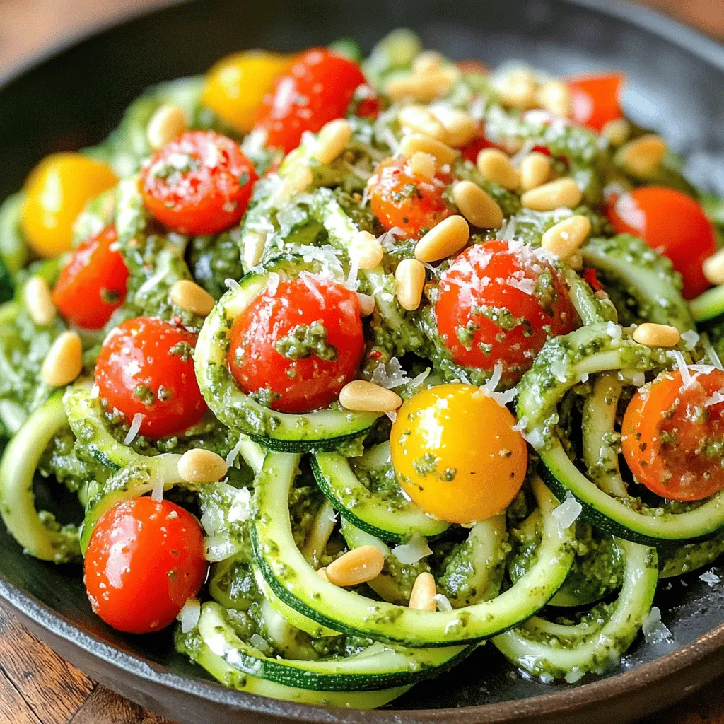 - 4 medium zucchinis, spiralized into noodles - 1 cup cherry tomatoes, halved - 1 cup fresh basil leaves - 1/4 cup pine nuts - 1/4 cup Parmesan cheese, grated (or nutritional yeast for a vegan option) - 2 cloves garlic, minced - 1/4 cup olive oil - Salt and pepper to taste - 1 tablespoon lemon juice - Crushed red pepper flakes - Nutritional yeast - Use vegan Parmesan cheese or other cheese alternatives. - Swap pine nuts with walnuts or almonds for a different flavor. This dish shines with its fresh ingredients. Zucchini noodles serve as a healthy base. They absorb the pesto flavor well. The vibrant cherry tomatoes add a pop of color and sweetness. Each ingredient brings its own charm. I love using fresh basil for its bright taste. The garlic adds depth, while olive oil ties everything together. For a bit of heat, add crushed red pepper flakes. Nutritional yeast is a great vegan option that adds a cheesy flavor. You can easily swap ingredients based on what you have. This flexibility makes the recipe fun and easy. The Full Recipe includes easy steps to put it all together. So, gather your ingredients and let's create something delicious! To make the pesto, I use a food processor. Start by adding the fresh basil leaves, pine nuts, grated Parmesan cheese, minced garlic, lemon juice, and a pinch of salt to the bowl. Pulse the mixture until it is finely chopped. This step lays the base for a vibrant flavor. For a creamy texture, slowly drizzle olive oil into the food processor while it runs. This ensures a smooth blend. If needed, scrape down the sides and blend again. Taste and adjust salt and pepper as desired. This pesto adds a fresh zing that brightens the dish. In a large skillet, heat a drizzle of olive oil over medium heat. Add the halved cherry tomatoes and a pinch of salt. This step brings out their natural sweetness. Cook them for 3-4 minutes until they soften. Be careful not to overcook them; we want them juicy but not mushy. Now, it’s time to cook the zucchini noodles. Add the spiralized noodles to the skillet with the cherry tomatoes. Toss them gently to combine. Cook for about 2-3 minutes. This keeps the noodles slightly tender yet still al dente. You want that perfect bite! Once the noodles are just right, remove the skillet from heat. Stir in the homemade pesto until the noodles are well coated. This will create a deliciously fresh meal that looks as good as it tastes. For the full recipe, check out the detailed instructions above. Recommended Tools To spiralize zucchini, you need a spiralizer. You can find handheld or countertop versions. A vegetable peeler also works for wider noodles. Make sure your tool is easy to clean. Zucchini Selection Tips Choose firm zucchinis that are medium-sized. Look for smooth skin and no blemishes. Fresh zucchinis have a bright color. If they are too big, they may have large seeds and be less tasty. Adding Extra Ingredients You can change your pesto by adding nuts like walnuts or cashews. Try mixing in spinach or arugula for a different flavor. For a kick, add some lemon zest or crushed red pepper flakes. Preparing Raw Pesto To make raw pesto, blend basil, nuts, garlic, and olive oil. Use fresh ingredients for the best taste. Keep it simple for a bright flavor. If you want a creamier texture, add more olive oil. Pairing with Proteins This dish pairs well with grilled chicken or shrimp. For a vegetarian option, serve it with chickpeas or tofu. These proteins add more flavor and make the meal heartier. Presentation Tricks Serve your zucchini noodles on a big white plate. This makes the colors pop. Top with extra cherry tomatoes and basil for a beautiful look. A sprinkle of cheese adds a nice touch too. {{image_2}} You can easily make this dish vegan. Instead of Parmesan cheese, use nutritional yeast. This will give your pesto a cheesy flavor without any dairy. Nutritional yeast is packed with nutrients and adds a nice umami taste. It’s a simple swap that keeps the dish rich and tasty. Zucchini noodles serve as a great gluten-free pasta. They are low in carbs and full of nutrients. Using zucchini means you can enjoy a light meal without gluten. If you want other vegetable noodles, try spiralized carrots or sweet potatoes. Both add different flavors and textures to your dish. For a twist, mix up your herb combinations. Try using parsley, cilantro, or even mint in your pesto. Each herb brings a new taste to the table. You can also add seasonal vegetables like bell peppers or spinach. These will enhance the color and nutrition of your meal. Don't be afraid to experiment with what you have on hand! - Refrigeration Tips: Place leftovers in an airtight container. This keeps the flavors fresh. Store in the fridge for up to three days. Use a layer of parchment paper to separate the noodles from the sauce. This helps prevent sogginess. - Freezing Instructions: You can freeze leftovers, but be cautious. Zucchini noodles can become mushy when thawed. If you must freeze, store the pesto and noodles separately. Use freezer-safe bags or containers. They can last for about a month. - Best Methods for Reheating: The best way to reheat zucchini noodles is in a skillet. Heat on low with a splash of olive oil. Stir gently to warm through. You can also use the microwave, but this may make the noodles soggy. - Maintaining Texture and Flavor: To keep the noodles firm, avoid high heat. Reheat just until warmed. Adding a sprinkle of fresh basil can refresh the dish and enhance flavor. - How Long Will it Last?: When stored properly, zucchini noodles with pesto can last up to three days in the fridge. If frozen, use within a month for best quality. - Signs of Spoilage: Check for a sour smell or discoloration. If the noodles become slimy or have an off taste, it's time to toss them. Always trust your senses; if in doubt, throw it out. Yes, you can make zucchini noodles ahead of time. To store them, follow these best practices: - Spiralize zucchini and place it in a paper towel. - Pat dry to remove excess moisture. - Store in an airtight container in the fridge for up to two days. - Avoid cooking them until you are ready to serve. This keeps them fresh and crunchy. If you want to swap zucchini, you have some great options. Here are some alternative vegetables: - Carrots: Spiralize them for a sweet flavor. - Cucumbers: They add a nice crunch and freshness. - Sweet potatoes: They offer a hearty alternative. - Butternut squash: This gives a rich, nutty taste. These choices work well with pesto and cherry tomatoes. To make a larger batch of zucchini noodles with pesto, adjust your ingredients like this: - Double or triple the amount of zucchini and cherry tomatoes. - Increase the pesto ingredients accordingly. - Keep the cooking time similar, but check for doneness. This way, you’ll have a tasty meal for a crowd. This blog post covered everything you need for a delicious zucchini noodle dish. We explored key ingredients like zucchini, pesto, and cherry tomatoes, along with optional additions for flavor. The step-by-step guide on preparing pesto and cooking zucchini noodles makes it easy. Don’t forget the tips for customization and variations to suit your taste. In summary, enjoy this healthy meal with your own unique twist. Remember, cooking is all about having fun and trying new things.