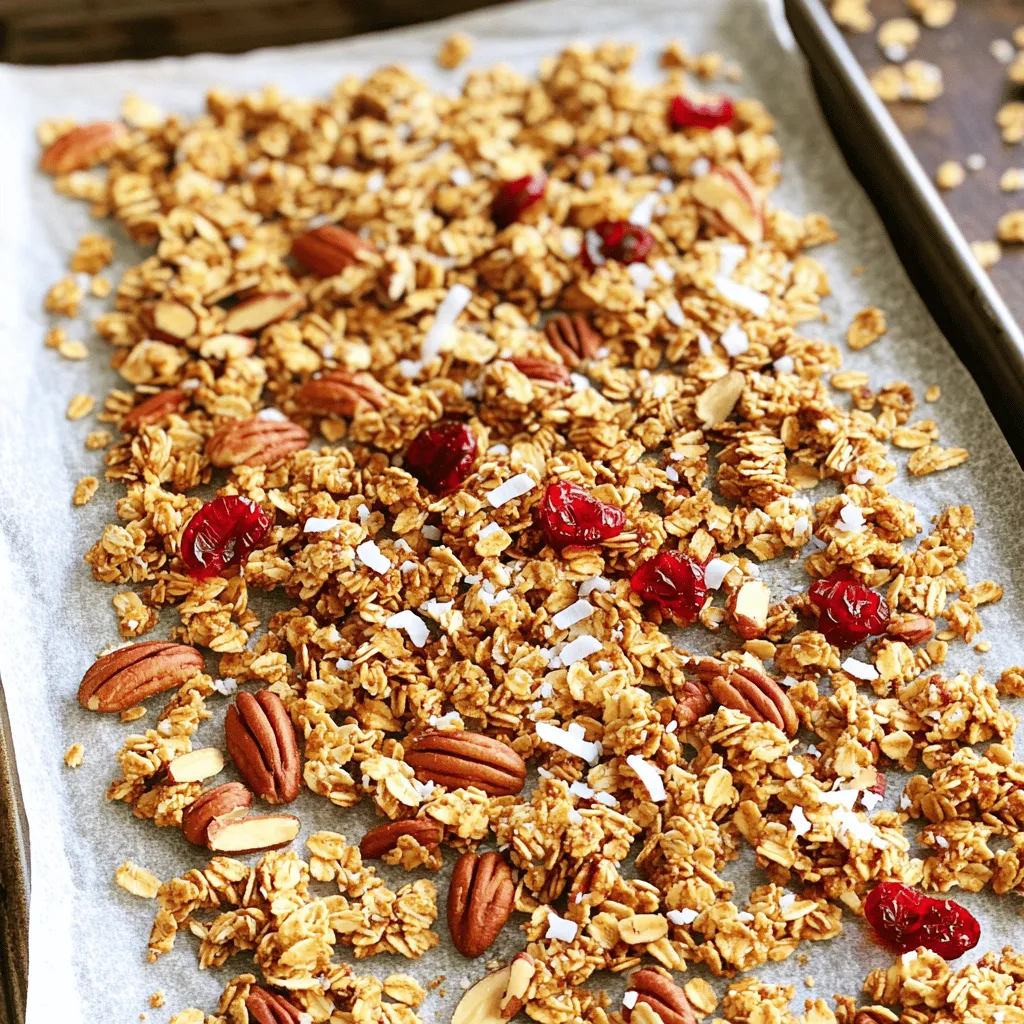 To make Maple Pecan Granola, gather these simple items: - 2 cups old-fashioned rolled oats - 1 cup pecans, roughly chopped - ½ cup almond slices - ½ cup unsweetened shredded coconut - ½ teaspoon ground cinnamon - ½ teaspoon sea salt - ½ cup pure maple syrup - ¼ cup coconut oil, melted These main ingredients create a sweet and crunchy mix. The oats provide a hearty base, while the pecans add richness. The almond slices and coconut bring extra texture and flavor. You can customize your granola with these optional items: - ½ cup dried cranberries or raisins Adding dried fruit gives a sweet burst in every bite. You can try other dried fruits, like apricots or blueberries. This adds color and a chewy texture, making each serving fun. To make this recipe easy, have these tools ready: - Large mixing bowl - Baking sheet - Parchment paper - Small mixing bowl - Whisk These tools help you mix, bake, and store your granola with ease. Using parchment paper allows for easy cleanup and keeps the granola from sticking. Check the full recipe for more tips on making this tasty dish! First, gather all your ingredients. You need: - 2 cups old-fashioned rolled oats - 1 cup pecans, roughly chopped - ½ cup almond slices - ½ cup unsweetened shredded coconut - ½ teaspoon ground cinnamon - ½ teaspoon sea salt - ½ cup pure maple syrup - ¼ cup coconut oil, melted - ½ cup dried cranberries or raisins (optional) Next, preheat your oven to 300°F (150°C). Line your baking sheet with parchment paper. This step helps with easy cleanup. In a large bowl, mix the oats, chopped pecans, almond slices, shredded coconut, ground cinnamon, and sea salt. Stir well to combine. In a small bowl, whisk together the maple syrup and melted coconut oil. This mixture adds sweetness and helps the granola stick. Pour this over the dry mix. Stir until every piece is coated. Now, spread the granola mix evenly on the prepared baking sheet. Press it down slightly for nice clumps. This helps form crunchy clusters. Bake it in your preheated oven for 25-30 minutes. Halfway through, stir the granola to ensure even browning. Keep an eye on it as it bakes. You want it golden brown, not burnt. Once done, remove it from the oven. Let the granola cool completely on the baking sheet. As it cools, it will become crisp. Once it’s cool, feel free to add dried cranberries or raisins if you want some extra sweetness. Store your Maple Pecan Granola in an airtight container. It stays fresh at room temperature for up to two weeks. Enjoy it with yogurt or as a snack on its own! For the full recipe, check the beginning section of this guide. To get the best crunch, use old-fashioned oats. They hold their shape well during baking. Mix the dry ingredients evenly, so every bite is great. Press the granola down on the baking sheet. This helps form clumps that you want. Bake at 300°F for 25-30 minutes. Stir halfway to brown evenly. Let it cool down completely. It will get crisp as it cools. You can add different flavors to your granola. For a sweet touch, mix in dried fruits like cranberries or raisins. You can also use spices like nutmeg or cardamom. Try adding a pinch of vanilla extract or almond extract to the wet mix. This can give your granola a warm, inviting flavor. Don’t be afraid to experiment with your favorite nuts or seeds! Preheating the oven is key. It ensures even cooking. Line your baking sheet with parchment paper for easy cleanup. Stir the granola halfway through baking. This helps it brown nicely. If you want a chewier texture, bake for less time. Store the granola in an airtight container. It can last for two weeks. For the full recipe, check out the earlier section. {{image_2}} You can make a nut-free version of this granola. Simply swap the pecans and almond slices. Use sunflower seeds or pumpkin seeds instead. These seeds add a nice crunch. They also pack a good amount of protein. This way, you still enjoy a tasty granola without nuts. If you want to change the sweetener, you have options. You can use honey or agave syrup instead of maple syrup. Both will add sweetness and flavor. Just remember, honey is not vegan. For a sugar-free option, try using mashed bananas or applesauce. These options keep the granola moist and flavorful. You can make this granola your own by adding flavors. Try adding spices like nutmeg or ginger for warmth. You can also toss in some vanilla extract for a sweet aroma. Dried fruits like raisins or apricots add natural sweetness and chewiness. If you like chocolate, mix in some dark chocolate chips after baking. This makes your granola even more special. For the full recipe, check out the detailed steps above. To keep your maple pecan granola fresh, use an airtight container. Glass jars or plastic bins work well. Store the container in a cool, dry place away from sunlight. This helps maintain the crunch and flavor. Avoid humidity, as it can make the granola soggy. If you notice any moisture, toss the granola to keep it safe. Homemade granola lasts about two weeks when stored properly. After that, it may lose its crispness and flavor. For the best taste, eat it fresh. If you want to store it longer, consider freezing. To freeze granola, spread it out on a baking sheet first. Allow it to cool completely. Then, transfer the cooled granola into a freezer-safe bag or container. Squeeze out any air before sealing. It can last for up to three months in the freezer. When you’re ready to eat, just thaw it at room temperature. Enjoy your maple pecan granola anytime with these easy storage tips! You can find the full recipe above. You can make Maple Pecan Granola from scratch using simple ingredients. Start by gathering your items. You'll need old-fashioned rolled oats, pecans, almond slices, shredded coconut, ground cinnamon, sea salt, pure maple syrup, and coconut oil. Mix the dry ingredients in a large bowl. Then, whisk the syrup and oil in a separate bowl. Combine both mixtures. Spread it on a baking sheet and bake at 300°F for 25-30 minutes. Stir halfway through for even browning. Once cooled, store it in an airtight container. You can easily substitute ingredients in this recipe. If you don’t like pecans, use walnuts or almonds instead. You can swap maple syrup with honey or agave nectar for a different flavor. For a nut-free option, replace nuts with pumpkin seeds or sunflower seeds. If you don’t have coconut oil, use vegetable oil. Feel free to adjust the recipe to fit your taste or dietary needs. Maple Pecan Granola is healthy for several reasons. First, it uses whole ingredients like oats and nuts. These provide fiber and protein. Fiber helps with digestion and keeps you full longer. The nuts add healthy fats, which are good for your heart. Maple syrup is a natural sweetener, offering vitamins and minerals. Lastly, you can customize it with dried fruits, adding more nutrients. This granola is a great option for a balanced breakfast or snack. This blog post covered the main ingredients, step-by-step instructions, and tips for making granola. You can add fun variations and learn how to store it well. Remember, making granola is easy and rewarding. Try different flavors and find what you enjoy. Healthy snacks can also taste great! Now, go ahead and bake your own delicious granola. You will love how it turns out!