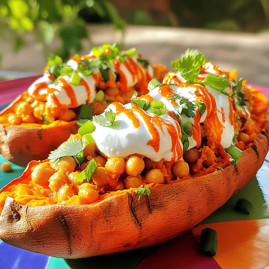 - 4 medium sweet potatoes - 1 can (15 oz) chickpeas, drained and rinsed - 1/2 cup buffalo sauce (adjust to preference) - 1 tablespoon olive oil - 1 teaspoon garlic powder - 1 teaspoon onion powder - Salt and pepper to taste - 1/2 cup Greek yogurt or dairy-free yogurt (for topping) - 1 green onion, chopped (for garnish) - Fresh cilantro (optional, for garnish) When I make Buffalo Chickpea Stuffed Sweet Potatoes, I love gathering the best ingredients. The sweet potatoes bring a natural sweetness. The chickpeas add protein and texture. I always choose a good buffalo sauce, as it gives that spicy kick. The olive oil keeps everything moist and flavorful. For seasoning, garlic powder and onion powder really enhance the taste. Salt and pepper are must-haves, too. I like to add Greek yogurt on top for creaminess. If you want fresh herbs, chopped green onion and cilantro make great garnishes. This recipe is simple, and the ingredients are easy to find. You can adjust the buffalo sauce to your heat level. If you want to learn how to make this dish, check out the Full Recipe. 1. Preheat your oven to 400°F (200°C). This step is key for great sweet potatoes. 2. Wash the sweet potatoes well. Poke several holes in each with a fork. 3. Place them on a baking sheet lined with parchment paper. This keeps them from sticking. 4. Bake sweet potatoes for about 45-50 minutes. They should feel soft when you poke them with a fork. 1. While the sweet potatoes bake, prepare the chickpea filling. In a medium bowl, mash the chickpeas slightly with a fork. 2. Leave some whole for texture. This adds a nice bite to the filling. 3. Add the buffalo sauce, olive oil, garlic powder, onion powder, salt, and pepper. Mix well until combined. 1. Once sweet potatoes are cooked, remove them from the oven. Let them cool slightly before you handle them. 2. Cut a slit down the center of each potato. This creates an opening for the filling. 3. Scoop out a bit of sweet potato flesh if needed. Mix it into the buffalo chickpea mixture. 4. Stuff each sweet potato with the filling. Press it down gently to pack it in. 5. Return stuffed sweet potatoes to the oven. Bake for another 10 minutes to heat everything through. This recipe makes a fun and tasty meal. For more details, check the Full Recipe. To achieve the perfect roast on sweet potatoes, follow these steps: - Preheat your oven to 400°F (200°C). - Wash the sweet potatoes and poke holes with a fork. This helps steam escape. - Bake for 45-50 minutes until tender. You can test this by piercing them with a fork. If you want to adjust buffalo sauce levels, start with half the amount. Mix in more as needed to reach your preferred spice. Remember, you can always add more, but it’s hard to take it out! When it comes to toppings, Greek yogurt is a must. It adds creaminess and balances the heat. Chopped green onions add a fresh crunch. If you like, sprinkle some cilantro for extra flavor. For a complete meal, pair these stuffed sweet potatoes with a simple salad. A light green salad with lemon vinaigrette works great. You can also serve them with a side of roasted vegetables for added nutrition. For more details, check out the Full Recipe. {{image_2}} You can change up the sauce to keep it fun. Try ranch dressing for a creamy twist. Alternatively, use sriracha for a spicy kick. Each sauce brings a unique flavor. Adjust the spice levels to suit your taste. A milder sauce works well for kids. A bolder sauce can spice up your meal. To make these stuffed sweet potatoes even better, add veggies or proteins. Spinach, peppers, or corn can boost flavor and nutrition. If you want extra protein, consider black beans or quinoa. These options fit well into vegetarian and vegan diets. Feel free to mix and match to find your favorite combination. Using different fillings keeps the dish fresh and exciting. Try these ideas to create your perfect meal! For more details on how to make this dish, check out the Full Recipe. To keep your Buffalo Chickpea Stuffed Sweet Potatoes fresh, store them properly. First, let the stuffed sweet potatoes cool to room temperature. Then, wrap each potato in plastic wrap or foil. Place them in an airtight container to avoid moisture loss. This helps maintain their flavor and texture. For best results, store them in the fridge. They will last up to four days. You can also freeze the stuffed potatoes. Just make sure to use freezer-safe containers. They can last for up to three months in the freezer. When you're ready to enjoy your leftovers, reheating is key. For the best results, use the oven. Preheat your oven to 350°F (175°C). Place the stuffed sweet potatoes on a baking sheet. Cover them with foil to keep them from drying out. Heat for about 15-20 minutes, or until warm. You can also use the microwave for a quicker option. Place a stuffed sweet potato on a microwave-safe plate. Heat it for 1-2 minutes. Check if it's warm enough. If not, heat in 30-second intervals until hot. To keep the taste and texture, avoid boiling them. Microwaving or baking works best. Enjoy your delicious stuffed sweet potatoes! Can I prep the sweet potatoes in advance? Yes, you can prep the sweet potatoes early. Bake them and store them in the fridge. This makes it quick to stuff and bake them later. Just ensure they cool before you store them. What can I substitute for chickpeas? You can use black beans or lentils as a great alternative. Both offer protein and a nice texture. If you prefer a different flavor, try using shredded chicken or tofu. How do I make it spicier or milder? To make it spicier, add more buffalo sauce or a pinch of cayenne pepper. For a milder taste, reduce the sauce or use a mild version. You can also add more yogurt to balance the heat. What’s the caloric content per serving? Each serving has about 350 to 400 calories. This depends on the amount of buffalo sauce and yogurt used. Sweet potatoes and chickpeas are both healthy and filling. Are there any health benefits? Yes, sweet potatoes are high in vitamins A and C. They also have fiber, which is great for digestion. Chickpeas add protein and help keep you full longer. This dish is tasty and nutritious! This recipe shows how to make stuffed sweet potatoes with chickpeas and buffalo sauce. You learned to prepare, stuff, and bake them perfectly. With tips on storage and variations, you can customize your meal. Try different sauces or add extra veggies for fun twists. Serve them hot and enjoy! Cooking can be simple, tasty, and healthy.