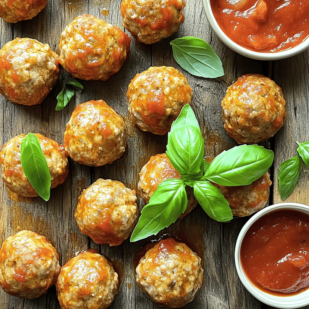 To make easy baked turkey meatballs, gather these key items: - 1 pound ground turkey - 1/2 cup breadcrumbs (preferably whole wheat) - 1/4 cup grated Parmesan cheese - 1/4 cup fresh parsley, chopped - 1 clove garlic, minced - 1 egg, beaten - 1 teaspoon onion powder - 1 teaspoon Italian seasoning - 1 teaspoon salt - 1/2 teaspoon black pepper - 1/2 cup marinara sauce (for serving) - Fresh basil leaves (for garnish) These ingredients give the meatballs their tasty flavor and great texture. Ground turkey is lean and healthy. The breadcrumbs help bind the meatballs together. Parmesan adds a nice salty touch. Fresh parsley and garlic bring bright flavors. You can swap some ingredients for a healthier twist. Use ground chicken instead of turkey for a lighter option. Try oats instead of breadcrumbs for more fiber. You can also use nutritional yeast instead of Parmesan for a dairy-free choice. Want to kick your meatballs up a notch? Consider adding: - Chopped spinach for extra nutrients - Diced bell peppers for crunch - Red pepper flakes for heat - Feta cheese for a tangy twist Adding these extras can change the flavor profile. It makes your meatballs even more exciting. Feel free to mix and match based on your taste. For the full recipe, check out the instructions above! To start, gather all your ingredients. You need ground turkey, breadcrumbs, Parmesan cheese, fresh parsley, garlic, egg, onion powder, Italian seasoning, salt, and black pepper. In a large bowl, mix the ground turkey with the breadcrumbs. Add in the grated Parmesan cheese and chopped parsley. Then, toss in the minced garlic, beaten egg, onion powder, Italian seasoning, salt, and pepper. Use your hands to mix everything well. This helps all the flavors blend together. Now it's time to shape your meatballs. Take a small amount of the mixture and roll it into a ball. Aim for about 1.5 inches in size, like a golf ball. This size cooks evenly and stays moist. Place each meatball on a baking sheet lined with parchment paper. Make sure there is space between each ball. This helps them cook well and not stick together. Preheat your oven to 400°F (200°C). Once ready, bake the meatballs for 20 to 25 minutes. Keep an eye on them until they turn golden brown. Use a meat thermometer to check. They should reach an internal temperature of 165°F (74°C). After baking, let the meatballs rest for five minutes. This helps keep them juicy. While they rest, warm up your marinara sauce. Serve the meatballs with the sauce and garnish with fresh basil leaves. You can find the full recipe above for more details. To keep your meatballs moist, use a few simple tricks. First, do not overmix your meat mixture. This can make them tough. Use your hands to gently mix. Second, add breadcrumbs and a beaten egg. These help keep moisture in the meatballs. Lastly, do not bake them too long. Check for an internal temperature of 165°F. This ensures they are cooked but still juicy. To enhance flavor, try adding fresh herbs. Fresh parsley adds brightness. You can also use basil or oregano. These herbs bring depth to your dish. Mixing in grated cheese, like Parmesan, adds richness. Onion powder and garlic give a savory kick. Don’t forget to season well with salt and pepper. This step is key for tasty meatballs. For a fun twist, add a splash of Worcestershire sauce. This gives the meatballs an umami boost. Baking is a great method for turkey meatballs, but avoid drying them out. One trick is to use parchment paper on the baking sheet. This prevents sticking and helps keep moisture in. Another tip is to bake them at a steady 400°F. This temperature cooks them evenly without losing moisture. If you find your meatballs are still dry, try adding a touch of water to the mix. This can help keep them juicy. For serving, warm marinara sauce can add extra moisture and flavor. Check out the Full Recipe for more details! {{image_2}} You can tweak your turkey meatballs to suit your taste. Add different herbs, like oregano or thyme, for unique flavors. You might try using ground chicken or beef instead of turkey. Mixing in chopped veggies, like spinach or bell peppers, adds nutrition and taste. For an extra kick, consider adding red pepper flakes or hot sauce to the mix. While marinara is a classic, many sauces can work well. Try BBQ sauce for a sweet and smoky flavor. A creamy garlic sauce can also pair nicely with turkey meatballs. Consider a sweet chili sauce for a zesty twist. You can even serve them with a tangy mustard sauce for a fun change. If you need gluten-free meatballs, substitute breadcrumbs with ground oats or almond flour. For low-carb options, use grated cauliflower instead of breadcrumbs. You can also skip the egg and use a flaxseed meal mix to bind the meatballs. These tweaks help you enjoy turkey meatballs while sticking to your diet. For the full recipe, check out Easy Baked Turkey Meatballs! After enjoying your meal, store leftover meatballs in an airtight container. Make sure to let them cool first. This keeps them fresh longer. Place a piece of parchment paper between layers to avoid sticking. They will last in the fridge for up to four days. If you want to keep them longer, consider freezing. To reheat, you have a few options. The oven is the best choice for keeping that nice texture. Preheat it to 350°F (175°C). Place the meatballs on a baking sheet and heat for 10-15 minutes. You can also use a microwave, but this may make them a bit soggy. If you choose the microwave, heat them in short bursts, checking often. Freezing meatballs makes meal prep easy. After they cool, place them in a freezer-safe bag. Squeeze out as much air as you can before sealing. You can freeze them for up to three months. When you're ready to eat, thaw them in the fridge overnight. Then, reheat as mentioned above. For a quick meal, try the Full Recipe and enjoy these tasty meatballs anytime. The cooking time for turkey meatballs is about 20-25 minutes. You should bake them at 400°F (200°C). Check them after 20 minutes. They should be golden brown and cooked all the way through. Yes, you can use ground turkey breast instead of regular ground turkey. Ground turkey breast has less fat. This choice makes your meatballs leaner. Just remember, leaner meat can be drier. You may need to add a bit more moisture, like an extra egg or some olive oil. To know when turkey meatballs are done, use a meat thermometer. The internal temperature should reach 165°F (74°C). If you don't have a thermometer, cut one open. The meat should be brown and not pink inside. They should feel firm to the touch and hold their shape well. For a full recipe, check out the details above! In this post, we explored how to make easy baked turkey meatballs. We covered key ingredients, substitutes, and ways to add flavor. You learned step-by-step instructions for mixing, forming, and baking meatballs. Tips helped ensure moisture and flavor, with options for different diets. Remember to store leftovers properly and reheat them carefully. Your homemade meatballs can be a tasty and healthy meal. Enjoy experimenting with flavors and variations to make them your own!