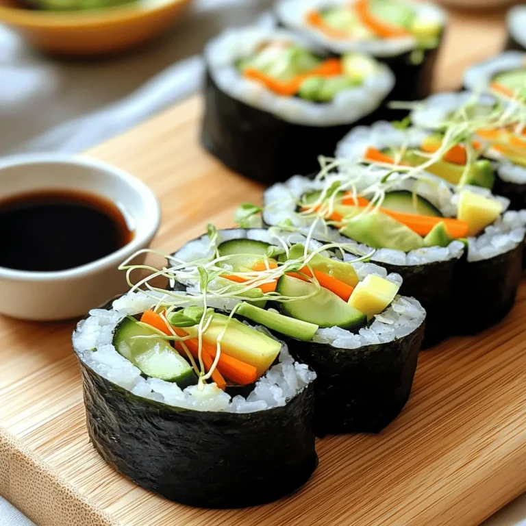 To make these tasty veggie sushi rolls, you need a few key items: - 1 cup sushi rice - 1 1/4 cups water - 2 tablespoons rice vinegar - 1 tablespoon sugar - 1 teaspoon salt - 4 sheets nori (seaweed) - 1 avocado, sliced - 1 cucumber, julienned - 1 carrot, julienned - 1 small bell pepper (any color), sliced thinly - 1/2 cup sprouts (such as alfalfa or radish sprouts) These ingredients create a fresh and colorful sushi roll. The sushi rice is sticky, which helps hold everything together. You can mix in other fun items to make your rolls unique. Here are some ideas: - Cream cheese for a creamy texture - Pickled ginger for a zingy taste - Radishes for crunch - Sesame seeds for extra flavor - Green onions or chives for a mild onion taste Feel free to experiment! The more you customize, the more fun your sushi will be. A simple dipping sauce makes your sushi experience even better. You can use: - Soy sauce for a classic taste - Wasabi for some heat - Sweet chili sauce for a sweet kick You can mix soy sauce with any of these options to match your taste. Enjoy your veggie sushi rolls with your favorite dipping sauce for the best flavor experience. You can find the full recipe above. To make sushi rice, start by rinsing 1 cup of sushi rice. Rinse it under cold water until the water runs clear. This step removes extra starch. After rinsing, drain the rice well. Next, combine the rinsed rice with 1 1/4 cups of water in a medium saucepan. Bring it to a boil. Once boiling, reduce the heat to low and cover the pan. Cook for 18 to 20 minutes or until the water is fully absorbed. While the rice cooks, mix 2 tablespoons of rice vinegar, 1 tablespoon of sugar, and 1 teaspoon of salt in a small bowl. Stir until dissolved. After the rice is done, let it sit, covered, for 10 minutes. Then, transfer it to a large bowl. Drizzle the vinegar mixture over the rice. Gently fold the rice to combine. Allow it to cool to room temperature. Now it's time to assemble your sushi rolls. Place a bamboo sushi mat on a flat surface. Lay one sheet of nori on the mat, shiny side down. Wet your hands with water to keep the rice from sticking. Take a small handful of rice and spread it evenly over the nori. Leave about a 1-inch border at the top. In the center of the rice, arrange your fillings. Use slices of avocado, cucumber, carrot, bell pepper, and a small handful of sprouts. Start rolling your sushi from the bottom edge of the mat. Carefully roll it away from you, using gentle pressure to keep it tight. When you reach the border, wet it with a little water to seal the roll. Repeat this process for the remaining nori sheets and fillings. After making all the rolls, slice them into bite-sized pieces. Use a sharp knife and wipe it with a damp cloth between cuts for clean slices. Now you're ready to serve your veggie sushi rolls! Enjoy them with soy sauce for dipping. For a full recipe, check the details above. Using fresh ingredients is key. Choose ripe avocados and crisp vegetables. Always check for quality. Look for vibrant colors and firm textures. Fresh sprouts add crunch and flavor. You can visit local markets for the best options. Seasonal produce often tastes better. It also supports local farmers and the environment. Sushi rice can be sticky, but we can manage it. Wet your hands with water before handling rice. This simple step keeps rice from sticking. You can also use a little vinegar in the water. It helps keep everything neat and tidy. Avoid pressing too hard when rolling, as this can create mess. Having the right tools makes sushi-making easier. A bamboo sushi mat is essential for rolling. It helps shape the sushi evenly. A sharp knife is needed for slicing rolls. Be sure to clean the knife between cuts. This prevents sticking and keeps the rolls neat. A bowl of water nearby helps keep your hands clean. For a fun twist, consider using a sushi mold. For the complete recipe, check the [Full Recipe]. {{image_2}} You can mix and match your veggie sushi rolls easily. Try adding grilled zucchini or roasted sweet potato. These ingredients add a nice depth of flavor. For a spicy kick, include pickled jalapeños or a touch of Sriracha. You can also use a fruit like mango for a sweet twist. The options are endless. Each combination can take you on a flavor adventure. If you want to change things up, consider these alternatives. Instead of sushi rice, use quinoa or cauliflower rice for a healthy option. Swap nori with thin slices of cucumber for a fresh wrap. You can also add cream cheese or hummus for a creamy texture. Using fresh herbs like mint or basil can enhance the taste. These small changes can lead to big surprises. Sushi varies across regions. In California, they often add crab or shrimp, but you can keep it veggie. In Japan, you might find sushi with shiso leaves or pickled vegetables. In Korea, you may see kimbap, which uses sesame oil and different fillings like spinach and pickled radish. Try these regional styles at home to explore different tastes. Each style offers a unique experience, giving you a taste of global flavors. For a complete guide to making these delicious veggie sushi rolls, check out the Full Recipe. To keep your leftover sushi rolls fresh, wrap them in plastic wrap. This helps lock in moisture. Place them in an airtight container. Store them in the fridge for best results. Avoid stacking rolls to prevent squishing. Sushi is best when served fresh. If you must reheat, do it gently. Use a microwave on low power for a few seconds. You can also dip sushi in warm water briefly. This refreshes the rice without cooking it. Leftover veggie sushi rolls will stay fresh for about 24 hours in the fridge. After that, they may lose flavor and texture. If you notice any strange smell or color, it’s time to toss them out. Always trust your senses when it comes to food safety. Yes, you can make sushi without a bamboo mat. You can use a large piece of plastic wrap or even a clean kitchen towel. The goal is to help you roll the sushi tightly. Just place your nori flat on the surface, add your rice and fillings, and roll it up. It may take some practice, but you will get the hang of it! If you don't have nori, you can use lettuce leaves or rice paper. Lettuce gives a fresh crunch, while rice paper adds a nice chew. Both options work well and add unique flavors to your rolls. Just remember to adjust your fillings to match these wrappers for the best taste! You will know sushi rice is cooked when all the water is absorbed. The rice should be soft but firm. After cooking, let it sit covered for about ten minutes. This step helps the rice finish cooking and become sticky, making it easier to roll. Here are some common mistakes to watch for: - Not rinsing the rice: This can make your sushi too gummy. - Using too much filling: It can make rolling difficult, and your rolls may fall apart. - Not sealing the roll: Make sure to wet the edge of the nori to keep it closed. - Cutting with a dull knife: A sharp knife will give you clean cuts. Wipe it after each slice for best results. For a full recipe, check out the [Full Recipe] for veggie sushi rolls! You now know the key ingredients for veggie sushi rolls and how to prepare them. We explored step-by-step instructions, useful tips, and fun variations to try. You learned how to store leftovers and refresh sushi with ease. Making sushi is fun and rewarding. With practice, you will impress your friends and family with your skills. Remember, there’s no right or wrong way to create your rolls. So go ahead, be creative, and enjoy the process!