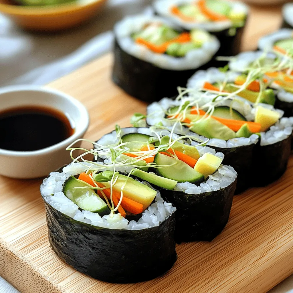 To make these tasty veggie sushi rolls, you need a few key items: - 1 cup sushi rice - 1 1/4 cups water - 2 tablespoons rice vinegar - 1 tablespoon sugar - 1 teaspoon salt - 4 sheets nori (seaweed) - 1 avocado, sliced - 1 cucumber, julienned - 1 carrot, julienned - 1 small bell pepper (any color), sliced thinly - 1/2 cup sprouts (such as alfalfa or radish sprouts) These ingredients create a fresh and colorful sushi roll. The sushi rice is sticky, which helps hold everything together. You can mix in other fun items to make your rolls unique. Here are some ideas: - Cream cheese for a creamy texture - Pickled ginger for a zingy taste - Radishes for crunch - Sesame seeds for extra flavor - Green onions or chives for a mild onion taste Feel free to experiment! The more you customize, the more fun your sushi will be. A simple dipping sauce makes your sushi experience even better. You can use: - Soy sauce for a classic taste - Wasabi for some heat - Sweet chili sauce for a sweet kick You can mix soy sauce with any of these options to match your taste. Enjoy your veggie sushi rolls with your favorite dipping sauce for the best flavor experience. You can find the full recipe above. To make sushi rice, start by rinsing 1 cup of sushi rice. Rinse it under cold water until the water runs clear. This step removes extra starch. After rinsing, drain the rice well. Next, combine the rinsed rice with 1 1/4 cups of water in a medium saucepan. Bring it to a boil. Once boiling, reduce the heat to low and cover the pan. Cook for 18 to 20 minutes or until the water is fully absorbed. While the rice cooks, mix 2 tablespoons of rice vinegar, 1 tablespoon of sugar, and 1 teaspoon of salt in a small bowl. Stir until dissolved. After the rice is done, let it sit, covered, for 10 minutes. Then, transfer it to a large bowl. Drizzle the vinegar mixture over the rice. Gently fold the rice to combine. Allow it to cool to room temperature. Now it's time to assemble your sushi rolls. Place a bamboo sushi mat on a flat surface. Lay one sheet of nori on the mat, shiny side down. Wet your hands with water to keep the rice from sticking. Take a small handful of rice and spread it evenly over the nori. Leave about a 1-inch border at the top. In the center of the rice, arrange your fillings. Use slices of avocado, cucumber, carrot, bell pepper, and a small handful of sprouts. Start rolling your sushi from the bottom edge of the mat. Carefully roll it away from you, using gentle pressure to keep it tight. When you reach the border, wet it with a little water to seal the roll. Repeat this process for the remaining nori sheets and fillings. After making all the rolls, slice them into bite-sized pieces. Use a sharp knife and wipe it with a damp cloth between cuts for clean slices. Now you're ready to serve your veggie sushi rolls! Enjoy them with soy sauce for dipping. For a full recipe, check the details above. Using fresh ingredients is key. Choose ripe avocados and crisp vegetables. Always check for quality. Look for vibrant colors and firm textures. Fresh sprouts add crunch and flavor. You can visit local markets for the best options. Seasonal produce often tastes better. It also supports local farmers and the environment. Sushi rice can be sticky, but we can manage it. Wet your hands with water before handling rice. This simple step keeps rice from sticking. You can also use a little vinegar in the water. It helps keep everything neat and tidy. Avoid pressing too hard when rolling, as this can create mess. Having the right tools makes sushi-making easier. A bamboo sushi mat is essential for rolling. It helps shape the sushi evenly. A sharp knife is needed for slicing rolls. Be sure to clean the knife between cuts. This prevents sticking and keeps the rolls neat. A bowl of water nearby helps keep your hands clean. For a fun twist, consider using a sushi mold. For the complete recipe, check the [Full Recipe]. {{image_2}} You can mix and match your veggie sushi rolls easily. Try adding grilled zucchini or roasted sweet potato. These ingredients add a nice depth of flavor. For a spicy kick, include pickled jalapeños or a touch of Sriracha. You can also use a fruit like mango for a sweet twist. The options are endless. Each combination can take you on a flavor adventure. If you want to change things up, consider these alternatives. Instead of sushi rice, use quinoa or cauliflower rice for a healthy option. Swap nori with thin slices of cucumber for a fresh wrap. You can also add cream cheese or hummus for a creamy texture. Using fresh herbs like mint or basil can enhance the taste. These small changes can lead to big surprises. Sushi varies across regions. In California, they often add crab or shrimp, but you can keep it veggie. In Japan, you might find sushi with shiso leaves or pickled vegetables. In Korea, you may see kimbap, which uses sesame oil and different fillings like spinach and pickled radish. Try these regional styles at home to explore different tastes. Each style offers a unique experience, giving you a taste of global flavors. For a complete guide to making these delicious veggie sushi rolls, check out the Full Recipe. To keep your leftover sushi rolls fresh, wrap them in plastic wrap. This helps lock in moisture. Place them in an airtight container. Store them in the fridge for best results. Avoid stacking rolls to prevent squishing. Sushi is best when served fresh. If you must reheat, do it gently. Use a microwave on low power for a few seconds. You can also dip sushi in warm water briefly. This refreshes the rice without cooking it. Leftover veggie sushi rolls will stay fresh for about 24 hours in the fridge. After that, they may lose flavor and texture. If you notice any strange smell or color, it’s time to toss them out. Always trust your senses when it comes to food safety. Yes, you can make sushi without a bamboo mat. You can use a large piece of plastic wrap or even a clean kitchen towel. The goal is to help you roll the sushi tightly. Just place your nori flat on the surface, add your rice and fillings, and roll it up. It may take some practice, but you will get the hang of it! If you don't have nori, you can use lettuce leaves or rice paper. Lettuce gives a fresh crunch, while rice paper adds a nice chew. Both options work well and add unique flavors to your rolls. Just remember to adjust your fillings to match these wrappers for the best taste! You will know sushi rice is cooked when all the water is absorbed. The rice should be soft but firm. After cooking, let it sit covered for about ten minutes. This step helps the rice finish cooking and become sticky, making it easier to roll. Here are some common mistakes to watch for: - Not rinsing the rice: This can make your sushi too gummy. - Using too much filling: It can make rolling difficult, and your rolls may fall apart. - Not sealing the roll: Make sure to wet the edge of the nori to keep it closed. - Cutting with a dull knife: A sharp knife will give you clean cuts. Wipe it after each slice for best results. For a full recipe, check out the [Full Recipe] for veggie sushi rolls! You now know the key ingredients for veggie sushi rolls and how to prepare them. We explored step-by-step instructions, useful tips, and fun variations to try. You learned how to store leftovers and refresh sushi with ease. Making sushi is fun and rewarding. With practice, you will impress your friends and family with your skills. Remember, there’s no right or wrong way to create your rolls. So go ahead, be creative, and enjoy the process!