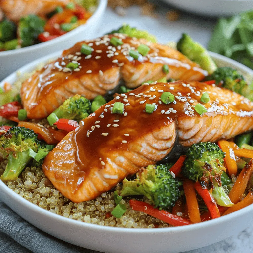 To make your teriyaki salmon bowls with quinoa, gather these fresh ingredients: - 4 salmon fillets (about 6 ounces each) - 1 cup quinoa, rinsed - 2 cups low-sodium vegetable or chicken broth - 1 cup broccoli florets - 1 bell pepper, thinly sliced (red or yellow) - 1 carrot, julienned - 2 green onions, chopped - 3 tablespoons teriyaki sauce (store-bought or homemade) - 1 tablespoon sesame oil - 1 tablespoon olive oil - Salt and pepper to taste - Sesame seeds for garnish These ingredients come together to create a dish that is both tasty and healthy. The salmon provides rich flavor and healthy fats. Quinoa serves as a great base packed with protein. The colorful veggies add crunch and nutrients. I love how versatile this recipe is. You can swap the veggies based on what you have. Think snap peas or zucchini! Don’t forget to check out the Full Recipe for more detailed steps. To cook the quinoa, start by rinsing it under cold water. This removes any bitter taste. Next, in a medium saucepan, combine the rinsed quinoa and broth. Bring this mixture to a boil over high heat. Once boiling, reduce the heat to low. Cover the saucepan and let it simmer for about 15 minutes. You'll know it's ready when the liquid is absorbed. After removing it from the heat, fluff the quinoa with a fork. This step makes it light and airy. Preheat your oven to 400°F (200°C). While it heats, lay the salmon fillets on a lined baking sheet. Drizzle some olive oil over them and season with salt and pepper. Use a brush to coat each fillet with teriyaki sauce. This adds great flavor as the salmon cooks. Now, place the baking sheet in your preheated oven. Bake the salmon for 12 to 15 minutes. It's done when it flakes easily with a fork. This simple roasting method keeps the salmon moist and flavorful. While the salmon roasts, heat sesame oil in a skillet over medium heat. Add the broccoli, bell pepper, and carrot to the pan. Sauté these veggies for 5 to 7 minutes. They should be bright and tender but still crisp. This adds color and texture to your bowl. Once everything is ready, it’s time to assemble your bowls. Start by adding a generous scoop of quinoa as the base. Place the roasted salmon on top. Next, arrange the sautéed vegetables alongside the salmon. This creates a vibrant and healthy meal. To finish, sprinkle chopped green onions and sesame seeds over each bowl. If you want more flavor, drizzle a bit of extra teriyaki sauce on top. Serve these bowls warm and enjoy your delicious teriyaki salmon bowls with quinoa. For the full recipe, check out the details above. To make salmon just right, you need to watch the time. Bake your salmon at 400°F for 12 to 15 minutes. Check it with a fork; it should flake easily. If you want it juicier, brush on extra teriyaki sauce before baking. You can also use a meat thermometer. Aim for an internal temperature of 145°F. This ensures it is safe and tasty. Quinoa is versatile. You can cook it in broth for more flavor. Use either vegetable or chicken broth, as it adds depth. Adding herbs or spices to the cooking water also works. For a nutty taste, toast your quinoa in a dry pan for a few minutes before cooking. This makes a big difference in flavor and texture. Add a kick by mixing in fresh ginger or garlic. These add warmth and a nice aroma. You can also toss in nuts or seeds for crunch. A handful of spinach or kale boosts nutrition and color. For heat, try a splash of sriracha or a sprinkle of chili flakes. These simple changes make your teriyaki salmon bowls even more exciting and unique. For the complete recipe, check out the Full Recipe. {{image_2}} You can swap out salmon for other proteins. Try chicken, tofu, or shrimp. Each protein brings its own flavor. Chicken works well with teriyaki sauce. Tofu is great for a vegetarian option. Shrimp cooks quickly, adding a nice touch. Just adjust cooking times for each protein to ensure they are tender and juicy. You can always load up your bowl with more veggies. Consider adding snap peas, zucchini, or spinach. These vegetables add color and nutrients. They also keep the dish fresh. If you want a crunchy bite, try radishes or cabbage. You can mix and match based on what you have at home. The more, the merrier! If you love heat, add sriracha or chili flakes. A drizzle of sriracha on top gives a nice kick. You can also mix it into the teriyaki sauce for a spicy twist. Chili flakes sprinkled over the dish will wake up your taste buds. Adjust the amount based on your spice level. Enjoy the extra warmth in every bite! You can store leftover teriyaki salmon bowls in an airtight container. Make sure they cool down first. Keep them in the fridge for up to three days. For best taste, eat them within two days. To reheat, place the salmon and quinoa in a microwave-safe bowl. Heat on medium power for one to two minutes. Stir halfway to heat evenly. If it feels dry, add a splash of broth or water before heating. You can also reheat in a skillet over low heat. This keeps the salmon juicy. You can freeze the salmon and quinoa separately. Wrap each salmon fillet in plastic wrap, then place in a freezer bag. It will keep well for up to three months. For quinoa, let it cool, then store in an airtight container. When ready to use, thaw in the fridge overnight. This way, you will always have a tasty meal on hand. For the full recipe, check back to the ingredients and steps above. Yes, you can use brown rice. Brown rice has a different texture and flavor. It takes longer to cook than quinoa. If you choose brown rice, cook it according to package instructions. This way, it will be ready when your salmon is done. Teriyaki salmon stays fresh in the fridge for about three days. Store it in an airtight container. Make sure to cool it down first to keep it safe. Reheat it gently when you're ready to eat. Absolutely! You can swap the salmon for tofu or tempeh. Marinate the tofu in teriyaki sauce before cooking. Use the same cooking methods for the tofu. This will give you a tasty vegetarian dish. The best teriyaki sauce is one that balances sweet and savory flavors. You can use store-bought or make your own. Look for a sauce with low sodium for a healthier option. Homemade sauces can taste fresher and more vibrant. Salmon is fully cooked when it flakes easily with a fork. Use a fork to test it gently. The inside should be opaque and not translucent. If you have a food thermometer, the thickest part should reach 145°F (63°C). Cooking it just right makes it tender and juicy. This post shared a healthy salmon and quinoa bowl recipe. You learned how to cook salmon perfectly and prepare fresh veggies. Plus, I gave tips on storing leftovers and making the dish your own. Try different proteins or spice it up with chili flakes. Enjoy making this meal your way! With easy steps and great flavors, you can impress anyone who tastes it. Happy cooking!