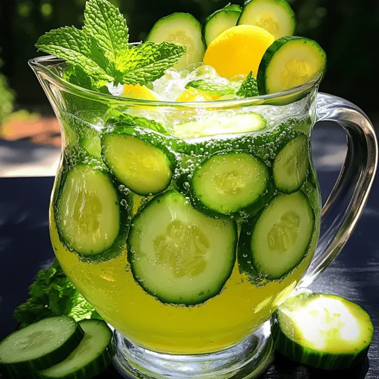 To make a refreshing Cucumber Lemonade Spritzer, gather these simple ingredients: - 1 large cucumber, peeled and sliced - 2 medium lemons, juiced - 1/3 cup honey or agave syrup (adjust for sweetness) - 4 cups sparkling water - Fresh mint leaves for garnish - Ice cubes Using fresh ingredients makes a big difference. Choose a large cucumber that feels firm to the touch. Look for bright green skin with no soft spots. For the lemons, organic is best. They have a richer flavor and fewer chemicals. Fresh mint adds a nice touch; it should smell strong and look vibrant. Always try to use ingredients in their prime for the best taste. You don't need fancy tools for this recipe. Here’s what you need: - A blender to mix the cucumber and lemon juice - A fine mesh sieve to strain the mixture - A large pitcher for serving - A measuring cup for honey or agave syrup - A juicer for the lemons - Ice cube trays for chilling your drink These tools will help you create a perfect Cucumber Lemonade Spritzer every time. For the full recipe, you can refer to the previous section. To start, you need to peel and slice one large cucumber. The cucumber gives a fresh taste. Next, juice two medium lemons. Make sure to remove any seeds. Then, place the cucumber slices and lemon juice into a blender. Blend it all until smooth. This mix is bright and full of flavor. Now, strain the cucumber-lemon mixture. Use a fine mesh sieve to catch any pulp. Pour the smooth liquid into a large pitcher. Next, stir in one-third cup of honey or agave syrup. This adds sweetness to balance the tartness. Mix until the sweetener fully dissolves. Then, slowly add four cups of sparkling water. Gently stir to keep the bubbles. Taste your drink to see if it needs more sweetness. Fill your glasses with ice cubes first. Then, pour the cucumber lemonade spritzer over the ice. For a pretty touch, garnish with fresh mint leaves. You can add extra cucumber slices for a nice look. Serve this drink right away to keep it bubbly and refreshing. Enjoy this summer treat with friends and family! For the complete recipe, check out the Full Recipe section. Sweetness can change a drink's taste. If you want it sweeter, add more honey or agave syrup. If you prefer less sweetness, reduce the amount. Taste as you mix. This will help you find your perfect blend. Remember, a little goes a long way. You can always add more, but you can't take it out. You can make your Cucumber Lemonade Spritzer ahead of time. Prepare the cucumber-lemon mix and store it in the fridge for up to two days. Just add the sparkling water before serving. This keeps the bubbles fresh. Always add ice when serving to keep it cold. If you make it too early, the fizz will fade. For a bolder taste, try adding fresh herbs. Mint or basil pairs well with cucumber and lemon. You can muddle the herbs in the bottom of your glass before pouring in the spritzer. This step brings out more flavor. You can also add sliced strawberries or raspberries for a fruity twist. Play with flavors and have fun! {{image_2}} You can make your Cucumber Lemonade Spritzer even more fun by adding flavors. Try fresh herbs like basil or rosemary. These add a nice twist and a fresh scent. You can also mix in fruits like strawberries or blueberries. They not only give great color but also taste great. Just muddle the herbs or fruits in the bottom of your glass. Then pour in the cucumber lemonade. This drink shines as both a non-alcoholic and alcoholic drink. For a refreshing mocktail, stick to the original recipe. You can sip it all day. If you want a kick, add a splash of vodka or gin. Just mix it in before you serve. The drink stays light and bubbly, perfect for summer fun. Seasonal changes can inspire new flavors. In spring, add fresh strawberries for a sweet touch. You can also try a splash of elderflower syrup for a floral note. In the fall, consider adding apple slices and a hint of cinnamon. This gives a cozy twist that warms up chilly days. Each season brings new tastes, so feel free to play with the recipe! You can find the Full Recipe above for all the details. To keep your Cucumber Lemonade Spritzer fresh, store it in a clean, airtight pitcher. Make sure to use a lid to help maintain its fizz. Avoid leaving it out at room temperature. Instead, place it in the fridge right after serving. This keeps it cold and refreshing for your next drink. If you notice any leftover mint leaves, remove them before storing. They can wilt and affect the taste. You can enjoy your Cucumber Lemonade Spritzer for up to three days in the fridge. After that, it may lose its sparkle and flavor. It’s best to drink it fresh, but if you have leftovers, just remember that the taste may change over time. Always check for any odd smells or changes in color before you pour a glass. Do not let leftover cucumber or lemon go to waste! Use extra cucumber slices in salads or sandwiches. You can also add lemon juice to dressings or marinades. Both ingredients are versatile and can bring brightness to many dishes. If you have leftover mint leaves, try using them in tea or as a garnish for desserts. These ideas help you maximize your ingredients while reducing waste. Yes, you can easily use other sweeteners. You may try agave syrup, maple syrup, or stevia. Each option will change the taste slightly. Stevia is much sweeter, so use less. Adjust the amount to fit your taste. Experiment to find what you like best! You can store Cucumber Lemonade Spritzer in the fridge for up to three days. Keep it in a covered pitcher or jar. The drink may lose some fizz over time. To enjoy the best flavor, drink it fresh. Cucumbers are low in calories and high in water. They help keep you hydrated. Lemons are packed with vitamin C. This boosts your immune system and helps you feel bright. Together, they make a refreshing drink that can aid digestion and promote healthy skin. Enjoy this drink while also reaping the benefits of its ingredients! The Cucumber Lemonade Spritzer is refreshing and versatile. We covered essential ingredients, tools, and steps for making it. Adjust sweetness to fit your taste, or try different flavors for fun twists. Remember to store leftovers properly to enjoy later. This drink is not just tasty; it also has health benefits from the main ingredients. With these tips and tricks, you can impress anyone with your spritzer-making skills. Enjoy your creations, and share them with friends!