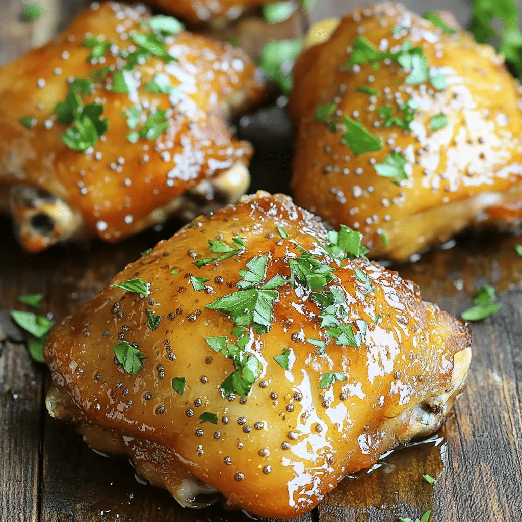 - 4 bone-in, skin-on chicken thighs - 1/4 cup honey - 1/4 cup Dijon mustard - 2 tablespoons apple cider vinegar - 2 garlic cloves, minced - 1 teaspoon paprika - 1/2 teaspoon salt - 1/4 teaspoon black pepper - 1 tablespoon olive oil - Fresh parsley for garnish - You can add cayenne pepper for heat or fresh herbs for flavor. - Great sides include roasted veggies or a simple salad. The star of this dish is the honey mustard glaze. It brings a sweet and tangy flavor to the chicken. The glaze is easy to make with just a few ingredients. I love using bone-in, skin-on chicken thighs. They stay juicy and tender while cooking. The honey and Dijon mustard work perfectly together. They create a delicious sauce that caramelizes as the chicken bakes. You can also mix in spices like cayenne for some heat or fresh herbs for a brighter taste. Pair your chicken with sides like roasted potatoes or a fresh salad. This will balance the sweetness of the glaze. For the complete preparation steps, check the Full Recipe. - Preheat your oven to 400°F (200°C). - In a bowl, whisk together honey, Dijon mustard, apple cider vinegar, minced garlic, paprika, salt, and black pepper. This mixture will be your glaze. - Pat the chicken thighs dry using paper towels and place them in a large bowl. - Drizzle olive oil over the chicken, rubbing it in to coat evenly. - Pour half of the honey mustard glaze over the chicken thighs. Make sure they are well-coated on both sides. Reserve the rest of the glaze for later. - Place the chicken thighs skin-side up in a baking dish. - Bake in the preheated oven for 30 minutes. - After 30 minutes, remove the chicken from the oven. Brush the reserved honey mustard glaze over the tops. - Return the chicken to the oven. Bake for an additional 15-20 minutes, or until the chicken reaches an internal temperature of 165°F (74°C) and the skin is crispy. - Let the chicken rest for 5 minutes before serving. This helps keep it juicy. - Garnish with fresh parsley for a nice touch. You can find the full recipe for more details. - Ensure chicken is at room temperature before cooking for even cooking. - Use a meat thermometer for perfect doneness. This helps avoid undercooked or dry chicken. - Make extra glaze for serving or drizzling after cooking. It adds flavor and looks great. - Adjust honey and mustard ratios for personal taste preferences. You might like it sweeter or tangier. - Best served with roasted vegetables or mashed potatoes. The flavors blend well together. - Ideas for side salads that complement the dish include a simple green salad or coleslaw. They add freshness and crunch. For the full recipe, please check the section above. {{image_2}} You can easily change the taste of your honey mustard glazed chicken thighs. Here are a couple of ideas: - Spicy Honey Mustard: For a kick, add cayenne pepper or a dash of hot sauce. This will add heat and depth to the glaze. - Herb-Infused: Mix in fresh herbs like thyme or rosemary. These will add a lovely aroma and flavor. You can also switch up how you cook the chicken: - Grilled Honey Mustard Chicken: If you're grilling, brush the chicken with the glaze while cooking. Keep the heat medium to avoid burning the sauce. - Slow Cooker Option: For a hands-off meal, place the chicken and glaze in a slow cooker. Cook on low for 4-6 hours or high for 2-3 hours. Meal prep can make your week easier. Here are some tips: - Make-ahead tips: Prepare the chicken and glaze ahead of time. Store them in the fridge for up to two days. This makes weeknight dinners quick and easy. - Pairing ideas: Serve the chicken with rice, quinoa, or salad for meal prep lunches. These sides pair well and can be made in advance too. For the full recipe, check out [Full Recipe]. After cooking, let the chicken thighs cool to room temperature. Place them in an airtight container. This keeps the chicken fresh and safe. Store it in the fridge for up to three days. Use glass or plastic containers with tight-fitting lids. These containers help keep moisture in and air out. To freeze the chicken, wrap it tightly in plastic wrap. Then, place it in a freezer bag. Remove as much air as you can before sealing. This helps prevent freezer burn. Honey mustard glazed chicken can last up to three months in the freezer. To thaw, move it to the fridge overnight. This keeps the chicken safe and tasty. When you want to eat the leftover chicken, reheating is easy. You can use the oven, microwave, or stovetop. For the oven, heat it to 350°F (175°C). Place the chicken on a baking sheet and cover it with foil. This helps keep it moist. Bake for about 15-20 minutes. If using a microwave, place the chicken on a microwave-safe plate. Heat it in short bursts, checking often. For stovetop reheating, use a skillet over medium heat. Add a splash of water or broth to keep it juicy. To maintain the crispiness of the skin, finish in the oven for a few minutes. Enjoy your delicious honey mustard glazed chicken thighs! You can find the full recipe above. Yes, you can use boneless chicken thighs. They cook faster than bone-in thighs. For boneless thighs, reduce the baking time to about 25 minutes. Always check for doneness with a meat thermometer. The internal temperature should reach 165°F (74°C). You can use yellow mustard or whole grain mustard instead. Each type brings a different taste. Yellow mustard is milder, while whole grain adds texture. Experiment to find your favorite flavor. Absolutely! You can use pork or even chicken breast. Keep in mind that cooking times will differ. Pork should reach 145°F (63°C) for safety. Chicken breast cooks faster; check for 165°F (74°C). Always check the internal temperature. Use a meat thermometer to ensure safety. The chicken is done at 165°F (74°C). You can also look for juices running clear and firm texture. You now have a simple and delicious recipe for honey mustard chicken. We explored main and optional ingredients, and I provided step-by-step cooking instructions. Remember, a meat thermometer ensures your chicken cooks perfectly. Feel free to adjust flavors or try new side dishes to make it your own. This dish can be stored and reheated for later meals. Enjoy the ease of prepping ahead, making weeknight dinners stress-free! Cook with confidence and savor every bite.