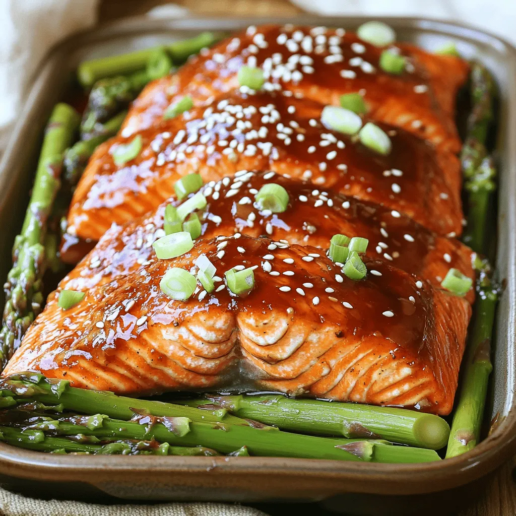 To make Teriyaki Salmon with Asparagus, you need the following items: - 4 salmon fillets (6 oz each) - 1 cup teriyaki sauce (store-bought or homemade) - 1 tablespoon fresh ginger, grated - 2 cloves garlic, minced - 1 tablespoon honey - 1 pound asparagus, trimmed - 2 tablespoons olive oil - Salt and pepper to taste - Sesame seeds, for garnish - Sliced green onions, for garnish Fresh salmon is key for this dish. It has a rich flavor and tender texture. Frozen salmon can work, but it may lack the same taste. Always choose fresh when you can. Fresh vegetables also enhance the meal's flavor. Use crisp asparagus for the best results. You can add more flavor with these garnishes: - Chopped cilantro - Lemon wedges - Chili flakes for spice If you want to swap out the teriyaki sauce, try soy sauce mixed with honey. You can also use orange juice for a fruity twist. Other vegetables like broccoli or bell peppers pair well with salmon. They add color and nutrients to your plate. For the full recipe, check out the detailed instructions. To make the marinade, start with a mixing bowl. Combine the teriyaki sauce, grated ginger, minced garlic, and honey. Whisk until smooth. This blend brings rich flavors to the salmon. For marination, place the salmon fillets in a shallow dish. Pour the marinade over them. Cover the dish and let it chill in the fridge. Aim for at least 30 minutes. If you have more time, let it marinate for an hour. This step boosts flavor and tenderness. Preheat your oven to 425°F (220°C). This high heat cooks the salmon perfectly. While the oven warms up, line a baking sheet with parchment paper. This makes cleanup easy. In a bowl, toss the asparagus with olive oil, salt, and pepper. Coat them well. Spread the asparagus on one side of the baking sheet. After that, take the salmon out of the marinade. Place it skin-side down on the other side of the sheet. Bake everything for 12 to 15 minutes. Check the salmon; it should flake easily with a fork. Halfway through, baste the salmon with the reserved marinade. This adds extra flavor. Once cooked, take the baking sheet out of the oven. Let the salmon rest for a couple of minutes. This helps keep it juicy. To plate your dish, start with a bed of asparagus. Place the salmon right on top. This creates a lovely contrast. For garnish, sprinkle sesame seeds over the salmon. Add sliced green onions for color and crunch. These small touches make your dish look appealing and inviting. For the full recipe, check out Teriyaki Salmon Delight. To check for salmon doneness, use a fork. Gently press the salmon in the thickest part. If it flakes easily, it's done. You can also use a food thermometer. Aim for 125°F (52°C) for moist salmon. Remember, salmon continues to cook slightly after removing it from the oven. For marinating salmon, 30 minutes is great for flavor. You can marinate for up to an hour for a bolder taste. Ensure the salmon is fully covered in the marinade. This helps the fish absorb all the tasty flavors. Store the salmon in the fridge while it marinates. If you want to add spice or heat, try red pepper flakes. A pinch can make your dish more exciting. You can also drizzle a bit of sriracha on top before serving. This gives a nice kick without overpowering the teriyaki flavor. Sprinkling herbs adds freshness. Chopped cilantro or basil can brighten the dish. You can also use sesame seeds for crunch. They make a lovely garnish and enhance the look of your plate. A common pitfall when baking salmon is cooking it too long. Keep an eye on the time and check for doneness early. Overcooking makes the salmon dry and tough. When cooking asparagus, avoid overcooking it too. It should be bright green and tender-crisp. Bake asparagus for about 10–12 minutes. If you see it turning dark, it may be overdone. Keep it crunchy for the best texture. For the full recipe, check out the entire process in detail. {{image_2}} You can cook teriyaki salmon in different ways. Grilling adds a smoky flavor. Just preheat the grill and cook the salmon for about 5-7 minutes on each side. Baking is easy and keeps the fish moist. Set your oven to 425°F (220°C) and bake for 12-15 minutes. You can also pan-sear the salmon for a crispy outside. Try steaming it too, which makes it tender and juicy. Each method gives a unique taste. To make this dish gluten-free, choose a gluten-free teriyaki sauce. Many brands offer this option, or you can make your own with tamari. If you're vegetarian, try marinating tofu in the same sauce. Bake or grill the tofu as you would the salmon. Cauliflower steaks also work well as a substitute. You’ll still get great flavor and texture without the fish. Experimenting with sauces can change the whole dish. Try adding a spicy chili sauce for heat or a sweet mango sauce for a fruity twist. For texture, add chopped nuts like almonds or cashews. You can also mix in fruits like pineapple or citrus zest in the marinade. These additions will bring fresh flavors and a fun crunch, making your meal even more exciting. For the complete recipe, refer to the Full Recipe above. To keep your teriyaki salmon and asparagus fresh, store them properly. Place the leftovers in airtight containers. Make sure to separate the salmon from the asparagus to keep both tasting great. Refrigerate them within two hours after cooking. They will last for about three days in the fridge. Remember, freshness matters for the best flavor. When you reheat salmon, your goal is to keep it moist. I suggest using the oven. Preheat it to 275°F (135°C). Place the salmon on a baking sheet lined with parchment. Add a splash of water or broth to help retain moisture. Cover the salmon with foil. Heat for about 15 minutes, or until warmed through. For asparagus, a quick method is to use the microwave. Place the asparagus on a microwave-safe plate. Add a few drops of water and cover with a damp paper towel. Heat for 30 seconds to 1 minute. This keeps the asparagus crisp and tasty. Yes, you can freeze teriyaki salmon! Wrap each fillet tightly in plastic wrap. Then, place them in a freezer bag or airtight container. It’s best to freeze them within two hours of cooking. Label the bag with the date. They can last up to three months in the freezer. To thaw the salmon, move it to the fridge overnight. For quick thawing, place the sealed bag in cold water for about an hour. Avoid using a microwave, as it can change the texture. Enjoy your frozen teriyaki salmon as if it was just made! You can serve many sides with teriyaki salmon. Here are some great options: - Steamed rice - Quinoa - Roasted vegetables - Salad with light dressing - Noodles with soy sauce - Miso soup These sides add flavor and balance to the meal. I love how they complement the sweet and savory notes of the salmon. Yes, you can use chicken in this recipe. Just follow these tips: - Use boneless, skinless chicken thighs or breasts. - Marinate the chicken the same way as the salmon. - Bake until the chicken reaches an internal temperature of 165°F (75°C). This swap gives you a new dish to enjoy while keeping the great teriyaki taste. You can store leftovers for up to three days. Here are some storage tips: - Place salmon and asparagus in an airtight container. - Keep the container in the fridge. - Reheat gently in the oven or microwave. Make sure to eat your leftovers within this time for the best taste and safety. You learned how to make Teriyaki Salmon with Asparagus. Fresh ingredients greatly enhance flavor, while marinades add depth. With careful cooking steps, you can create a delicious dish. Remember to check cooking times for the salmon and asparagus. Use these tips to avoid common mistakes. Explore variations and don't hesitate to try new ingredients. Enjoy your meal and share it with others who love good food!