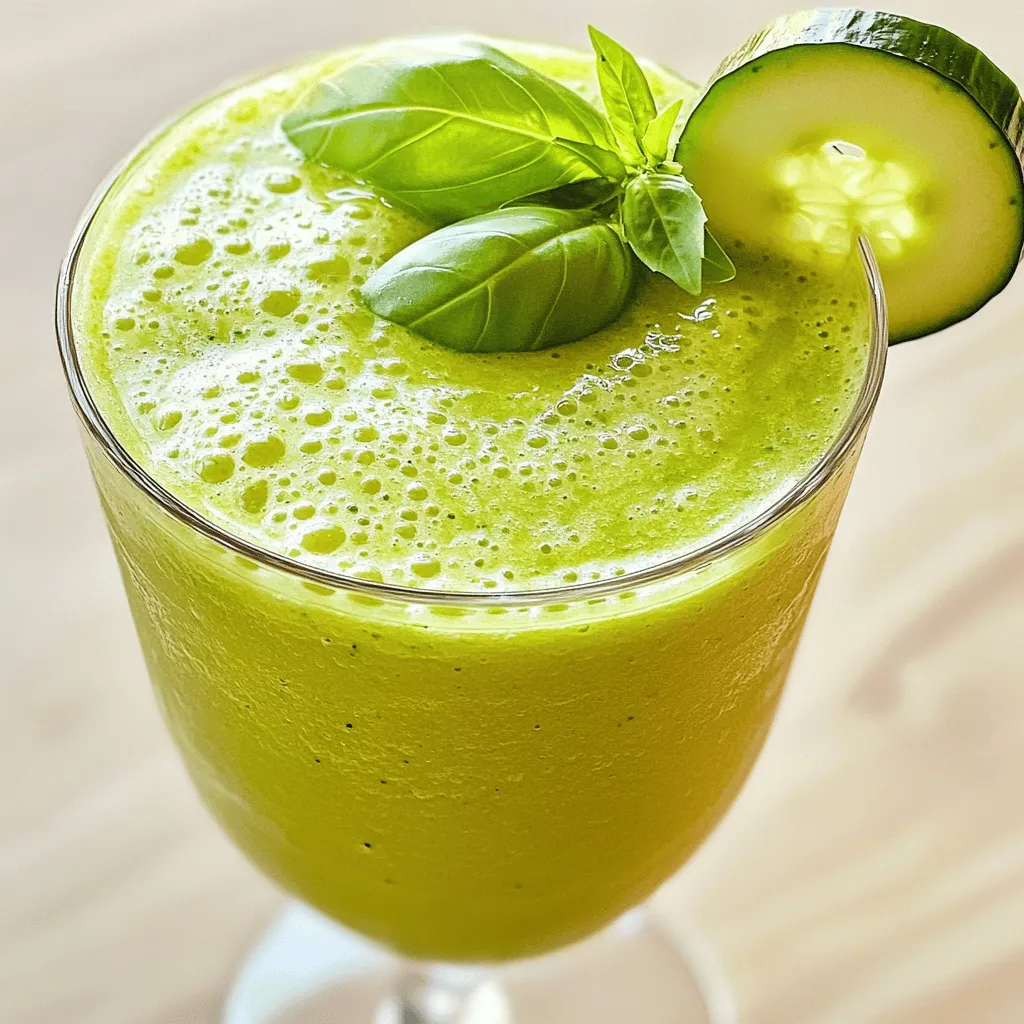 For a delicious Cucumber Basil Smoothie, gather these simple ingredients: - 1 large cucumber, peeled and chopped - 1 ripe banana - 1 cup fresh basil leaves, packed - 1 cup almond milk (or any preferred plant-based milk) - 1 tablespoon honey or maple syrup (optional for sweetness) - 1 tablespoon lime juice - 1/2 cup ice cubes - A pinch of sea salt Each ingredient adds its own unique flavor. The cucumber gives a refreshing crunch, while the banana adds a sweet creaminess. Fresh basil brings a lovely herbal note, making this smoothie truly special. Almond milk makes it smooth and rich, and lime juice brightens the taste. You can adjust the sweetness by adding honey or maple syrup if you prefer. The sea salt enhances all the flavors. This recipe is not only tasty but also healthy, making it perfect for any time of day. For the full recipe, check below and enjoy making your own refreshing drink! - First, peel and chop the cucumber. Cut it into small pieces for easy blending. - Next, grab a ripe banana. Peel it and break it into chunks. This makes blending smooth. - Now, add the cucumber and banana to your blender. Make sure you have enough room. - Toss in the fresh basil leaves. They add a great flavor and aroma. - Pour in the almond milk. This gives your smoothie a creamy base. - If you want a touch of sweetness, add honey or maple syrup. It’s optional but nice. - Squeeze in the lime juice. This adds a zesty kick to the drink. - Finally, sprinkle in a pinch of sea salt. It enhances all the flavors. - Incorporate the ice cubes into the blender. They chill the smoothie and make it refreshing. - Blend everything on high speed until it is smooth and creamy. This takes about 30-60 seconds. - If you like a thinner drink, add a bit more almond milk. Blend again to mix. - Taste your smoothie. If you'd like it sweeter, add more honey or syrup. Blend once more. - Pour the smoothie into glasses and enjoy. You can garnish it with a basil leaf or cucumber slice for style. For the full recipe, refer to the earlier section. To get the perfect thickness for your cucumber basil smoothie, focus on the balance of ingredients. Start with the cucumber and banana, as they create a nice base. Use one cup of almond milk for smoothness. Blend well until you reach a creamy texture. If your smoothie feels too thick, don’t worry. Just add a bit more almond milk slowly. Blend again and check the texture. You want it smooth, not watery. Adjust to your liking for the best experience. Presentation matters, especially with a vibrant smoothie. To make it pop, garnish each glass with a fresh basil leaf. A cucumber slice on the rim adds a special touch. This simple step makes your drink look professional and inviting. Serve your smoothie right away for the best taste. Freshness is key to enjoying the bright flavors. Pour it into chilled glasses for an extra refreshing sip. Enjoy your creation and impress your guests! For the full recipe, check the details above. {{image_2}} You may want to change some ingredients in your cucumber basil smoothie. If you don't have almond milk, you can use other milks. Here are some ideas: - Oat milk - Soy milk - Coconut milk These options still keep your drink creamy. For sweeteners, honey and maple syrup are great. But if you need a change, try these: - Agave nectar - Stevia - Coconut sugar These choices can change the taste and sweetness to your liking. Adding new flavors can make your smoothie even more exciting. Consider these options: - Try adding other fruits like mango or pineapple. They bring a sweet twist. - You can mix in herbs like mint or cilantro for a fresh kick. If you want more nutrition, add protein or superfoods. Here are some ideas: - Greek yogurt for creaminess and protein. - Chia seeds for fiber and omega-3s. - Spinach for extra vitamins without changing the taste. These simple tweaks allow you to make the cucumber basil smoothie your own. You can find the full recipe in the earlier sections. To store your leftover Cucumber Basil Smoothie, pour it into a clean jar. Use a jar with a tight lid to keep it fresh. Make sure to seal it well. This method helps to avoid exposure to air. Store it in the fridge for up to 24 hours. The smoothie tastes best fresh but will last a bit longer this way. If you want to keep your smoothie for a longer time, freezing is your best bet. Pour the smoothie into ice cube trays or freezer-safe bags. This allows you to store it in small portions. When you want to enjoy it again, simply thaw it in the fridge overnight. If you need it faster, leave it at room temperature for about an hour. Once it’s thawed, pour it back into the blender. Blend it again for a smooth texture. This helps recover its original taste and freshness. Enjoy your Cucumber Basil Smoothie anytime! For the full recipe, check out the Cucumber Basil Bliss Smoothie section. What are the health benefits of cucumbers and basil? Cucumbers are low in calories and high in water content. They keep you hydrated and help with weight loss. They also provide vitamins like K and C. Basil is filled with antioxidants. It can help reduce inflammation and improve digestion. Together, they make a great pair for your health. How can I make this recipe vegan-friendly? To make this smoothie vegan, just use almond milk or any plant-based milk. Replace honey with maple syrup for sweetness. This keeps the recipe vegan while still tasting delicious. Can I make this smoothie ahead of time? Yes, you can make this smoothie ahead. However, it’s best to drink it fresh for the best taste. If you must store it, put it in a sealed container in the fridge. Stir or shake well before you drink it. What to do if the smoothie is too bitter or not sweet enough? If your smoothie tastes bitter, try adding more sweetener. A bit of honey or maple syrup works well. You can also add a ripe banana for natural sweetness. Blend again to mix it in well. How to fix a too-thick smoothie? If your smoothie is too thick, add a little more almond milk. Blend until you reach the right consistency. You can always add more ice for chill without making it too thick. This blog covered how to make a tasty smoothie. You learned the essential ingredients and the steps for blending. I shared tips on achieving the perfect consistency and making it look great. You can also explore variations and storage options to keep your smoothie fresh. Remember, you can adjust flavors to your taste and enjoy experimenting. Smoothies can be simple and fun. Get creative, and drink healthy!