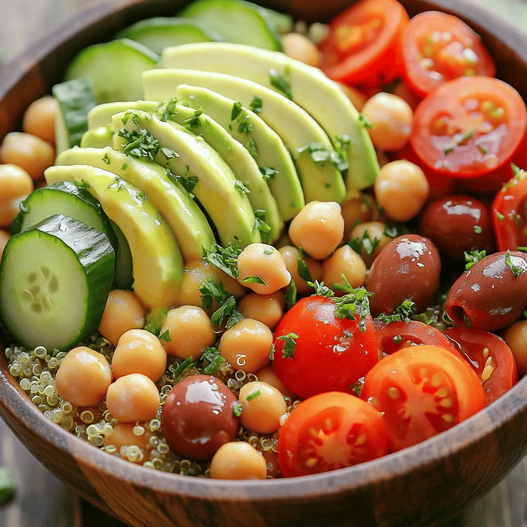 To create a colorful and tasty Vegan Mediterranean Bowl, gather these main ingredients: - 1 cup quinoa, rinsed - 1 can (15 oz) chickpeas, drained and rinsed - 1 cup cherry tomatoes, halved - 1 cucumber, diced - 1 red bell pepper, diced - 1/4 red onion, finely chopped - 1 avocado, sliced - 1/4 cup Kalamata olives, pitted and halved Quinoa serves as a great base. It is full of protein and fiber. Chickpeas add a nice texture and flavor. Fresh vegetables bring crunch and color. The olives add a briny touch that ties everything together. For the dressing, you will need: - 2 tablespoons olive oil - 1 tablespoon lemon juice - 1 teaspoon dried oregano - Salt and pepper to taste This dressing is simple yet full of flavor. Olive oil gives it richness, while lemon juice adds brightness. Oregano offers an earthy taste that is perfect for Mediterranean dishes. To elevate your bowl, consider these optional garnishes: - Fresh parsley, chopped, for garnish - Additional toppings like nuts or seeds Adding fresh parsley enhances the presentation. You can also customize your bowl with nuts for crunch or seeds for extra nutrition. For the full recipe, check out the details above. Enjoy creating this vibrant and healthy meal! Boiling the Vegetable Broth Start by heating 2 cups of vegetable broth in a medium saucepan. Bring it to a rolling boil. This broth gives the quinoa a rich flavor. Cooking Instructions for Quinoa Once the broth boils, add 1 cup of rinsed quinoa. Stir it gently to mix. Reduce the heat to low, cover the pot, and let it simmer for about 15 minutes. This allows the quinoa to absorb the liquid. When done, take it off the heat and fluff it with a fork. Whisking Ingredients Together In a small bowl, combine 2 tablespoons of olive oil, 1 tablespoon of lemon juice, and 1 teaspoon of dried oregano. Add salt and pepper to taste. Use a whisk to blend everything well. This dressing adds a zesty kick to your bowl. Adjusting Seasonings Taste your dressing. If it needs more flavor, add a pinch of salt or a squeeze of lemon. Adjust it until it’s just right for you. Mixing the Main Ingredients In a large mixing bowl, combine the cooked quinoa, 1 can of drained chickpeas, 1 cup of halved cherry tomatoes, 1 diced cucumber, 1 diced red bell pepper, 1 finely chopped red onion, and 1/4 cup of halved Kalamata olives. Stir gently to mix all the ingredients. Combining with Dressing Pour the dressing over the salad mixture. Toss everything carefully so that the dressing coats each ingredient. This helps to meld the flavors. Plating the Vegan Mediterranean Bowl Serve the mixture in individual bowls. Top each bowl with sliced avocado and a sprinkle of chopped fresh parsley. This adds a lovely touch and vibrant color to your dish. Enjoy your Vegan Mediterranean Bowl! For the Full Recipe, check the details above. Cooking quinoa can be simple, but a few mistakes can lead to clumpy grains. Here are tips to avoid common errors: - Rinse the Quinoa: Always rinse quinoa before cooking. This removes a natural coating called saponin, which can taste bitter. - Use the Right Water Ratio: A common ratio is 2 cups of liquid for every 1 cup of quinoa. This ensures it cooks evenly and absorbs moisture well. - Don't Overcook: Cook quinoa for about 15 minutes. Keep an eye on it. If you cook too long, it can turn mushy. - Fluff After Cooking: Once done, let it sit for a few minutes. Then, use a fork to fluff it. This keeps the grains separate and light. You can boost the taste of your Vegan Mediterranean Bowl with some extra flavors. - Adding Spices or Herbs: Fresh herbs like basil or mint can really brighten up your dish. You can also try adding garlic powder or smoked paprika for a warm flavor. - Adjusting Dressing Ingredients: Taste the dressing before adding it to your bowl. If you want it zesty, add more lemon juice. For richness, increase the olive oil. A little extra oregano can also add depth. How you serve your bowl can make a big difference. - Arranging Ingredients for Visual Appeal: Take time to arrange your ingredients. Place the quinoa at the bottom, then add veggies in sections. This creates a colorful look that is fun to eat. - Using Bowls vs. Plates: I prefer using deep bowls. They keep everything in one place and allow for easy mixing. Plates can work, too, but might make mixing harder. {{image_2}} You can change the base of your Vegan Mediterranean Bowl for more variety. Instead of quinoa, try farro or couscous. Both grains have a nice texture and flavor, making them great choices. For protein, chickpeas are a must, but you can also use tofu or tempeh. Tofu adds a soft texture, while tempeh has a chewy bite. Both options soak up flavors well. Using seasonal produce keeps your bowl fresh and exciting. In summer, add ripe tomatoes and zucchini. In fall, roast sweet potatoes or butternut squash. Each season brings unique flavors, so adjust your bowl to match what’s fresh. To make your bowl gluten-free, swap quinoa for rice or gluten-free grains. This way, you can still enjoy a tasty meal without worry. If you have nut allergies, skip the nuts in any optional toppings. You can still enjoy the bowl without losing flavor or texture. Each swap keeps the dish safe and delicious. To keep your Vegan Mediterranean Bowl fresh, use airtight containers. Glass or plastic containers work well. Make sure they are clean and dry before you store your food. This keeps out moisture and air, which can spoil your meal. Store your bowl in the fridge right away. The sooner you put it away, the better it stays. Aim to eat leftovers within a few days for the best taste. You can reheat your bowl in two ways: microwave or stovetop. - Microwave: Place your bowl in a microwave-safe dish. Heat for about 1-2 minutes. Check and stir halfway through to heat evenly. - Stovetop: Put your bowl in a pan over low heat. Stir often for about 5-7 minutes. This method keeps the flavors intact. Choose the method that suits your time and taste! Your Vegan Mediterranean Bowl lasts about 3-5 days in the fridge. Keep it covered to maintain freshness. After that, check for any off smells or changes in texture. When in doubt, throw it out! Enjoy your bowl for as long as possible but always prioritize safety. A Vegan Mediterranean Bowl is a colorful dish full of fresh ingredients. It combines grains, veggies, and protein. The main components include quinoa, chickpeas, and various fresh vegetables. You can add olives and avocado for extra flavor. The dish is healthy and tasty, making it a great choice for any meal. Yes, you can make this bowl ahead of time. It’s perfect for meal prep. Cook the quinoa and chickpeas and store them in the fridge. Chop your veggies and keep them in separate containers. When you’re ready to eat, just mix everything together. You can also prepare the dressing in advance. This makes your meal quick and easy. Yes, this recipe is gluten-free. Quinoa is a great grain choice for gluten sensitivity. If you want to switch things up, you can use farro or rice. Just check that any alternatives are also gluten-free. This way, everyone can enjoy the bowl without worry. To make a more hearty version, add more grains or protein boosters. You can include cooked lentils or brown rice. Tofu or tempeh can also provide extra protein. These additions will make your meal more filling. Try different combinations to find what you like best. For the full recipe, check below. The Vegan Mediterranean Bowl brings together healthy ingredients for tasty meals. We explored essential elements, like quinoa and chickpeas, along with simple dressing steps. I shared tips for perfect quinoa and creative enhancements for flavor. You can customize your bowl with seasonally fresh produce and dietary needs. Remember, this dish is easy to prepare and store. It fits well into meal prep for any week. Enjoy the vibrant tastes and colors of your Vegan Mediterranean Bowl. It nourishes both the body and soul.