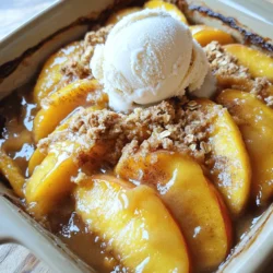 - 6 ripe peaches, pitted and sliced - 1 tablespoon lemon juice - 1/2 cup brown sugar - 1 teaspoon cinnamon - 1/2 teaspoon nutmeg - 1 cup rolled oats - 1/2 cup all-purpose flour - 1/2 cup softened butter - 1/4 cup granulated sugar - 1/4 teaspoon salt - Total preparation and cooking time: 50 minutes - Number of servings: 8 When you gather your ingredients, aim for fresh peaches. Ripe peaches bring the best flavor. You can tell they are ripe by their sweet smell. The lemon juice adds a nice zing and keeps the peaches bright. Brown sugar gives a rich taste, while cinnamon and nutmeg add warmth. For the topping, rolled oats are key. They bring texture and crunch. The flour helps bind everything. Softened butter gives a rich taste and helps the topping crisp up. Granulated sugar sweetens it just right. A pinch of salt balances the flavors. For the full recipe, follow the steps to create this delightful dessert. Start by washing the peaches. Use ripe ones for the best taste. Slice the peaches and remove the pits. In a large bowl, mix the sliced peaches with lemon juice, brown sugar, cinnamon, and nutmeg. Toss the peaches gently until they are coated well. This will give your crisp a burst of flavor. Next, grease a 9x13 inch baking dish. Spread the peach mixture evenly in the dish. In another bowl, combine rolled oats, all-purpose flour, and salt. Mix these dry ingredients together. Then, add the softened butter. Use your hands or a fork to mix until it looks crumbly. This crumbly topping will give your peach crisp a nice texture. Layer the peach mixture in the greased baking dish. Evenly sprinkle the oat topping over the peaches. Set your oven to 350°F (175°C) and bake for 30-35 minutes. You want the peaches to be bubbly and the topping to turn golden brown. When it is done, let the crisp cool for a few minutes before you dig in. For the full recipe, check out the detailed instructions above. Using ripe peaches is key for the best flavor. Look for peaches that feel soft but not mushy. Their sweetness will shine in your crisp. To achieve a golden topping, make sure to mix the butter well with the oats and flour. Use your hands for a crumbly texture. This helps create that perfect crispy layer on top. Serve your peach crisp warm for the best taste. A scoop of vanilla ice cream on top adds creaminess. You can also drizzle some caramel sauce for extra sweetness. If you prefer, whipped cream is a great choice too. It balances the warm crisp perfectly. You can add nuts like walnuts or almonds for a crunchy twist. Chopped nuts bring a new flavor and texture to your dish. Mixing in other fruits, like berries or apples, can also enhance the taste. For sweetening, consider using honey or maple syrup instead of sugar. These options can give a unique flavor to your peach crisp recipe. For more details, check out the Full Recipe. {{image_2}} You can switch up the fruit in peach crisp. Berries like blueberries or raspberries work great. Apples also add a nice crunch. Mixing different fruits gives your crisp a new flavor. Try using peaches with blackberries or strawberries for a summer twist. The sweet and tart blend makes each bite exciting. If you need a gluten-free option, use almond flour or coconut flour for the topping. These flours keep the crisp light and tasty. You can also mix in nuts for added crunch. Just make sure to watch the texture. You want it crumbly, not too wet or dry. For a vegan peach crisp, swap the butter for coconut oil. Use brown sugar or maple syrup instead of regular sugar. These changes keep the flavor rich and sweet. If the recipe calls for eggs, use flaxseed meal or applesauce as a substitute. This keeps the mixture moist and flavorful without any animal products. Check out the Full Recipe for more tips and ideas! After making your peach crisp, let it cool. Cover it with plastic wrap or foil. Store it in the fridge. The best temperature is around 40°F (4°C). It stays fresh for about 3 to 5 days. If you want to keep it longer, freezing is a great option. To freeze your peach crisp, first let it cool completely. Wrap it tightly with plastic wrap. Then, add a layer of foil for extra protection. You can freeze it for up to 3 months. When ready to bake, remove the wrap. Bake it from frozen at 350°F (175°C) for about 40 to 45 minutes. To reheat, place the leftover crisp in the oven. Preheat the oven to 350°F (175°C). Bake for about 15 to 20 minutes. This helps restore the crisp texture. It also warms the peach filling nicely. Enjoy it warm with a scoop of vanilla ice cream! The cold ice cream pairs well with the warm crisp. For a better experience, serve it fresh from the oven. Yes, you can use canned peaches. They save time and are easy to find. However, fresh peaches taste better and have a firmer texture. Canned peaches are often softer and sweeter. If you choose canned peaches, drain them well. This prevents excess liquid in your crisp. You might want to reduce the sugar since canned peaches can be sweetened. You can tell the peach crisp is done when the topping is golden brown. The fruit should be bubbly, and you will see juices around the edges. Stick a fork into the topping. If it feels crisp and not mushy, it's ready. Let it cool for a few minutes before serving. This helps the juices set a bit more. If you need an oat substitute, try using almond flour or crushed nuts. Both options give a nice crunch. You can also use quinoa flakes for a gluten-free choice. If you prefer a grain-free option, try shredded coconut. Each substitute will change the flavor and texture, so choose what you like best. This blog post covered how to make a delicious peach crisp. We discussed fresh ingredients, step-by-step instructions, and helpful tips. You can even try variations like gluten-free or vegan options. Remember, using ripe peaches is key for flavor. Serve it warm with ice cream for a treat. Enjoy your cooking and savor each bite. Peach crisp is a simple way to delight friends and family!