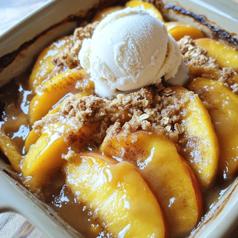 - 6 ripe peaches, pitted and sliced - 1 tablespoon lemon juice - 1/2 cup brown sugar - 1 teaspoon cinnamon - 1/2 teaspoon nutmeg - 1 cup rolled oats - 1/2 cup all-purpose flour - 1/2 cup softened butter - 1/4 cup granulated sugar - 1/4 teaspoon salt - Total preparation and cooking time: 50 minutes - Number of servings: 8 When you gather your ingredients, aim for fresh peaches. Ripe peaches bring the best flavor. You can tell they are ripe by their sweet smell. The lemon juice adds a nice zing and keeps the peaches bright. Brown sugar gives a rich taste, while cinnamon and nutmeg add warmth. For the topping, rolled oats are key. They bring texture and crunch. The flour helps bind everything. Softened butter gives a rich taste and helps the topping crisp up. Granulated sugar sweetens it just right. A pinch of salt balances the flavors. For the full recipe, follow the steps to create this delightful dessert. Start by washing the peaches. Use ripe ones for the best taste. Slice the peaches and remove the pits. In a large bowl, mix the sliced peaches with lemon juice, brown sugar, cinnamon, and nutmeg. Toss the peaches gently until they are coated well. This will give your crisp a burst of flavor. Next, grease a 9x13 inch baking dish. Spread the peach mixture evenly in the dish. In another bowl, combine rolled oats, all-purpose flour, and salt. Mix these dry ingredients together. Then, add the softened butter. Use your hands or a fork to mix until it looks crumbly. This crumbly topping will give your peach crisp a nice texture. Layer the peach mixture in the greased baking dish. Evenly sprinkle the oat topping over the peaches. Set your oven to 350°F (175°C) and bake for 30-35 minutes. You want the peaches to be bubbly and the topping to turn golden brown. When it is done, let the crisp cool for a few minutes before you dig in. For the full recipe, check out the detailed instructions above. Using ripe peaches is key for the best flavor. Look for peaches that feel soft but not mushy. Their sweetness will shine in your crisp. To achieve a golden topping, make sure to mix the butter well with the oats and flour. Use your hands for a crumbly texture. This helps create that perfect crispy layer on top. Serve your peach crisp warm for the best taste. A scoop of vanilla ice cream on top adds creaminess. You can also drizzle some caramel sauce for extra sweetness. If you prefer, whipped cream is a great choice too. It balances the warm crisp perfectly. You can add nuts like walnuts or almonds for a crunchy twist. Chopped nuts bring a new flavor and texture to your dish. Mixing in other fruits, like berries or apples, can also enhance the taste. For sweetening, consider using honey or maple syrup instead of sugar. These options can give a unique flavor to your peach crisp recipe. For more details, check out the Full Recipe. {{image_2}} You can switch up the fruit in peach crisp. Berries like blueberries or raspberries work great. Apples also add a nice crunch. Mixing different fruits gives your crisp a new flavor. Try using peaches with blackberries or strawberries for a summer twist. The sweet and tart blend makes each bite exciting. If you need a gluten-free option, use almond flour or coconut flour for the topping. These flours keep the crisp light and tasty. You can also mix in nuts for added crunch. Just make sure to watch the texture. You want it crumbly, not too wet or dry. For a vegan peach crisp, swap the butter for coconut oil. Use brown sugar or maple syrup instead of regular sugar. These changes keep the flavor rich and sweet. If the recipe calls for eggs, use flaxseed meal or applesauce as a substitute. This keeps the mixture moist and flavorful without any animal products. Check out the Full Recipe for more tips and ideas! After making your peach crisp, let it cool. Cover it with plastic wrap or foil. Store it in the fridge. The best temperature is around 40°F (4°C). It stays fresh for about 3 to 5 days. If you want to keep it longer, freezing is a great option. To freeze your peach crisp, first let it cool completely. Wrap it tightly with plastic wrap. Then, add a layer of foil for extra protection. You can freeze it for up to 3 months. When ready to bake, remove the wrap. Bake it from frozen at 350°F (175°C) for about 40 to 45 minutes. To reheat, place the leftover crisp in the oven. Preheat the oven to 350°F (175°C). Bake for about 15 to 20 minutes. This helps restore the crisp texture. It also warms the peach filling nicely. Enjoy it warm with a scoop of vanilla ice cream! The cold ice cream pairs well with the warm crisp. For a better experience, serve it fresh from the oven. Yes, you can use canned peaches. They save time and are easy to find. However, fresh peaches taste better and have a firmer texture. Canned peaches are often softer and sweeter. If you choose canned peaches, drain them well. This prevents excess liquid in your crisp. You might want to reduce the sugar since canned peaches can be sweetened. You can tell the peach crisp is done when the topping is golden brown. The fruit should be bubbly, and you will see juices around the edges. Stick a fork into the topping. If it feels crisp and not mushy, it's ready. Let it cool for a few minutes before serving. This helps the juices set a bit more. If you need an oat substitute, try using almond flour or crushed nuts. Both options give a nice crunch. You can also use quinoa flakes for a gluten-free choice. If you prefer a grain-free option, try shredded coconut. Each substitute will change the flavor and texture, so choose what you like best. This blog post covered how to make a delicious peach crisp. We discussed fresh ingredients, step-by-step instructions, and helpful tips. You can even try variations like gluten-free or vegan options. Remember, using ripe peaches is key for flavor. Serve it warm with ice cream for a treat. Enjoy your cooking and savor each bite. Peach crisp is a simple way to delight friends and family!
