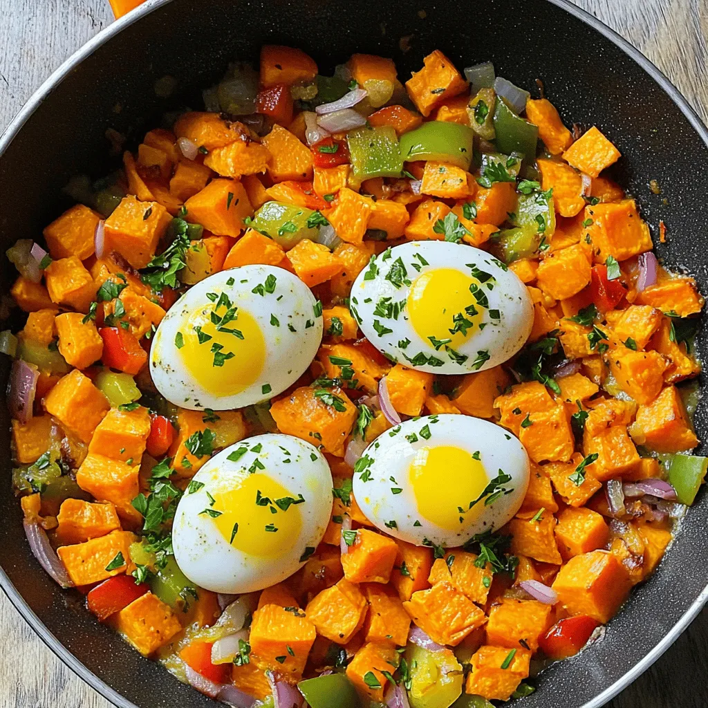 - 2 medium sweet potatoes - 1 red bell pepper - 1 green bell pepper - 1 small red onion - 2 cloves garlic - 1 teaspoon smoked paprika - 1/2 teaspoon ground cumin - 1/4 teaspoon cayenne pepper - Salt and pepper to taste - 3 tablespoons olive oil - 4 large eggs - Fresh parsley or cilantro for garnish Sweet potato breakfast hash is a colorful and healthy dish. The sweet potatoes give it a rich taste and texture. You can easily find these ingredients at your local store. The spices add warmth and depth. Smoked paprika brings a hint of smokiness. Ground cumin adds an earthy flavor that pairs well with sweet potatoes. Cayenne pepper gives it a kick, but you can skip it if you want less heat. Olive oil is perfect for cooking. It helps to crisp the sweet potatoes and makes the dish flavorful. Fresh herbs like parsley or cilantro add brightness and color when you garnish your hash. For the full recipe, check out the cooking section. - Begin with peeling and dicing sweet potatoes. Cut them into small cubes for even cooking. - Chop the red and green bell peppers into bite-sized pieces. Dice the red onion and mince the garlic. - Heat 3 tablespoons of olive oil in a large skillet over medium heat. This helps the sweet potatoes cook nicely. - Add the diced sweet potatoes to the skillet and season them well with salt, pepper, smoked paprika, and ground cumin. Stir everything together to coat the sweet potatoes. - Cover the skillet with a lid and cook for about 10-15 minutes. Stir occasionally until the sweet potatoes are tender and slightly caramelized. - In another smaller skillet, heat the remaining tablespoon of olive oil. Add the diced red onion and minced garlic. Sauté for about 2-3 minutes until they become fragrant and translucent. - Now, add the chopped bell peppers to the onion and garlic mixture. Keep sautéing for another 5-7 minutes until the peppers are tender. - Once the sweet potatoes are cooked, add the onion and pepper mixture into the skillet with the sweet potatoes. Stir everything together and cook for another 2-3 minutes. - Create four small wells in the mixture and crack an egg into each well. Cover the skillet and let the eggs cook for about 5-7 minutes. The whites should be set, but the yolks should remain runny. - Finally, remove the skillet from the heat and garnish the hash with freshly chopped parsley or cilantro. Enjoy your hearty and filling Sweet Potato Breakfast Hash! For more details, check the Full Recipe. - Use a non-stick skillet for easier cooking and cleanup. - Make sure to stir sweet potatoes occasionally for even cooking. Cooking sweet potatoes well is key. If you don’t stir them, some may burn while others stay raw. A non-stick skillet helps keep the potatoes from sticking. This saves you time and makes cleanup easy. - Serve hot with a drizzle of hot sauce. - Pair with avocado slices or crusty bread. I love to serve my hash hot right from the skillet. It keeps the meal cozy and inviting. A drizzle of hot sauce adds a nice kick. You can also add fresh avocado slices for creaminess. Crusty bread is great too, as it soaks up all the flavors. - Add proteins like sausage or bacon. - Include additional veggies like spinach or zucchini. Feel free to make this hash your own! You can add proteins like sausage or bacon for more flavor. If you want to pack in more veggies, spinach or zucchini works well. These additions boost texture and taste, making your breakfast even more satisfying. Check out the Full Recipe for more ideas! {{image_2}} You can easily mix up the sweet potato breakfast hash by changing some ingredients. Swap sweet potatoes for regular potatoes or butternut squash. Each option brings its own taste and texture. You can also try different colors of bell peppers. Red, yellow, and orange peppers add brightness and flavor. This simple swap can make your dish more fun and colorful. Let your taste buds explore new flavors. Experiment with herbs like thyme or rosemary for a fresh twist. These herbs can give your hash a lovely aroma. You can also add cheese to make it creamy. Feta or cheddar work great here. Just sprinkle it on top before serving for a rich flavor. If you want a vegan version, there are easy swaps. Replace eggs with tofu scramble or a chickpea flour scramble. Both options provide protein and taste great. Use olive oil or vegan butter for cooking. This keeps the dish plant-based. You can still enjoy a hearty meal without the eggs. Store leftover hash in an airtight container. This keeps it fresh and tasty. You can keep it in the fridge for up to 4 days. Make sure to cool it down before sealing. If you want to save some for later, freeze it in single portions. This makes reheating easy. When you're ready to eat, thaw it completely before reheating on the stove. This helps keep the flavor and texture. To reheat, place the hash in a skillet on medium heat. This method gives the best results. Add a splash of water or broth while reheating. This prevents it from drying out. Enjoy your delicious meal again! Total time is approximately 30 minutes with a prep time of 10 minutes. You can enjoy this hearty dish quickly, making it perfect for busy mornings. Yes, you can prepare the mixture and store it before adding eggs. This saves time and makes breakfast easier. Just heat it up and add the eggs when you are ready to eat. This dish pairs well with toast, avocado, or fresh fruit. These sides add flavor and nutrition. You can mix and match to find your favorite combination. For more details on how to prepare this delicious meal, check the Full Recipe. This Sweet Potato Breakfast Hash is simple and delicious. You learned how to prepare it using fresh ingredients and spices. I shared tips on cooking, serving, and even customizing your hash. Don’t forget about storage options for your leftovers. Experiment with different ingredients to make it your own. Whether you add proteins or switch to vegan options, the flavor will shine. Enjoy this dish as a quick breakfast or a hearty brunch with friends. It’s versatile and satisfying—perfect for starting your day right!