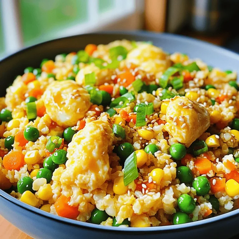 - 1 medium head of cauliflower, grated or processed into rice-sized pieces - 1 cup mixed vegetables (peas, carrots, corn) - 2 green onions, sliced - 2 cloves garlic, minced - 2 eggs, lightly beaten - 3 tablespoons soy sauce (or tamari for gluten-free option) - 1 tablespoon sesame oil - 1 tablespoon olive oil - Salt and pepper to taste - Optional: 1 teaspoon grated ginger for an extra kick Cauliflower fried rice is a great dish. It is healthy and tasty. The base is cauliflower, which I love. It mimics rice well. Plus, it has lots of good nutrients. Cauliflower is low in calories and carbs. This makes it great for many diets. It is also high in fiber and vitamins. Fiber helps digestion, while vitamins boost health. Cauliflower contains antioxidants too. These can help protect your body from damage. You will need some tools to make this dish. You need a food processor or box grater. This helps make the cauliflower rice. A large skillet or wok is also needed. It cooks everything evenly. Don’t forget your cooking utensils. They make mixing and serving easier. You can find the full recipe above. This dish is simple and quick to make. Enjoy trying it out! Preparing the cauliflower First, remove the leaves and stem of the cauliflower. Cut the head into smaller florets. This makes it easier to rice. Grating the cauliflower Use a food processor or box grater to pulse the florets until they look like rice grains. Take your time to get a fine texture. Set the riced cauliflower aside for later. Heating the oil and sautéing garlic In a large skillet or wok, heat the olive oil over medium-high heat. Add minced garlic and grated ginger if you like a kick. Cook for about 30 seconds. The smell will be amazing! Adding vegetables and eggs Next, toss in your mixed vegetables. Stir them often for about 4-5 minutes. You want them heated through and slightly tender. Push the veggies to one side of the skillet, and pour the beaten eggs into the other side. Scramble the eggs until they fully cook. Mixing in the riced cauliflower Now, add the riced cauliflower to the skillet. Mix it with the eggs and veggies. Pour in the soy sauce and sesame oil. Stir well to combine everything. Cook for an extra 5-7 minutes. This lets the cauliflower soften a bit but not get mushy. Seasoning and garnishing Season with salt and pepper to your taste. Toss in the sliced green onions right before serving. This adds a fresh taste and looks great. Enjoy your cauliflower fried rice! For a detailed guide, check the Full Recipe. To make your cauliflower fried rice perfect, focus on cooking times and techniques. Start by heating the oil in your skillet over medium-high heat. This helps to cook the garlic quickly and keeps it from burning. Sauté the garlic for only about 30 seconds. This releases its flavor without bitterness. When you add the mixed vegetables, stir them often for about 4-5 minutes. This keeps them tender-crisp and colorful. Balancing flavors is key. Use soy sauce for umami and sesame oil for richness. Adjust these amounts to fit your taste. Don’t skip the salt and pepper; they enhance the dish. If you like a bit of heat, add grated ginger or a pinch of red pepper flakes. Presentation matters. Serve your cauliflower fried rice in a large bowl or on individual plates. Garnish with fresh green onions and a sprinkle of sesame seeds. This makes the dish pop visually. You can also add slices of avocado for creaminess or lime wedges for zest. Pair this dish with proteins like grilled chicken, shrimp, or tofu. These choices add more flavor and nutrients. Cauliflower fried rice also works well as a side dish with your favorite Asian meals. One big mistake is overcooking the cauliflower. This can turn it mushy. Cook it just enough to soften but still keep some bite. Remember, you want a nice texture. Another mistake is skipping ingredient prep steps. Prep your vegetables and cauliflower before cooking. This helps everything cook evenly and saves time during the cooking process. If you miss this step, you may end up with unevenly cooked rice. For a full step-by-step guide, check out the Full Recipe. {{image_2}} You can easily make your cauliflower fried rice vegan or egg-free. Simply skip the eggs or replace them with tofu. Scramble the tofu in the pan until golden brown. This keeps the dish flavorful and adds protein. For a gluten-free option, use tamari instead of soy sauce. Tamari tastes similar but has no gluten. It’s a great way to keep the flavor while meeting dietary needs. You can add protein to your fried rice for an extra boost. Chicken, shrimp, or tofu work great. Just cook them in the skillet first. Remove them before adding the veggies and cauliflower. Mix them back in at the end. Feel free to switch up the vegetables too. Broccoli, bell peppers, or snap peas add color and crunch. Adding spices like cumin or curry powder can give your dish a unique twist. You can create Asian-inspired variations by adding ingredients like bok choy or sesame seeds. These give a nice crunch and flavor. For a fun twist, explore herbs and spices from other cuisines. Try adding cilantro or lime for a Mexican flair. Or use curry powder for an Indian taste. The options are endless and delicious! For the complete recipe, check the Full Recipe section. To store leftover cauliflower fried rice, place it in an airtight container. This keeps the moisture in and prevents odors from other foods. Make sure the rice is cool before sealing. Properly stored, it lasts about 3 to 4 days in the fridge. Always check for any off smells or signs of spoilage before eating. Freezing is a great way to extend the life of your cauliflower fried rice. To freeze, let it cool completely. Then, portion it into freezer-safe bags or containers. Squeeze out as much air as possible to prevent freezer burn. It can last up to 3 months in the freezer. When you're ready to eat, take it out and let it thaw in the fridge overnight. For quick thawing, you can microwave it on low. You can reheat cauliflower fried rice in two ways: the microwave or stovetop. For microwave reheating, place it in a bowl and cover it with a damp paper towel. This keeps it moist. Heat for 1-2 minutes, stirring halfway through. For stovetop reheating, use a skillet over medium heat. Add a splash of water or oil to help steam it. Stir occasionally until heated through. This method helps maintain its texture and flavor better than the microwave. For the best taste, avoid overcooking. Enjoy your meal with confidence knowing you stored it well! For the full recipe, check out the details above. Yes, you can use frozen cauliflower rice. Just heat it in the skillet for about 5-7 minutes. You can skip the grating step. Frozen rice cooks quickly and saves time. Yes, cauliflower fried rice is low in carbs. It has about 5 grams of carbs per serving. This is much lower than regular rice, which has about 45 grams. Cauliflower is a great choice for low-carb diets. To add spice, try these options: - Add red pepper flakes for heat. - Use sriracha or chili garlic sauce. - Stir in diced jalapeños for fresh flavor. These additions will give your dish a nice kick. You can use different sauces for flavor. Here are some options: - Coconut aminos for a sweet touch. - Hoisin sauce for a sweet and savory mix. - A splash of rice vinegar for tanginess. These sauces can change the flavor profile. Cut your vegetables small and even. This helps them cook faster and more evenly. Here are some tips: - Dice carrots and bell peppers into small pieces. - Slice green onions thinly for easy mixing. - Use a sharp knife for clean cuts. This ensures a great texture in your fried rice. Cauliflower fried rice is a healthy, tasty dish filled with veggies. You learned how to prepare it, with cooking tips and variations to suit your taste. Remember to avoid common mistakes like overcooking the cauliflower. This dish is easy to customize with proteins or spices. Enjoy making this dish for your family. It’s a fun way to eat healthy while exploring different flavors. You have the tools and knowledge to create a delicious meal that everyone will love. Happy cooking!