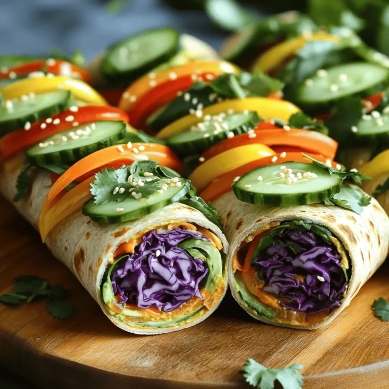 - 4 large whole grain or spinach tortillas - 1 cup hummus (store-bought or homemade) - 1 cup shredded purple cabbage - 1 cup grated carrots - 1 cup diced cucumber - 1 red bell pepper, thinly sliced - 1 yellow bell pepper, thinly sliced - 1 avocado, sliced - 1 cup baby spinach - 2 tablespoons sesame seeds (optional) - Salt and pepper to taste - Fresh cilantro or mint leaves for garnish (optional) I love using fresh, colorful ingredients for these wraps. You can choose whole grain or spinach tortillas, which add a healthy touch. Hummus is the perfect spread. It adds creaminess and flavor. You can buy it or make your own! Next, I like to fill my wraps with a mix of veggies. Shredded purple cabbage gives a nice crunch. Grated carrots add sweetness. Diced cucumber brings a refreshing bite. The red and yellow bell peppers add vibrant colors and taste. Don't forget the avocado! It adds a creamy texture and healthy fats. Baby spinach is a great green option. You can also sprinkle sesame seeds on top for an extra crunch. A pinch of salt and pepper can boost the flavors. If you want to make it pretty, garnish with fresh herbs like cilantro or mint. These simple, fresh ingredients make your rainbow veggie wraps taste amazing. For the full recipe, check out the instructions on how to put it all together! 1. Lay out a tortilla on a clean surface. 2. Spread about 1/4 cup of hummus evenly across the tortilla. Leave an inch at the edges. 3. Start from one end. Place a handful of baby spinach down the center. 4. Add shredded purple cabbage, grated carrots, and diced cucumber on top of the spinach. 5. Layer thinly sliced red and yellow bell peppers. Mix the colors. 6. Top with avocado slices. Sprinkle salt and pepper for taste. 7. If you want, add sesame seeds for extra crunch. 8. Fold the sides of the tortilla over the filling. Roll tightly from the bottom to the top. 9. Repeat this with the rest of the tortillas and ingredients. 10. Slice each wrap in half diagonally. Arrange them on a platter. 11. Garnish with cilantro or mint leaves, if desired. Serve right away. - For a colorful display, arrange the wraps on a bright plate. - Pair these wraps with side dishes like fresh fruit or a light salad. - Try dipping sauces like tzatziki or a simple vinaigrette for added flavor. I enjoy making these rainbow veggie wraps because they are fresh and fun. You can find the full recipe above. To keep your veggies fresh and crisp, store them in a sealed bag. This helps them stay crunchy. Use fresh produce from local markets. Buy only what you need to reduce waste. Choosing the right tortillas is key. Whole grain or spinach tortillas add flavor and nutrition. They also hold up well when filled. For fillings, mix colors and textures. Use a range of veggies to create a rainbow effect. You can enhance flavor by adding spices or dressings. Try a sprinkle of chili powder for heat. A drizzle of balsamic glaze adds tang. You can also mix herbs into your hummus for extra zest. For toppings, consider adding nuts or seeds. They add crunch and healthy fats. You could also use sliced olives or pickled onions for a bold taste. These options bring new life to your wraps. {{image_2}} You can make these wraps your own. Start by adding protein. Chickpeas, beans, and tofu work great. They add flavor and make the wraps filling. You can mash chickpeas or use black beans. Tofu can be cubed or crumbled. Each option brings a unique taste to your meal. Now, think about vegetables. Use seasonal picks to keep things fresh. In spring, try asparagus or radishes. In summer, add zucchini or tomatoes. Autumn brings squash and kale. Winter calls for hearty greens like collards. You can also toss in herbs like basil or dill for extra flavor. These wraps fit many diets. If you need gluten-free options, choose rice or corn tortillas. They are easy to find and taste great. For a vegan twist, skip the hummus with dairy. Instead, blend your own using tahini and lemon juice. Low-carb folks can swap tortillas for lettuce leaves. Romaine or butter lettuce works well. They hold fillings nicely and add a crispy bite. This way, you enjoy all the flavors without the carbs. Try the full recipe for more ideas on making your wraps vibrant and tasty! To keep leftover wraps fresh, wrap them tightly in plastic wrap or foil. This helps to seal in moisture and flavor. Store the wrapped veggie wraps in the fridge. They will stay good for about 2 to 3 days. If you notice any sogginess, it's best to eat them soon. If you want to save them for later, you can freeze the wraps. First, wrap each one in plastic wrap. Then place them in a freezer-safe bag. They can last up to 2 months in the freezer. When you are ready to eat, remove a wrap from the freezer. Let it thaw in the fridge overnight. To reheat, you can use a microwave or a skillet. If using a microwave, heat it on low power for about 1 minute. For a skillet, heat on medium for about 5 minutes, turning occasionally. This will help keep the wrap warm and tasty. Enjoy your Rainbow Veggie Wraps from the [Full Recipe] anytime! How to make rainbow veggie wraps healthier? You can make rainbow veggie wraps healthier by adding more greens and using less hummus. Try using a whole grain or spinach tortilla. You can also swap regular hummus for a lower-fat version. Add more crunchy veggies like radishes or jicama for extra fiber. Can I prep these wraps in advance? Yes, you can prepare these wraps in advance. Wrap them tightly in plastic wrap or foil. Store them in the fridge for up to 24 hours. Just remember, the veggies will lose some crunch over time, so enjoy them fresh when you can. What dipping sauces pair well with veggie wraps? Dipping sauces can add more flavor to your wraps. Try a simple tzatziki sauce made with yogurt, cucumber, and garlic. A spicy sriracha mayo also works well. You can use balsamic glaze for a sweet touch or a soy-based sauce for a savory kick. Are rainbow veggie wraps nutritious? Yes, rainbow veggie wraps are very nutritious. They are packed with vitamins and minerals from fresh vegetables. The hummus adds protein and healthy fats, making these wraps balanced and satisfying. How many calories are in one veggie wrap? One rainbow veggie wrap has about 250 to 300 calories. This can vary based on the ingredients you choose. If you add extra toppings or sauces, the calorie count may increase. What are the health benefits of the ingredients? Each ingredient in the rainbow veggie wraps offers health benefits: - Cabbage is rich in vitamins K and C. - Carrots provide beta-carotene, good for vision. - Cucumbers are hydrating and low in calories. - Bell peppers are high in vitamin C. - Avocado offers healthy fats for heart health. - Spinach is loaded with iron and calcium. This mix makes a colorful and nutritious meal! You learned how to make tasty veggie wraps using simple ingredients. With fresh veggies and hummus, you can create colorful meals for any time. Use the tips to keep your wraps crisp and flavorful. Experiment with proteins and toppings to suit your taste. Store leftovers properly, so nothing goes to waste. Whether for lunch or a snack, these wraps are healthy and versatile. Now, you can enjoy your delicious creations anytime!