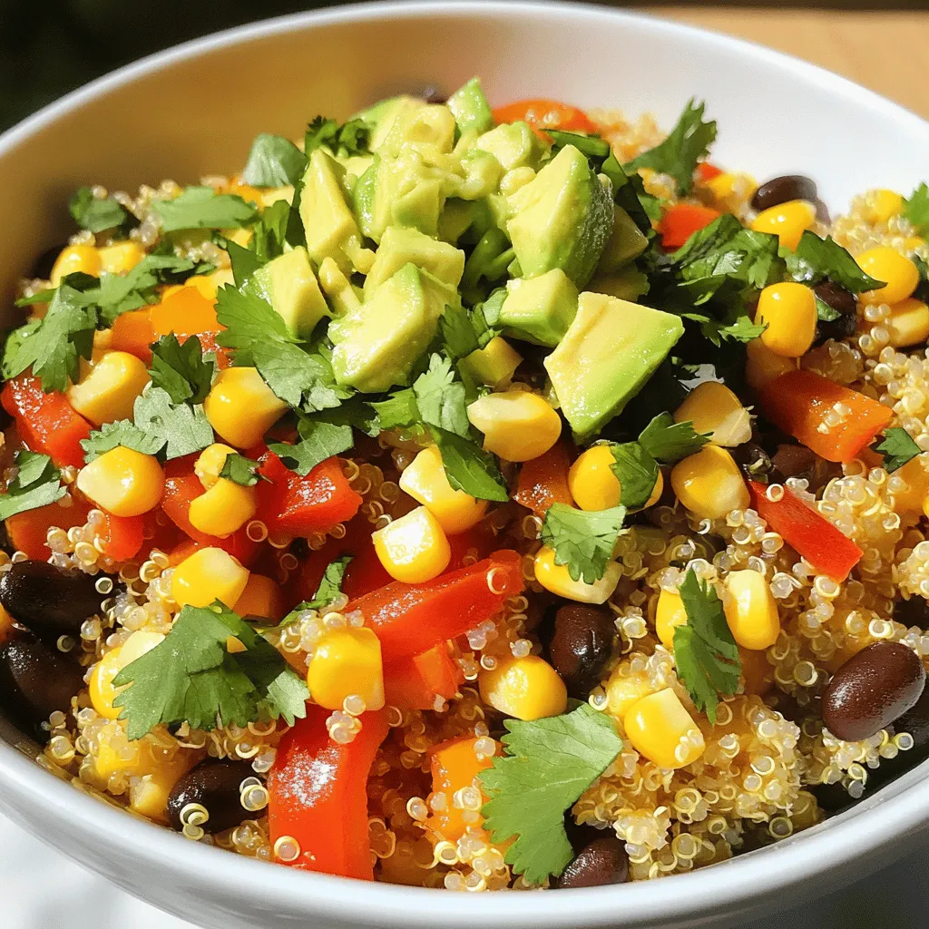 To make the Spicy Southwest Veggie Bowl, gather these ingredients: - 1 cup quinoa, rinsed and drained - 2 cups vegetable broth - 1 can black beans, drained and rinsed - 1 cup corn kernels (fresh or frozen) - 1 red bell pepper, diced - 1 jalapeño pepper, diced (seeds removed for less heat) - 1 avocado, diced - 1 teaspoon ground cumin - 1 teaspoon smoked paprika - 1 teaspoon chili powder - Salt and pepper to taste - 2 tablespoons olive oil - Juice of 1 lime - Fresh cilantro leaves for garnish This bowl is packed with nutrients. Each serving offers a good balance of protein, fiber, and healthy fats. Quinoa gives you complete protein, while black beans add more fiber and protein. Avocado provides healthy fats. Here’s a simple breakdown per serving: - Calories: 350 - Protein: 12g - Carbohydrates: 55g - Fiber: 15g - Fat: 12g This recipe is perfect for many diets. It is vegan since it contains no animal products. It is also gluten-free. Quinoa is a great grain choice for those avoiding gluten. Feel free to adjust toppings to fit your needs. You can add or swap veggies as you like. Enjoy the flavors while keeping it healthy! For the full recipe, check the instructions above. To start, rinse the quinoa under cool water. This removes any bitter taste. In a medium saucepan, combine 1 cup of quinoa and 2 cups of vegetable broth. Bring the mix to a boil over high heat. Once it boils, lower the heat to a gentle simmer. Cover the pot and let it cook for about 15 minutes. The quinoa will absorb the broth and become fluffy. After 15 minutes, take it off the heat and let it sit for 5 more minutes, still covered. This step helps it finish cooking perfectly. While the quinoa cooks, grab a large skillet. Heat 2 tablespoons of olive oil over medium heat. Once hot, add 1 diced red bell pepper and 1 diced jalapeño pepper (remove the seeds for less heat). Sauté these for about 5 minutes. You want them to soften but not brown. Next, stir in 1 cup of corn kernels and 1 can of black beans (drained and rinsed). Add 1 teaspoon of ground cumin, 1 teaspoon of smoked paprika, 1 teaspoon of chili powder, and salt and pepper to taste. Cook this mixture for another 5 minutes. This will blend all the flavors together. Now it’s time to put everything together. Fluff the cooked quinoa with a fork and transfer it to a large serving bowl. Layer the sautéed veggie mix over the quinoa. Top it off with 1 diced avocado and a squeeze of lime juice. For a finishing touch, garnish with fresh cilantro leaves. You can also add extra lime wedges on the side for those who want more zing. This colorful and tasty dish is now ready to enjoy! For the complete recipe, check the Full Recipe section. To cook quinoa perfectly, I always use a ratio of 1 cup of quinoa to 2 cups of vegetable broth. Rinse the quinoa well before cooking to remove any bitterness. Bring the broth to a boil, then lower the heat to simmer. Cover the pot and cook for about 15 minutes. After cooking, let it sit for 5 minutes. This step makes the quinoa fluffy. Fluff it with a fork before serving. This simple method ensures great texture every time. Spices can change the flavor of your Spicy Southwest Veggie Bowl. If you want more heat, add extra jalapeños or a pinch of cayenne pepper. For a smoky taste, use more smoked paprika. You can also try different herbs like oregano or thyme. Experiment with your favorite spices to find what you love best. Each change adds a new twist to your bowl. For sautéing, I heat olive oil in a large skillet first. Medium heat works well to avoid burning. Add the bell pepper and jalapeño, cooking them until soft. Stir often for even cooking. After that, mix in the corn and black beans with spices. This method keeps the veggies crisp and full of flavor. The goal is to get them tender but not mushy. Enjoy the bright colors and fresh taste in every bite. {{image_2}} To boost your Spicy Southwest Veggie Bowl, try adding protein. Tofu and tempeh work great. Tofu is soft and absorbs flavors well. Tempeh has a firm texture and nutty taste. - Tofu: Cut it into cubes and sauté it with the veggies. This adds creaminess and protein. - Tempeh: Crumble it and cook it with spices. It adds a hearty bite to your meal. Both options are healthy and make your bowl filling. You can also marinate them in lime juice for extra flavor. While quinoa is fantastic, other grains can add variety. Brown rice and farro are excellent choices. - Brown Rice: It is chewy and has a nutty flavor. Cook it in vegetable broth for added taste. - Farro: This ancient grain is hearty and nutritious. It takes a bit longer to cook but is worth it. These grains can change the texture and taste of your bowl. Mixing grains can also add fun colors and flavors. To make your bowl pop, try different salsas and dressings. They can elevate your meal. - Salsas: Fresh salsa or mango salsa can add sweetness and zest. You can also use corn salsa for a crunch. - Dressings: A lime vinaigrette or chipotle dressing can give it a spicy kick. Drizzle it over the top for a burst of flavor. Experiment with these to find your favorite combo. Each addition brings a new taste to the Spicy Southwest Veggie Bowl, making it more fun to eat. Enjoy exploring these variations! To store your Spicy Southwest Veggie Bowl leftovers, let them cool first. Use an airtight container. Place the leftovers in the container and seal it tight. Store in the fridge for up to three days. This dish keeps well and tastes great the next day. If you want to freeze your veggie bowl, portion it into smaller servings. Use freezer-safe containers or bags. Make sure to remove as much air as possible. You can freeze the leftovers for up to three months. Keep in mind that the texture of the avocado may change once thawed. When it's time to eat, take the bowl out of the fridge or freezer. If frozen, thaw it in the fridge overnight. To reheat, you can use a microwave. Heat on medium power for about two minutes, stirring halfway. You can also reheat it in a skillet on low heat. Add a splash of water to keep it moist. Enjoy your meal as if it was fresh! For the full recipe, check out the earlier section. You can use brown rice instead of quinoa. It has a similar texture. Another option is farro, which adds a nice chew. Couscous works well, too, if you want a quick cook time. Just remember to adjust the liquid based on the grain you choose. To pump up the heat, add more jalapeño. You can also toss in some diced serrano peppers. If you like it really hot, use a dash of cayenne pepper. A sprinkle of hot sauce before serving is another great way to spice it up. Absolutely! Use what you have on hand. Zucchini and mushrooms are great options. Spinach or kale can add a nice green touch. Just remember to keep the cooking time in mind so everything cooks evenly. Yes, you can prepare the quinoa and veggies ahead of time. Store them separately in airtight containers. When you’re ready to eat, just warm them up and assemble your bowl. This makes it a great meal prep option! Your Spicy Southwest Veggie Bowl can last in the fridge for up to four days. Be sure to check for freshness before eating. If you notice any off smells or changes in texture, it's best to discard it. Yes! This bowl is perfect for meal prep. You can make a big batch and portion it out. Just keep the avocado separate until serving to prevent browning. You can also add fresh lime juice to help keep it looking fresh. Yes, frozen vegetables work well in this recipe. They are convenient and can save you time. Just make sure to thaw and drain them to avoid excess water. This keeps your bowl from becoming soggy. Of course! Adding a sprinkle of cheese can enhance the flavor. Feta or cotija cheese are great choices to complement the spices. Just be mindful of the added calories if you are watching your intake. A light salad pairs nicely with this bowl. You can also serve it with tortilla chips for crunch. If you want something warm, roasted sweet potatoes make a good side. They add a nice sweetness that balances the spices. This blog post covered all you need for a tasty veggie bowl. We looked at key ingredients and their nutrition. You learned how to cook quinoa and sauté veggies. We shared tips for perfect cooking and spice choices. Plus, I gave you tasty variations and storage advice. Remember, cooking is fun and allows creativity. Enjoy making your own healthy meals!