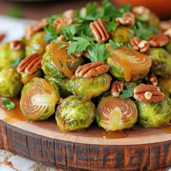 - 1 lb Brussels sprouts, trimmed and halved - 3 tablespoons olive oil - 1/4 cup pure maple syrup - 2 tablespoons balsamic vinegar - 1 teaspoon Dijon mustard - 2 cloves garlic, minced - 1/2 teaspoon salt - 1/4 teaspoon black pepper - 1/4 teaspoon red pepper flakes (optional) - 1/4 cup chopped pecans - Fresh parsley, chopped The main ingredients for my maple glazed Brussels sprouts are simple yet flavorful. You start with fresh Brussels sprouts. Halve them for even cooking. Next, you’ll need olive oil. It adds a lovely richness. The star of this dish is pure maple syrup. It brings a sweet touch to balance the sprouts' natural bitterness. Balsamic vinegar adds a hint of tang. The Dijon mustard ties it all together with a bit of spice. For spices, you'll need minced garlic, salt, black pepper, and red pepper flakes if you like some heat. The garlic adds a warm flavor. The salt and pepper enhance all the taste. Lastly, for a crunchy finish, I use chopped pecans and fresh parsley. The pecans add texture, while the parsley gives a fresh burst. These ingredients combine to make a dish that is not just tasty, but also a feast for the eyes. Check the Full Recipe for precise amounts and instructions. 1. Preheat oven to 400°F (200°C). This helps the Brussels sprouts roast evenly. 2. Combine Brussels sprouts with olive oil, salt, and seasonings. In a large bowl, add 1 lb of trimmed and halved Brussels sprouts. Pour in 3 tablespoons of olive oil, 1/2 teaspoon of salt, and a dash of black pepper. Toss until well coated. 1. Spread Brussels sprouts on a baking sheet. Line your baking sheet with parchment paper for easy cleanup. Arrange the Brussels sprouts in a single layer. This step is important to get them crispy. 2. Roast for 20-25 minutes until golden brown. Check halfway through and stir them around. This helps them cook evenly and get that nice golden color. 1. Combine glaze ingredients in a saucepan. In a small saucepan, mix 1/4 cup pure maple syrup, 2 tablespoons balsamic vinegar, 1 teaspoon Dijon mustard, and 2 minced garlic cloves. 2. Simmer until thickened, about 5 minutes. Heat on medium and stir often until the mixture bubbles gently. Then reduce the heat and let it simmer. You want it to thicken up a bit so it clings to the sprouts well. For a full recipe, check out the details above. Enjoy this simple yet flavorful dish! To get the best out of your Brussels sprouts, spread them in a single layer on your baking sheet. This step helps them roast evenly. If the sprouts overlap, some parts will steam instead of roast. Stir them halfway through cooking. This action ensures all sides get that nice golden brown color. You can add more flavor with spices like smoked paprika or garlic powder. These spices give a nice twist. If you want to change the sweetness, add more maple syrup. For a tangy touch, increase the balsamic vinegar. Adjust these flavors to suit your taste. Presentation matters! Serve your sprouts warm on a nice platter. Top with extra pecans and parsley for a pop of color. Pair them with roasted chicken or grilled salmon for a great meal. They also fit nicely with holiday dishes, making them a favorite at family gatherings. For the full recipe, check out the detailed instructions above. {{image_2}} You can switch up the recipe using different nuts or seeds for garnish. Try walnuts, almonds, or sunflower seeds. Each option brings a new crunch and flavor. You can also substitute maple syrup with honey or agave. This gives a different sweetness, making it fun to taste. To make this dish vegan, simply ensure your maple syrup is pure. It already fits this diet, and the other ingredients are vegan too. If you want a gluten-free option, this recipe is perfect as it contains no gluten. You can also reduce calories by cutting back on olive oil or using less maple syrup. You won't lose flavor with these changes. Incorporating seasonal vegetables can enhance this dish. Try adding carrots or sweet potatoes in the fall. In the spring, fresh peas can add a nice touch. Adjust your ingredients based on what's fresh and available at the market. This keeps the dish exciting and flavorful throughout the year. For the full recipe, check out the main article. To keep your maple glazed Brussels sprouts fresh, store them in an airtight container. Place them in the fridge right after they cool down. They stay good for about three days. When reheating, use a skillet over medium heat. This method helps to keep their crispness. Avoid using a microwave, as it can make them soggy. You can freeze Brussels sprouts, but it’s best to do it before cooking. Blanch them in boiling water for two minutes, then cool in ice water. Drain and pack them in freezer bags. They can last up to six months in the freezer. When you’re ready to eat them, thaw overnight in the fridge. Reheat in a skillet or roast from frozen for a tasty meal. In the fridge, cooked Brussels sprouts last for about three days. If you freeze them, they can last up to six months without losing too much flavor. Look for signs of spoilage like a bad smell, discoloration, or mushy texture. If you see these, it’s best to throw them out. To make maple glazed Brussels sprouts, follow these simple steps: 1. Preheat your oven to 400°F (200°C). 2. Take 1 lb of Brussels sprouts, trim them, and cut them in half. 3. In a large bowl, mix the halved sprouts with 3 tablespoons of olive oil, 1/2 teaspoon of salt, and 1/4 teaspoon of black pepper. You can add red pepper flakes for a kick. 4. Spread the Brussels sprouts on a baking sheet in a single layer. 5. Roast for 20-25 minutes until they are golden brown. 6. While they roast, make the glaze. In a saucepan, combine 1/4 cup pure maple syrup, 2 tablespoons balsamic vinegar, 1 teaspoon Dijon mustard, and 2 minced garlic cloves. Heat until it simmers and thickens. 7. Once the sprouts are done, drizzle the glaze over them and toss well. 8. Serve with 1/4 cup of chopped pecans and fresh parsley on top. For the full recipe, check the details above. Yes, you can prepare this dish ahead of time. Here are some tips: - Prep the Brussels sprouts: Trim and halve them a day before. Store them in an airtight container in the fridge. - Make the glaze: You can cook the maple glaze and store it in the fridge for up to a week. Just reheat it before using. - Roast before serving: It’s best to roast the sprouts just before serving for maximum crunch. Maple glazed Brussels sprouts pair well with many dishes. Here are some ideas: - Main dishes: Serve these sprouts with roasted chicken, pork chops, or grilled salmon. - Holidays or special occasions: This dish is perfect for Thanksgiving or Christmas dinners. Its sweet and savory flavor adds a festive touch. Absolutely! Maple glazed Brussels sprouts are great for meal prep. Here's how: - Storage: Store leftovers in the fridge in an airtight container for up to 4 days. - Portioning: Divide the sprouts into single servings for easy reheating. Just warm them in the oven or microwave when ready to eat. Enjoy your cooking adventure! In this blog post, you learned how to make delicious maple glazed Brussels sprouts. We covered the main ingredients, the steps to prepare and roast, and tips to enhance flavor. You also discovered variations and storage methods. These Brussels sprouts are not only tasty but fun to make. Whether for a meal or a special occasion, they can impress everyone at the table. Enjoy trying this recipe and add your twist. Make it yours!