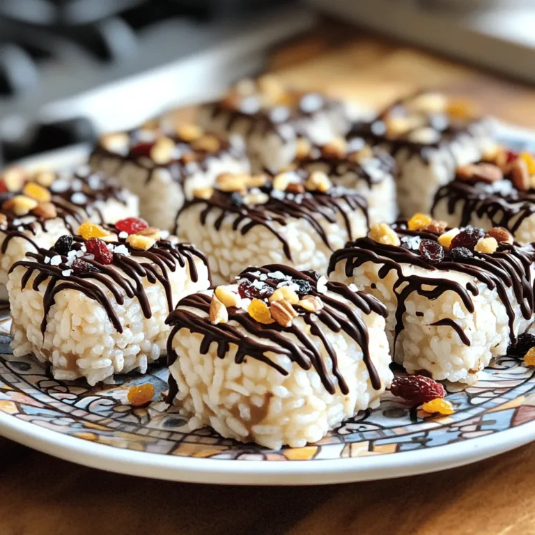 - 4 plain rice cakes - 1 cup dark chocolate chips - 2 tablespoons coconut oil Plain rice cakes serve as a perfect base. They are light and crunchy. Dark chocolate chips bring rich flavor and sweetness. Coconut oil adds smoothness and helps chocolate melt well. - 1/4 cup almond butter - 1/4 cup chopped nuts (almonds, walnuts, or pecans) - 1/4 cup dried fruit (cranberries, raisins, or apricots) Almond butter gives a nutty taste and creamy texture. Chopped nuts add crunch and nutrition. Dried fruit offers sweetness and color. - Sea salt - Sprinkles or coconut flakes Sea salt enhances flavors and balances sweetness. Sprinkles or coconut flakes add fun and extra texture. For the full recipe, check the complete instructions. To melt chocolate chips and coconut oil, you will need a microwave-safe bowl. Start by adding one cup of dark chocolate chips and two tablespoons of coconut oil into the bowl. Heat them in the microwave in 30-second intervals. Stir the mix after each interval until it becomes smooth. This method helps prevent burning. You want a silky texture for easy drizzling. Next, lay out four plain rice cakes on a baking sheet. It’s best to use parchment paper for easy cleanup. Once the rice cakes are arranged, take about a tablespoon of almond butter. Spread it evenly over each rice cake. Make sure to cover as much surface as possible for a tasty bite. Now, it’s time to drizzle! Use a spoon to pour the melted chocolate over the almond butter in a fun zigzag pattern. This makes it look appealing and adds flavor. While the chocolate is still warm, sprinkle your choice of chopped nuts and dried fruit over the top. This adds crunch and sweetness. Finally, sprinkle a pinch of sea salt on each rice cake. This step enhances the sweetness and makes the flavors pop. Once you’re done, place the baking sheet in the fridge for 15-20 minutes. This allows the chocolate to set perfectly. For the full recipe, check out the section above. Enjoy your delicious snacks! You can switch almond butter for peanut butter. Peanut butter adds a rich, nutty taste. It also pairs well with chocolate. If you prefer a different flavor, try sunflower seed butter. This option is nut-free and still creamy. You can also change the type of chocolate. Use milk chocolate for a sweeter treat. White chocolate adds a fun twist with its creamy taste. Dark chocolate gives a richer flavor. Choose what you like best for your rice cakes. For special occasions, serve these snacks on a fancy plate. Add some colorful fruit or edible flowers for a pop of color. You can even stack the rice cakes for height. This looks great and makes them easy to grab. Garnish with a drizzle of extra chocolate. You can also sprinkle some chopped nuts on top. Another idea is to add a small bowl of extra almond butter for dipping. This makes the snack feel even more special. To store leftover snacks, keep them in an airtight container. This helps them stay fresh. Place parchment paper between layers to avoid sticking. You can store them in the fridge for up to a week. For the best containers, use glass or plastic with tight lids. These keep your rice cakes safe and tasty. Avoid metal containers, as they can change the flavor. Enjoy your snacks later without worry! {{image_2}} You can change the nut butter for fun. Try peanut butter or cashew butter. Each nut butter adds its own taste. You can also sprinkle in spices. A dash of cinnamon gives warmth. A pinch of cayenne adds a kick. These flavors make your rice cakes unique and tasty. Seasonal toppings keep your snacks fresh. In fall, use pumpkin seeds and dried figs. They bring a cozy vibe. For summer, think light and fruity. Fresh berries or mini marshmallows work well. These toppings make each season special and fun to eat. Looking for healthier options? Use low-sugar chocolate. It cuts back on sweetness but keeps the taste. Whole grain rice cakes are another great choice. They add fiber and nutrients. These swaps help you enjoy your snack while staying healthy. For the full recipe, check out the detailed instructions and enjoy making these delicious treats! Rice cake snacks are light and crunchy treats made from puffed rice. They come in many flavors but plain rice cakes are the most common base. Their mild taste makes them a great canvas for toppings. You can add sweet or savory spreads, making them fun for all ages. This flexibility is why they appeal to many snack lovers. You can enjoy them as a quick bite or a more fancy treat, like the chocolate drizzle rice cake snacks. Chocolate drizzle rice cake snacks stay fresh for about 5 to 7 days when stored correctly. Keep them in an airtight container to lock in their crunch. If you stack them, place parchment paper between layers to prevent sticking. Store them in a cool, dry place. Avoid leaving them out in warm areas, as the chocolate can melt and become messy. Yes, you can freeze chocolate drizzle rice cake snacks! To freeze, wrap each snack in plastic wrap. Place them in a freezer-safe bag or container. They can last for up to two months in the freezer. When ready to eat, take them out and let them thaw at room temperature. This method keeps the snacks fresh while preserving their flavors. You can find many brands making rice cake snacks with chocolate drizzle. Some top brands include: - Quaker: Known for its rice cakes, Quaker offers a chocolate drizzle flavor that many love. - Lundberg: This brand has organic rice cakes topped with chocolate. They focus on quality. - Rice Works: They make tasty rice cakes with a crunchy texture and a chocolate topping. These brands are popular for their great taste and quality ingredients. Buying chocolate drizzle rice cake snacks online is easy. Check these sites: - Amazon: A wide selection of rice cake snacks is available here. You can find different brands and flavors. - Walmart: Their website often has good deals on snacks, including rice cakes with chocolate drizzle. - Target: They offer both in-store and online options for purchasing snacks. Shopping online is convenient and often lets you compare prices. If you prefer shopping in person, many stores carry these snacks. Here are some good places to check: - Grocery Stores: Major grocery chains like Kroger and Safeway usually stock popular brands. - Health Food Stores: Stores like Whole Foods often have organic options and specialty brands. - Discount Stores: Places like Aldi or Lidl may offer rice cakes at a lower price. Finding chocolate drizzle rice cake snacks is simple, whether online or in-store. We've explored how to create delicious chocolate drizzle rice cake snacks. You learned about key ingredients, easy steps to make them, and helpful tips for prep and storage. Remember, you can customize these snacks to fit your taste and special occasions. Don't hesitate to experiment with flavors and toppings. Enjoy making these fun treats! They are a great blend of taste, texture, and health. Now, it’s time to gather your ingredients and start creating your own tasty masterpiece.