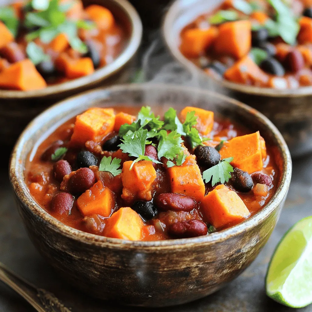 - 2 medium sweet potatoes, peeled and diced - 1 can (15 oz) black beans, rinsed and drained - 1 can (15 oz) kidney beans, rinsed and drained - 1 can (14.5 oz) diced tomatoes (with juices) - 1 cup vegetable broth - 1 medium onion, chopped - 3 cloves garlic, minced - 1 bell pepper (any color), chopped - 1 tablespoon chili powder - 1 teaspoon cumin - 1 teaspoon smoked paprika - 1/2 teaspoon cayenne pepper (adjust to taste) - Salt and pepper to taste - 1 tablespoon olive oil - Fresh cilantro, for garnish Sweet potatoes are the star here. They give a nice, sweet flavor. Their texture also adds heartiness to the dish. Beans provide protein and fiber, making the chili filling. The canned tomatoes add a juicy base, while the vegetable broth keeps everything moist. For spices, I use chili powder for heat and cumin for warmth. Smoked paprika adds depth. Cayenne pepper gives that extra kick, but you can lower it if you prefer a milder taste. Salt and pepper enhance all the flavors. - Fresh cilantro - Lime wedges - Avocado slices Now, let’s talk garnishes. Fresh cilantro adds a burst of flavor. Lime wedges give a zesty touch that brightens the chili. Sliced avocado brings creaminess and healthy fats. You can mix and match these garnishes to make your bowl even better. Check out the Full Recipe for all the steps to create this delightful Vegan Sweet Potato Chili. Enjoy cooking! Cooking the Aromatics To start, heat one tablespoon of olive oil in a large pot over medium heat. Add one chopped onion and one chopped bell pepper. Cook these for about five minutes until they soften. Next, stir in three minced garlic cloves. Cook for one more minute until you smell the garlic's nice aroma. This step builds the flavor base for your chili. Adding the Sweet Potatoes Now, peel and dice two medium sweet potatoes. Toss them into the pot with the onions and peppers. Stir well to mix everything. Cook for about five to seven minutes. This helps the sweet potatoes soak in the flavors. After that, sprinkle in one tablespoon of chili powder, one teaspoon of cumin, one teaspoon of smoked paprika, and half a teaspoon of cayenne pepper. Mix well so the sweet potatoes get coated with those spices. Simmering the Chili Pour in one can of diced tomatoes with their juices and one cup of vegetable broth. Bring the mixture to a boil over high heat. Once it starts boiling, lower the heat to low and cover the pot. Let it simmer for twenty to twenty-five minutes. This gives the sweet potatoes time to become tender and flavorful. Adding Beans and Finalizing the Dish After simmering, it’s time to add the protein. Stir in one can of black beans and one can of kidney beans, both rinsed and drained. Let this simmer uncovered for another ten minutes to heat everything through. Taste the chili and adjust the seasoning if needed. Now, your Vegan Sweet Potato Chili is ready to enjoy. Serve it hot, topped with fresh cilantro for a nice touch. For the full recipe, check out the details above. Adjusting Spice Levels You can change the heat level in your chili. If you like it spicier, add more cayenne pepper. Start with 1/2 teaspoon and taste as you cook. For milder chili, skip the cayenne or use less. You can also add a bit of sugar to balance the heat. Achieving the Right Texture To get a thick and hearty chili, let it simmer until the sweet potatoes are soft. This makes the chili creamy. If you want it thicker, mash some sweet potatoes in the pot. If it is too thick, add vegetable broth to loosen it. Pairing with Sides Serve your chili with cornbread or tortilla chips. They add a nice crunch. You can also pair it with a simple salad for freshness. A dollop of vegan sour cream on top adds creaminess and flavor. Meal Prep Suggestions This chili is great for meal prep. Make a big batch and store it in the fridge. It keeps well for up to a week. You can also freeze it in portions. Just thaw and reheat when you want a quick meal. This makes weeknight dinners easy and delicious. For the complete recipe, check out the Full Recipe. {{image_2}} Using Different Beans You can switch the beans in this chili. Black beans and kidney beans are classic choices. Try using pinto beans or chickpeas for a new flavor. Each type of bean has its own texture and taste. This can change the feel of the chili. Mix and match based on what you love or have on hand. Adding Vegetables or Grains Feel free to add more vegetables. Corn, zucchini, or carrots all work well. They add color and extra nutrients. You can also mix in grains like quinoa or brown rice. This makes your chili heartier and more filling. Adding grains boosts your fiber intake too. Gluten-Free Options This chili is naturally gluten-free. All the ingredients are safe for those avoiding gluten. Check your vegetable broth to ensure it’s gluten-free. This way, you can enjoy the chili without worry. Low-Calorie Variants To lower the calories, reduce the amount of olive oil. You can also cut back on the sweet potatoes. Use more vegetables instead. This keeps the chili tasty while making it lighter. You can enjoy a big bowl without feeling guilty. For the full recipe, check out the [Full Recipe](#). Refrigeration Tips After cooking your chili, let it cool down first. Then, store it in an airtight container. It will stay fresh in the fridge for up to 4 days. Make sure to label it with the date. This way, you’ll know when to eat it. Freezing Guidelines For longer storage, freeze your chili. Use freezer-safe containers or bags. Leave some space in the container, as the chili will expand when frozen. It can last up to 3 months in the freezer. When ready to eat, just thaw it in the fridge overnight. Best Methods for Reheating The best way to reheat chili is on the stove. Pour it into a pot over medium heat. Stir often until it is hot. You can also use a microwave. Put it in a microwave-safe bowl. Heat in 1-minute intervals, stirring in between, until warm. Safety Tips Always check the temperature before eating. It should be at least 165°F. If it has been in the fridge for a few days, give it a good sniff. If it smells off, don’t eat it. Safety first! How spicy is this chili? The spice level of this chili can change. It usually has a mild to medium spice. If you want more heat, add more cayenne pepper. You can also use fresh jalapeños for a kick. Can I make this chili ahead of time? Yes, you can make this chili ahead. It tastes even better the next day. Just store it in the fridge for up to five days. What are the health benefits of sweet potatoes? Sweet potatoes are great for health. They are high in fiber, vitamins, and minerals. They can help with digestion and keep your skin healthy. Their bright color means they are full of antioxidants, too. How many calories are in Vegan Sweet Potato Chili? One serving of this chili has about 300 calories. This can vary based on the specific ingredients you use. It is a filling, low-calorie meal. Can I use canned sweet potatoes? You can use canned sweet potatoes if you want. Just drain and rinse them before adding. They will cook faster, so reduce the simmer time. What can be used instead of kidney beans? If you want to swap kidney beans, use black beans or pinto beans instead. They will still give your chili a tasty and hearty texture. This blog post covers how to make Vegan Sweet Potato Chili. We explored key ingredients, like sweet potatoes, beans, and spices. I shared step-by-step cooking instructions and tips to boost flavor. You learned some fun variations and how to store or reheat leftovers. Vegan Sweet Potato Chili is easy, tasty, and great for meal prep. Experiment with your flavors and enjoy every bowl!