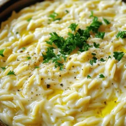 Orzo pasta is the star of this dish. It is a small, rice-shaped pasta. It cooks quickly and absorbs flavors well. This makes it perfect for creamy sauces. For the broth, I suggest using vegetable broth. It adds a rich taste without overpowering the dish. You can also use chicken broth if you prefer. Fresh garlic is key to this recipe. It gives a strong, aromatic flavor. You must mince the garlic finely to release its oils. Parmesan cheese brings creaminess and a salty kick. Grate it fresh for the best flavor. Pre-grated cheese can lose some of its taste. You can enhance the flavor by adding a few extras. Consider adding spinach or sun-dried tomatoes for color and nutrition. Cooked chicken or shrimp can also boost protein content. If you have dietary needs, there are good substitutes. Use gluten-free orzo for a gluten-free option. For a vegan version, swap heavy cream with coconut milk and Parmesan with nutritional yeast. Check the Full Recipe for more details on how to make this creamy garlic Parmesan orzo. First, gather all your ingredients. This makes cooking easier and more fun. You need: - 1 cup orzo pasta - 2 tablespoons olive oil - 4 cloves garlic, minced - 2 cups vegetable broth - 1 cup heavy cream - 1 cup grated Parmesan cheese - 1 teaspoon Italian seasoning - Salt and pepper to taste - 1/4 cup fresh parsley, chopped (for garnish) Measuring your ingredients accurately is key. This helps the dish turn out just right. Too much or too little of an ingredient can change the taste and texture. Start by heating the olive oil in a large saucepan over medium heat. Add minced garlic and sauté for about 1 minute. You want the garlic fragrant, not browned. Next, pour in the vegetable broth and bring it to a simmer. Once it's simmering, add the orzo pasta. Stir it well to combine. Cook the orzo for 8 to 10 minutes. Stir occasionally until the orzo is tender. Now, reduce the heat to low. Stir in the heavy cream and grated Parmesan cheese. Mix well until the cheese melts, making the dish creamy. Add the Italian seasoning, salt, and pepper to taste. Cook for an additional 2 to 3 minutes. Stir frequently until the dish is heated through. After cooking, remove it from heat. Let it rest for a couple of minutes so it can thicken. To make your dish look great, garnish it with fresh parsley. Just sprinkle it on top before serving. For serving suggestions, this orzo goes well with grilled chicken or roasted vegetables. You can also enjoy it as a main dish or a side. This creamy garlic Parmesan orzo is a treat for any meal. You can find the Full Recipe for more details. To get the right creaminess, start with the heavy cream. If you want it richer, add more cream. For a lighter dish, you can mix in some broth. Always stir well to combine. The orzo will absorb moisture, so adjust as you go. Best practices for cooking orzo include using a large pot. This helps prevent sticking. Stir the orzo often while it cooks. This keeps it from clumping together. Cook it until it's just tender, about 8-10 minutes. You want it al dente, not mushy. You can boost the flavor with spices. Try adding a pinch of red pepper flakes for heat. Fresh herbs like thyme or basil also work well. They add a fresh taste that brightens the dish. For a more filling meal, add protein. Cooked chicken or shrimp complements the dish nicely. You can also toss in vegetables like spinach or peas. They add color and nutrition, making the meal even better. When cooking orzo, avoid using too little water. This can lead to sticky pasta. Make sure to follow the water-to-orzo ratio closely. Another mistake is overcooking. This makes the orzo mushy and less enjoyable. Keep an eye on the cooking time. Stirring often helps prevent clumping. If you notice any sticking, add a splash of broth or olive oil. For more details, check the Full Recipe for Creamy Garlic Parmesan Orzo. {{image_2}} To make creamy garlic Parmesan orzo gluten-free, switch orzo for gluten-free pasta. You can find options made from rice or quinoa. These alternatives will keep the dish tasty and safe for those with gluten allergies. For a vegan twist, replace heavy cream with coconut milk or cashew cream. Use nutritional yeast instead of Parmesan. This option gives a cheesy flavor while keeping it plant-based. By making these swaps, you can enjoy the dish without dairy. Playing with cheese can change the whole dish. Try feta for a tangy touch or Gouda for a smoky flavor. Mixing different cheeses adds depth. You can also explore using blue cheese for a bold kick. Seasonal vegetables can enhance taste and nutrition. Think about adding spinach in the spring or roasted butternut squash in the fall. These veggies not only add color, but they also make the meal more filling. Get creative with how you serve this dish. You can bake it in a casserole dish to create a crispy top. This method makes it look fancy and perfect for dinner parties. You can also try serving it in individual bowls for a personal touch. Creamy garlic Parmesan orzo can be enjoyed hot or cold. Serve it warm as a side dish or let it cool for a pasta salad. Each way offers a unique taste experience. For the full recipe, check out the detailed instructions to make this dish perfect every time. To store leftover creamy garlic Parmesan orzo, let it cool first. Place it in an airtight container to keep it fresh. This dish stays good in the fridge for about 3 to 4 days. Make sure to label the container with the date to track its freshness. You can freeze creamy garlic Parmesan orzo for longer storage. Use a freezer-safe container. It’s best to freeze it without any extra cream added. This helps keep the texture and flavor intact. When you’re ready to eat it, thaw it overnight in the fridge. To reheat, you can use a microwave or stovetop. If using the microwave, heat in short bursts and stir often. For stovetop, add a splash of broth or cream when warming. This helps bring back the creaminess after storage. Enjoy your creamy garlic Parmesan orzo just like the first time! What can I substitute for heavy cream? If you need a substitute for heavy cream, try using half-and-half or whole milk mixed with butter. You can also use coconut cream for a dairy-free option. Each will change the dish’s flavor slightly, but they can still give a creamy texture. Can I make this dish ahead of time? Yes, you can make this dish ahead of time. Cook the orzo and mix in the sauce. Store it in the fridge. When you want to serve it, just reheat it on the stove. Add a bit of broth if it seems too thick. Why is my orzo mushy? Mushy orzo usually happens if you cook it too long. Keep an eye on the time and taste it as it cooks. Orzo should be al dente, which means it should have a slight bite when you chew it. How long does the dish last in the fridge? This dish lasts about 3 to 4 days in the fridge. Store it in an airtight container to keep it fresh. Can I use whole wheat orzo instead? Yes, you can use whole wheat orzo. It adds a nutty flavor and is a bit healthier. Just remember that it may take a little longer to cook. Is it necessary to use fresh garlic? Fresh garlic gives the best flavor. However, you can use garlic powder in a pinch. Just use less, as it is stronger than fresh garlic. This blog post covered how to make creamy garlic Parmesan orzo. We discussed essential ingredients like orzo, broth, garlic, and Parmesan. You learned steps for preparation, cooking, and garnishing. Tips for creaminess and avoiding mistakes were shared. Incorporating variations for diets or flavor adds fun. Proper storage is key to enjoying leftovers. Remember, with practice, you can master this dish and impress anyone at your table. Enjoy cooking!