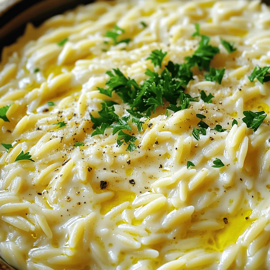 Orzo pasta is the star of this dish. It is a small, rice-shaped pasta. It cooks quickly and absorbs flavors well. This makes it perfect for creamy sauces. For the broth, I suggest using vegetable broth. It adds a rich taste without overpowering the dish. You can also use chicken broth if you prefer. Fresh garlic is key to this recipe. It gives a strong, aromatic flavor. You must mince the garlic finely to release its oils. Parmesan cheese brings creaminess and a salty kick. Grate it fresh for the best flavor. Pre-grated cheese can lose some of its taste. You can enhance the flavor by adding a few extras. Consider adding spinach or sun-dried tomatoes for color and nutrition. Cooked chicken or shrimp can also boost protein content. If you have dietary needs, there are good substitutes. Use gluten-free orzo for a gluten-free option. For a vegan version, swap heavy cream with coconut milk and Parmesan with nutritional yeast. Check the Full Recipe for more details on how to make this creamy garlic Parmesan orzo. First, gather all your ingredients. This makes cooking easier and more fun. You need: - 1 cup orzo pasta - 2 tablespoons olive oil - 4 cloves garlic, minced - 2 cups vegetable broth - 1 cup heavy cream - 1 cup grated Parmesan cheese - 1 teaspoon Italian seasoning - Salt and pepper to taste - 1/4 cup fresh parsley, chopped (for garnish) Measuring your ingredients accurately is key. This helps the dish turn out just right. Too much or too little of an ingredient can change the taste and texture. Start by heating the olive oil in a large saucepan over medium heat. Add minced garlic and sauté for about 1 minute. You want the garlic fragrant, not browned. Next, pour in the vegetable broth and bring it to a simmer. Once it's simmering, add the orzo pasta. Stir it well to combine. Cook the orzo for 8 to 10 minutes. Stir occasionally until the orzo is tender. Now, reduce the heat to low. Stir in the heavy cream and grated Parmesan cheese. Mix well until the cheese melts, making the dish creamy. Add the Italian seasoning, salt, and pepper to taste. Cook for an additional 2 to 3 minutes. Stir frequently until the dish is heated through. After cooking, remove it from heat. Let it rest for a couple of minutes so it can thicken. To make your dish look great, garnish it with fresh parsley. Just sprinkle it on top before serving. For serving suggestions, this orzo goes well with grilled chicken or roasted vegetables. You can also enjoy it as a main dish or a side. This creamy garlic Parmesan orzo is a treat for any meal. You can find the Full Recipe for more details. To get the right creaminess, start with the heavy cream. If you want it richer, add more cream. For a lighter dish, you can mix in some broth. Always stir well to combine. The orzo will absorb moisture, so adjust as you go. Best practices for cooking orzo include using a large pot. This helps prevent sticking. Stir the orzo often while it cooks. This keeps it from clumping together. Cook it until it's just tender, about 8-10 minutes. You want it al dente, not mushy. You can boost the flavor with spices. Try adding a pinch of red pepper flakes for heat. Fresh herbs like thyme or basil also work well. They add a fresh taste that brightens the dish. For a more filling meal, add protein. Cooked chicken or shrimp complements the dish nicely. You can also toss in vegetables like spinach or peas. They add color and nutrition, making the meal even better. When cooking orzo, avoid using too little water. This can lead to sticky pasta. Make sure to follow the water-to-orzo ratio closely. Another mistake is overcooking. This makes the orzo mushy and less enjoyable. Keep an eye on the cooking time. Stirring often helps prevent clumping. If you notice any sticking, add a splash of broth or olive oil. For more details, check the Full Recipe for Creamy Garlic Parmesan Orzo. {{image_2}} To make creamy garlic Parmesan orzo gluten-free, switch orzo for gluten-free pasta. You can find options made from rice or quinoa. These alternatives will keep the dish tasty and safe for those with gluten allergies. For a vegan twist, replace heavy cream with coconut milk or cashew cream. Use nutritional yeast instead of Parmesan. This option gives a cheesy flavor while keeping it plant-based. By making these swaps, you can enjoy the dish without dairy. Playing with cheese can change the whole dish. Try feta for a tangy touch or Gouda for a smoky flavor. Mixing different cheeses adds depth. You can also explore using blue cheese for a bold kick. Seasonal vegetables can enhance taste and nutrition. Think about adding spinach in the spring or roasted butternut squash in the fall. These veggies not only add color, but they also make the meal more filling. Get creative with how you serve this dish. You can bake it in a casserole dish to create a crispy top. This method makes it look fancy and perfect for dinner parties. You can also try serving it in individual bowls for a personal touch. Creamy garlic Parmesan orzo can be enjoyed hot or cold. Serve it warm as a side dish or let it cool for a pasta salad. Each way offers a unique taste experience. For the full recipe, check out the detailed instructions to make this dish perfect every time. To store leftover creamy garlic Parmesan orzo, let it cool first. Place it in an airtight container to keep it fresh. This dish stays good in the fridge for about 3 to 4 days. Make sure to label the container with the date to track its freshness. You can freeze creamy garlic Parmesan orzo for longer storage. Use a freezer-safe container. It’s best to freeze it without any extra cream added. This helps keep the texture and flavor intact. When you’re ready to eat it, thaw it overnight in the fridge. To reheat, you can use a microwave or stovetop. If using the microwave, heat in short bursts and stir often. For stovetop, add a splash of broth or cream when warming. This helps bring back the creaminess after storage. Enjoy your creamy garlic Parmesan orzo just like the first time! What can I substitute for heavy cream? If you need a substitute for heavy cream, try using half-and-half or whole milk mixed with butter. You can also use coconut cream for a dairy-free option. Each will change the dish’s flavor slightly, but they can still give a creamy texture. Can I make this dish ahead of time? Yes, you can make this dish ahead of time. Cook the orzo and mix in the sauce. Store it in the fridge. When you want to serve it, just reheat it on the stove. Add a bit of broth if it seems too thick. Why is my orzo mushy? Mushy orzo usually happens if you cook it too long. Keep an eye on the time and taste it as it cooks. Orzo should be al dente, which means it should have a slight bite when you chew it. How long does the dish last in the fridge? This dish lasts about 3 to 4 days in the fridge. Store it in an airtight container to keep it fresh. Can I use whole wheat orzo instead? Yes, you can use whole wheat orzo. It adds a nutty flavor and is a bit healthier. Just remember that it may take a little longer to cook. Is it necessary to use fresh garlic? Fresh garlic gives the best flavor. However, you can use garlic powder in a pinch. Just use less, as it is stronger than fresh garlic. This blog post covered how to make creamy garlic Parmesan orzo. We discussed essential ingredients like orzo, broth, garlic, and Parmesan. You learned steps for preparation, cooking, and garnishing. Tips for creaminess and avoiding mistakes were shared. Incorporating variations for diets or flavor adds fun. Proper storage is key to enjoying leftovers. Remember, with practice, you can master this dish and impress anyone at your table. Enjoy cooking!