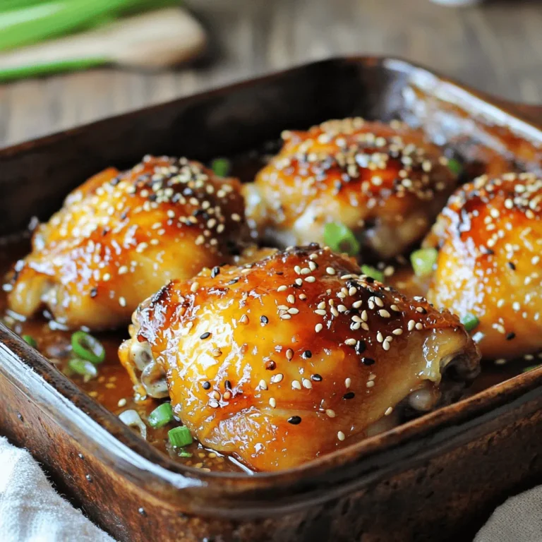 - 4 chicken thighs, bone-in and skin-on - 1/3 cup honey - 4 cloves garlic, minced - 2 tablespoons soy sauce (or tamari for gluten-free) - 1 tablespoon olive oil - 1 teaspoon fresh ginger, grated - Salt and pepper to taste - 1 tablespoon sesame seeds (for garnish) - 2 green onions, chopped (for garnish) When I make honey garlic chicken thighs, I always start with these key ingredients. The chicken thighs are juicy and flavorful. Bone-in and skin-on thighs give the best taste and texture. Honey adds a sweet touch. The garlic brings warmth, and soy sauce gives the dish depth. I also use olive oil to help the skin crisp up nicely. Fresh ginger adds a zing that pairs well with the honey. Don't forget salt and pepper; they help to enhance all the flavors. To finish, I like to sprinkle sesame seeds and chopped green onions on top. They add a nice crunch and color. This dish is simple, but the flavors pack a punch! For the complete recipe, check out the [Full Recipe]. First, grab a bowl. In it, whisk together these ingredients: - 1/3 cup honey - 4 cloves garlic, minced - 2 tablespoons soy sauce - 1 tablespoon olive oil - 1 teaspoon fresh ginger, grated - Salt and pepper to taste Make sure to mix well until smooth. Next, take your chicken thighs and coat them in the marinade. Place the chicken in a shallow dish. Cover it and let it marinate for at least 30 minutes. This step adds great flavor. Now, let’s get the oven ready. Preheat it to 400°F (200°C). After that, remove the chicken from the marinade. Place the thighs skin-side up in a baking dish. Bake for 25-30 minutes. You want the chicken to be cooked through and the skin crispy. While the chicken bakes, take the reserved marinade and pour it into a small saucepan. Bring it to a simmer over medium heat. Cook for about 5-7 minutes until it thickens slightly. Once the chicken is done, brush the thickened marinade over it. Return it to the oven for an extra 5-10 minutes. This will caramelize the glaze and make it shiny and tasty. Check out the Full Recipe for more details! To make the best marinade, adjust the honey and soy sauce to your taste. If you like it sweeter, add more honey. For a saltier flavor, increase the soy sauce. Let the chicken marinate for at least 30 minutes. For deeper flavor, you can marinate for up to 2 hours. This extra time allows the chicken to soak up all those tasty flavors. Getting crispy skin is easy if you use high heat. Preheat your oven to 400°F (200°C). Make sure to place the chicken thighs skin-side up in the baking dish. This helps the skin get nice and crispy while the chicken cooks. Avoid covering the chicken, as this will trap steam and keep the skin from crisping. Honey garlic chicken thighs pair well with steamed vegetables or rice. You can add a side salad for a fresh touch. For extra flair, offer garnishes like sesame seeds or chopped green onions. These add color and a nice crunch. You can also drizzle extra sauce over the chicken when serving. For the full recipe, please refer to [Full Recipe]. {{image_2}} If you want to make this dish gluten-free, just swap the soy sauce for tamari. Tamari tastes great and works well in this recipe. You can add some chili flakes to give your chicken a spicy kick. This small change can really make a big difference. For a fresh twist, try adding some citrus juice. Lemon or lime juice brightens up the dish and adds a nice tang. Grilling the chicken thighs gives them a smoky flavor that many people love. Just preheat your grill and cook the thighs until they are done. If you want a more tender option, a slow cooker works wonders. Cook the chicken on low for several hours, and it will be fall-apart good. For the full recipe, check out the Honey Garlic Chicken Thighs . Keep your honey garlic chicken thighs in an airtight container in the refrigerator. This will help keep them fresh and tasty. For the best flavor and quality, eat them within 3-4 days. After that, they may lose their delicious taste and texture. If you want to save some for later, freeze the cooked chicken in portions. This way, you can enjoy a quick meal anytime. When you’re ready to eat, just thaw the chicken overnight in the refrigerator. This slow thawing helps keep the meat juicy. To enjoy that crispy skin again, reheat the chicken in the oven. Set it to a low temperature to warm it through without drying it out. If you need a quicker option, you can use the microwave. However, be aware that this method may make the skin less crispy. You can serve Honey Garlic Chicken Thighs with several tasty sides. Here are some great ideas: - Steamed rice or jasmine rice - Roasted vegetables like broccoli or carrots - A fresh green salad with a light dressing - Mashed potatoes or sweet potatoes - Fried rice for a fun twist These sides add flavor and color to your meal. They also balance the sweet and savory notes of the chicken. You can prepare Honey Garlic Chicken Thighs in advance. Here’s how: - Mix the marinade and coat the chicken thighs. - Place the chicken in a dish and cover it. - Refrigerate for at least 30 minutes, or up to 2 hours for more flavor. You can also marinate the chicken overnight. Just remember to cook it within a day for the best taste. Yes, you can use boneless chicken thighs. The cooking time will change: - Boneless thighs cook faster than bone-in ones. - Bake for about 20-25 minutes at 400°F (200°C). The texture will also be different. Boneless thighs may be a bit juicier and easier to eat. Cooking frozen chicken thighs takes more time. Here’s what to do: - Preheat your oven to 400°F (200°C). - Place the frozen thighs in a baking dish. - Bake for 40-45 minutes, or until they reach 165°F (74°C). Always check the chicken for doneness. This ensures your meal is safe and tasty. If you want to speed up cooking, consider thawing in the fridge overnight first. For more details, check the Full Recipe. In this blog post, I shared a simple recipe for honey garlic chicken thighs. We covered key ingredients, step-by-step instructions, and useful tips for the best results. Remember, marinating adds flavor, and using high heat gives crispy skin. Feel free to explore variations and adjust to your taste. Proper storage helps maintain freshness, and reheating tips ensure a great meal every time. Enjoy making this dish for delicious family dinners or gatherings! Your kitchen can be a place for tasty creations.
