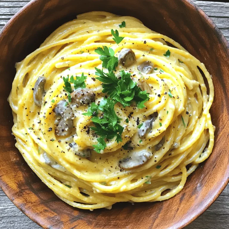 - 12 oz spaghetti - 1 cup raw cashews (soaked for 4 hours or more) - 2 cups vegetable broth - 1 tablespoon nutritional yeast - 2 tablespoons olive oil - 1 small onion, finely chopped - 2 garlic cloves, minced - 1 teaspoon smoked paprika - 1 teaspoon black salt (or regular salt) - 1 cup mushrooms, diced (preferably shiitake or cremini) - Black pepper to taste - ¼ cup fresh parsley, chopped (for garnish) - Salt for boiling pasta - Reserved pasta water for sauce consistency Spaghetti Carbonara is simple and fun to make. You need a few key items to get started. First, grab your spaghetti. This is the base of your dish. Next, soak your cashews. They become creamy when blended. You’ll also need vegetable broth and nutritional yeast. These add flavor and richness. In the flavor section, olive oil is a must. It helps sauté the onions and garlic. You also need a small onion, garlic cloves, and smoked paprika for warmth. Black salt gives a unique taste. Mushrooms are great in this dish. Use shiitake or cremini for the best flavor. Finally, don’t forget black pepper and fresh parsley for garnish. You’ll also need salt for boiling the pasta and some reserved pasta water. This helps adjust your sauce's thickness later. Now that you have all your ingredients, you're ready to create a delicious meal! For the full recipe, check out the details above. - Boil water and add salt. - Cook spaghetti until al dente and reserve some pasta water. - Blend soaked cashews, vegetable broth, and seasonings until smooth. - If needed, adjust thickness with the reserved pasta water. - Heat olive oil in a skillet over medium heat. - Sauté onion and garlic until they are translucent. - Add mushrooms and cook until they are browned. - Add the cashew cream to the skillet with the sautéed veggies. - Stir in the cooked spaghetti and mix thoroughly. This simple process creates a creamy vegan spaghetti carbonara that is full of flavor. You can find the full recipe at the beginning of this article. Enjoy making this dish! To make a creamy sauce, start with the right amount of liquid. If the sauce is too thick, add a bit of the reserved pasta water. This water is starchy and helps the sauce cling to the pasta. Always save some pasta water before draining your spaghetti. This quick step can save your dish. Spice up your carbonara by adding chili flakes for heat. You can also try fresh herbs like basil for a twist. For a deeper flavor, use shiitake or cremini mushrooms. These mushrooms add richness to the dish. Their earthy taste complements the sauce perfectly. Garnish your carbonara with fresh herbs like parsley. This adds color and freshness. You can also sprinkle extra nutritional yeast for a cheesy flavor. Pair your carbonara with a simple side salad or some vegan bread. These sides balance the meal and add crunch. For more taste, serve with a light vinaigrette salad. For the complete cooking guide, check the Full Recipe. {{image_2}} You can make spaghetti carbonara with plant-based bacon or pancetta. This swap keeps the dish tasty while ensuring it stays plant-based. You can also add lentils for extra protein. Lentils are rich in flavor and nutrients, making them perfect for a hearty meal. If you want to change things up, you can use other pasta types. Fettuccine or penne works well instead of spaghetti. There are also gluten-free pasta options. These alternatives let everyone enjoy this dish without worry. You can easily adjust the recipe for dietary needs. If you want a nut-free option, replace cashews with silken tofu or sunflower seeds. For those on low-carb diets, use zucchini noodles or spaghetti squash. These swaps keep the dish delicious and safe for all diets. To keep your spaghetti carbonara fresh, store it right. Place leftovers in an airtight container. This helps maintain flavor and texture. Refrigerate within two hours of cooking. For best results, eat leftovers within three days. When reheating, avoid the microwave if you can. Instead, use a skillet. Heat it gently on low. Add a splash of water or broth to keep it creamy. You can also stir in a little olive oil. This brings back moisture and flavor. Freezing carbonara is easy, but do it properly. Let it cool before placing it in a freezer-safe container. Use a vacuum sealer if you have one. This helps prevent freezer burn. To thaw, move the container to the fridge overnight. Reheat in a skillet as mentioned above. Spaghetti carbonara can last about 3 to 4 days in the fridge. Store it in an airtight container. This keeps it fresh and tasty for you. Yes, you can prepare spaghetti carbonara in advance. Cook the pasta and make the sauce separately. Mix them together just before serving. This keeps everything fresh. If you need a nut-free version, try sunflower seeds or hemp seeds. You can also use silken tofu for a creamy texture. Blend it with vegetable broth for flavor. This recipe is vegan-friendly. It uses cashews instead of dairy. The dish stays creamy and delicious without any animal products. You can enjoy this meal and stick to a vegan diet! Spaghetti carbonara can be both delicious and easy to make. You need simple ingredients like spaghetti, cashews, and mushrooms. Follow the steps to blend a creamy sauce that packs flavor. Remember to save pasta water for the right texture. You can adjust the recipe to fit your tastes. Add plant-based meats or switch up pasta types. Storing leftovers is easy, and reheating them keeps them creamy. Try this recipe for a delightful treat anytime!